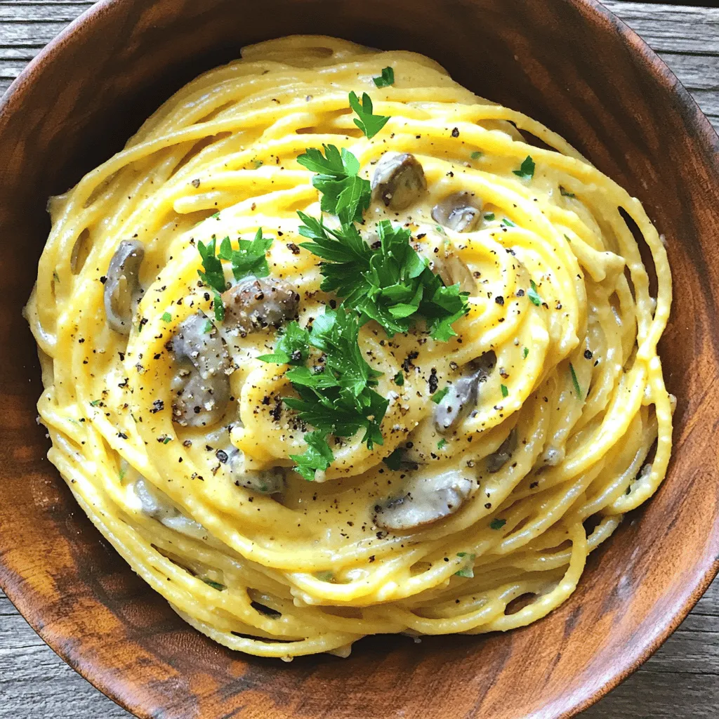 - 12 oz spaghetti - 1 cup raw cashews (soaked for 4 hours or more) - 2 cups vegetable broth - 1 tablespoon nutritional yeast - 2 tablespoons olive oil - 1 small onion, finely chopped - 2 garlic cloves, minced - 1 teaspoon smoked paprika - 1 teaspoon black salt (or regular salt) - 1 cup mushrooms, diced (preferably shiitake or cremini) - Black pepper to taste - ¼ cup fresh parsley, chopped (for garnish) - Salt for boiling pasta - Reserved pasta water for sauce consistency Spaghetti Carbonara is simple and fun to make. You need a few key items to get started. First, grab your spaghetti. This is the base of your dish. Next, soak your cashews. They become creamy when blended. You’ll also need vegetable broth and nutritional yeast. These add flavor and richness. In the flavor section, olive oil is a must. It helps sauté the onions and garlic. You also need a small onion, garlic cloves, and smoked paprika for warmth. Black salt gives a unique taste. Mushrooms are great in this dish. Use shiitake or cremini for the best flavor. Finally, don’t forget black pepper and fresh parsley for garnish. You’ll also need salt for boiling the pasta and some reserved pasta water. This helps adjust your sauce's thickness later. Now that you have all your ingredients, you're ready to create a delicious meal! For the full recipe, check out the details above. - Boil water and add salt. - Cook spaghetti until al dente and reserve some pasta water. - Blend soaked cashews, vegetable broth, and seasonings until smooth. - If needed, adjust thickness with the reserved pasta water. - Heat olive oil in a skillet over medium heat. - Sauté onion and garlic until they are translucent. - Add mushrooms and cook until they are browned. - Add the cashew cream to the skillet with the sautéed veggies. - Stir in the cooked spaghetti and mix thoroughly. This simple process creates a creamy vegan spaghetti carbonara that is full of flavor. You can find the full recipe at the beginning of this article. Enjoy making this dish! To make a creamy sauce, start with the right amount of liquid. If the sauce is too thick, add a bit of the reserved pasta water. This water is starchy and helps the sauce cling to the pasta. Always save some pasta water before draining your spaghetti. This quick step can save your dish. Spice up your carbonara by adding chili flakes for heat. You can also try fresh herbs like basil for a twist. For a deeper flavor, use shiitake or cremini mushrooms. These mushrooms add richness to the dish. Their earthy taste complements the sauce perfectly. Garnish your carbonara with fresh herbs like parsley. This adds color and freshness. You can also sprinkle extra nutritional yeast for a cheesy flavor. Pair your carbonara with a simple side salad or some vegan bread. These sides balance the meal and add crunch. For more taste, serve with a light vinaigrette salad. For the complete cooking guide, check the Full Recipe. {{image_2}} You can make spaghetti carbonara with plant-based bacon or pancetta. This swap keeps the dish tasty while ensuring it stays plant-based. You can also add lentils for extra protein. Lentils are rich in flavor and nutrients, making them perfect for a hearty meal. If you want to change things up, you can use other pasta types. Fettuccine or penne works well instead of spaghetti. There are also gluten-free pasta options. These alternatives let everyone enjoy this dish without worry. You can easily adjust the recipe for dietary needs. If you want a nut-free option, replace cashews with silken tofu or sunflower seeds. For those on low-carb diets, use zucchini noodles or spaghetti squash. These swaps keep the dish delicious and safe for all diets. To keep your spaghetti carbonara fresh, store it right. Place leftovers in an airtight container. This helps maintain flavor and texture. Refrigerate within two hours of cooking. For best results, eat leftovers within three days. When reheating, avoid the microwave if you can. Instead, use a skillet. Heat it gently on low. Add a splash of water or broth to keep it creamy. You can also stir in a little olive oil. This brings back moisture and flavor. Freezing carbonara is easy, but do it properly. Let it cool before placing it in a freezer-safe container. Use a vacuum sealer if you have one. This helps prevent freezer burn. To thaw, move the container to the fridge overnight. Reheat in a skillet as mentioned above. Spaghetti carbonara can last about 3 to 4 days in the fridge. Store it in an airtight container. This keeps it fresh and tasty for you. Yes, you can prepare spaghetti carbonara in advance. Cook the pasta and make the sauce separately. Mix them together just before serving. This keeps everything fresh. If you need a nut-free version, try sunflower seeds or hemp seeds. You can also use silken tofu for a creamy texture. Blend it with vegetable broth for flavor. This recipe is vegan-friendly. It uses cashews instead of dairy. The dish stays creamy and delicious without any animal products. You can enjoy this meal and stick to a vegan diet! Spaghetti carbonara can be both delicious and easy to make. You need simple ingredients like spaghetti, cashews, and mushrooms. Follow the steps to blend a creamy sauce that packs flavor. Remember to save pasta water for the right texture. You can adjust the recipe to fit your tastes. Add plant-based meats or switch up pasta types. Storing leftovers is easy, and reheating them keeps them creamy. Try this recipe for a delightful treat anytime!
