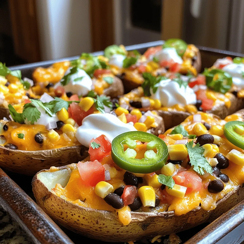 - 4 large russet potatoes - 1 cup shredded cheddar cheese - 1 cup black beans, drained and rinsed - 1/2 cup corn kernels (fresh or frozen) - 1/2 cup diced tomatoes - 1/4 cup sliced jalapeños (fresh or pickled) - 1/2 cup sour cream - 1/4 cup chopped green onions - Olive oil, garlic powder, chili powder, salt, and pepper When I make loaded nacho potato skins, I always choose large russet potatoes. They have a sturdy texture that holds up well. I bake them until they are just right. For extra flavor, I use sharp cheddar cheese; it melts nicely and adds a rich taste. Black beans offer great protein and a hearty feel. I also love adding corn. It gives a nice sweetness and crunch. Diced tomatoes add freshness and a splash of color. If you like heat, jalapeños are a must. You can use fresh ones or pickled for a tangy twist. For seasonings, I stick with simple ingredients. I use garlic powder and chili powder to boost flavor. Salt and pepper enhance all the tastes. The sour cream is a great topping. It adds creaminess and cools down the spice. Chopped green onions give a fresh finish. This recipe is all about balance. The creamy cheese, crunchy potatoes, and zesty toppings come together in a wonderful way. You can find the full recipe for loaded nacho potato skins to guide you through each step. - Step 1: Preheat the oven to 400°F (200°C). This helps to get the potatoes cooking right away. - Step 2: Wash and scrub the russet potatoes thoroughly. Remove any dirt, and dry them with a clean towel. - Step 3: Bake the potatoes until tender. This usually takes about 45-60 minutes. You can poke them with a fork to check. - Step 4: Cut and scoop the potatoes. After they cool, cut each potato in half lengthwise. Leave about 1/4 inch of potato inside. - Step 5: Bake the skins and add fillings. Brush the insides with olive oil, and season with garlic powder and chili powder. Bake the skins for 10-15 minutes until they are crispy. - Step 6: Top and serve your loaded nacho potato skins. Fill each skin with black beans, corn, diced tomatoes, cheese, and jalapeños. Bake again until the cheese melts. Enjoy making this delicious dish! You can find the Full Recipe above for more detailed steps and tips. To get crispy potato skins, choose large russet potatoes. They have thick skin that crisps well. Start by washing the potatoes and drying them. Prick each potato with a fork to stop them from bursting. Coat them with olive oil and sprinkle salt on top. Bake at 400°F for 45-60 minutes until tender. After baking, scoop out some flesh, leaving about a quarter inch inside. This helps them stay firm. For added flavor, consider spices like cumin and paprika. You can also mix in some minced garlic. Fresh herbs like cilantro or parsley can brighten the dish. When it comes to toppings, homemade options are best. Make your own sauces for freshness. But store-bought toppings can save time and still taste great. Just ensure they complement the dish. Prep time can be cut down by washing and poking the potatoes in advance. You can bake them ahead and store them in the fridge. When ready to serve, just add toppings and reheat. This makes assembly quick and easy. You can also make the toppings ahead of time. Just store them in airtight containers. This way, you have everything ready for a fun gathering. For more tips, check the Full Recipe for Loaded Nacho Potato Skins. {{image_2}} You can make loaded nacho potato skins your own. For a vegetarian twist, skip the meat. Load them up with extra beans or veggies. If you want a vegan version, use dairy-free cheese and sour cream. You can also add proteins like grilled chicken or beef for heartier skins. This adds flavor and makes them more filling. Cheese makes these potato skins rich and delicious. You can swap cheddar for other cheeses like Monterey Jack or pepper jack. Mixing cheese types can create a fun flavor. Try combining mozzarella for stretchiness and gorgonzola for a sharp bite. This mix can surprise your taste buds and keep things interesting. Pair your loaded nacho potato skins with tasty dips like guacamole or salsa. These enhance the flavors of the meal. For side dishes, consider a fresh salad or crunchy coleslaw. They add a nice contrast. To drink, enjoy a cold beer or sparkling water. These beverages balance the rich flavors of the skins. For the full recipe, check out the details. To keep your loaded nacho potato skins fresh, use an airtight container. Store them in the fridge. This helps prevent them from drying out. For best results, eat them within three days. To keep your potato skins crispy, place a paper towel at the bottom of the container. This will absorb any moisture and keep them crunchy. Reheat your potato skins in the oven for the best texture. Preheat your oven to 350°F (175°C). Place the potato skins on a baking sheet and heat for about 10-15 minutes. This will help them regain their crispiness. You can also use an air fryer for quick reheating. Set it to 350°F (175°C) and heat for 5-7 minutes. If you want to freeze them, wrap each skin in plastic wrap, then place them in a freezer bag. They can last up to three months in the freezer. Leftovers can last in the fridge for about three days. If they smell off or look dry, it’s best to toss them. Signs your leftovers are no longer good include a change in color or a slimy texture. Always trust your senses; if it seems wrong, don’t eat it. For the freshest taste, try to eat your loaded nacho potato skins soon after making them. For the full recipe, check out the section above. One common issue is soggy skins. To avoid this, make sure to bake the potato skins until they are crispy. After baking, let them cool slightly before adding toppings. This helps keep them firm. Another problem is uneven cooking. To ensure even cooking, use potatoes that are similar in size. Pricking the potatoes before baking also helps them cook evenly. Yes, you can prep them in advance. Bake the potatoes and scoop them out. Cover the skins and store them in the fridge. This makes assembly quick and easy. For storage, place the skins in an airtight container. You can store them in the fridge for up to two days. Just remember to bake them before serving. Get creative with your toppings! Try using pulled pork or grilled chicken for a protein boost. You can also add guacamole or pico de gallo for a fresh taste. If you want healthier options, consider using Greek yogurt instead of sour cream. You can also add more veggies like bell peppers or olives for extra crunch. Loaded nacho potato skins are an easy and fun dish. They combine simple ingredients like potatoes, cheese, and beans. Following our steps, you can bake them to perfection. Customize with your favorite toppings and spices for extra flavor. Remember, storing leftovers properly ensures they stay delicious. With these tips, you’ll impress your friends and family. Enjoy making this tasty snack, and make it your own with unique twists!