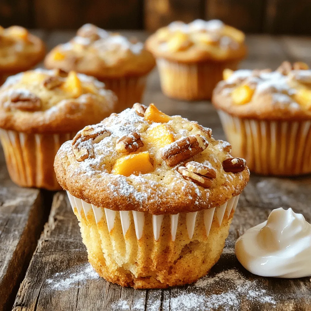 To make the best peach yogurt muffins, you need these key ingredients: - 1 cup all-purpose flour - 1 teaspoon baking powder - 1/2 teaspoon baking soda - 1/4 teaspoon salt - 1/2 teaspoon ground cinnamon - 1/4 cup brown sugar - 1/2 cup plain yogurt (Greek or regular) - 1/4 cup vegetable oil - 1 large egg - 1 teaspoon vanilla extract - 1 cup fresh peaches, peeled and diced These ingredients work together to create a moist and flavorful muffin. The yogurt adds creaminess, while the peaches bring sweetness. You can customize your muffins by adding these optional ingredients: - 1/4 cup chopped pecans - 1/4 cup raisins or dried cranberries - 1/2 teaspoon nutmeg for extra spice Adding pecans gives a nice crunch. Dried fruits add chewiness and natural sugar. For the best peach yogurt muffins, I suggest using: - High-quality vanilla extract for richer flavor - Fresh, ripe peaches for natural sweetness - Organic flour for a finer texture Using these products ensures your muffins taste amazing. You can find the full recipe to guide you through the steps. Enjoy your baking! First, gather your ingredients. Make sure you have everything ready. Preheat your oven to 350°F (175°C). This step is key for even baking. Line your muffin tin with paper liners or grease it to prevent sticking. In a medium bowl, whisk together the dry ingredients. Combine 1 cup of all-purpose flour, 1 teaspoon of baking powder, 1/2 teaspoon of baking soda, and 1/4 teaspoon of salt. Add 1/2 teaspoon of ground cinnamon and 1/4 cup of brown sugar. Mix until everything is well blended. This helps the muffins rise and taste great. In a separate large bowl, mix the wet ingredients. Use 1/2 cup of plain yogurt, either Greek or regular. Add 1/4 cup of vegetable oil, 1 large egg, and 1 teaspoon of vanilla extract. Stir these together until smooth. This mixture gives the muffins moisture and flavor. Now it’s time to add the peaches. Peel and dice 1 cup of fresh peaches. Gently fold the diced peaches into the wet mixture. If you want, add 1/4 cup of chopped pecans for a nice crunch. Be careful not to overmix; you want to keep the peaches whole. Spoon the muffin batter into the prepared muffin tin. Fill each cup about 2/3 full. Bake in your preheated oven for 18-20 minutes. Check if they are done by inserting a toothpick into the center. If it comes out clean, they are ready. Let the muffins cool in the pan for 5 minutes. Then, transfer them to a wire rack to cool completely. Enjoy your delicious peach yogurt muffins fresh from the oven! Don’t forget to check out the Full Recipe for more details. When making Peach Yogurt Muffins, you want a fluffy texture. Overmixing makes muffins dense. Mix the wet and dry ingredients until just combined. You may see some flour bits. That’s okay! Gently fold in your peaches. This method keeps muffins light and airy. Peeled peaches add great flavor to your muffins. To peel easily, use ripe peaches. Start by boiling water in a pot. Dip the peaches in boiling water for about 30 seconds. Then, put them in ice water. The skins will slip right off! Slice the peaches, and chop them into small pieces for the best texture. Serve these muffins warm for the best taste. Add a sprinkle of powdered sugar on top for a sweet touch. A dollop of yogurt next to the muffin makes it even better. You can also pair them with sliced peaches. This makes a great snack or breakfast treat. Enjoy them with a cup of tea or coffee for a cozy moment. For the Full Recipe, check out the earlier section. {{image_2}} You can swap peaches for other fruits. Apples, blueberries, or strawberries work well. Each fruit gives a new taste. For example, blueberries add sweetness. Apples add a nice crunch. Feel free to experiment with what you love. Just keep the same amount of fruit. This keeps your muffins moist and tasty. If you need gluten-free muffins, try almond or coconut flour. These flours change the texture. Almond flour gives a nutty flavor. Coconut flour absorbs more moisture. Use less coconut flour than regular flour. Start with 1/3 cup and add more if needed. You can also use a gluten-free flour blend. This helps keep the taste similar to the original recipe. To make these muffins vegan, replace the egg with a flax egg. Mix one tablespoon of flaxseed meal with three tablespoons of water. Let it sit for five minutes to thicken. Use plant-based yogurt instead of regular yogurt. This keeps the muffins moist. You can also use coconut oil instead of vegetable oil. These swaps keep the muffins delicious and friendly for everyone. For the full recipe, check the section above. To keep your peach yogurt muffins fresh, store them in an airtight container. Line the container with paper towels to absorb moisture. Place the muffins in a single layer. If you need to stack them, add more paper towels between layers. This keeps them soft and prevents sogginess. When stored correctly, these muffins last up to five days at room temperature. If you want them to last longer, you can refrigerate them for about a week. For even more freshness, consider freezing them. To enjoy your muffins warm, preheat your oven to 350°F (175°C). Place the muffins on a baking sheet and heat for about 5-10 minutes. You can also use a microwave. Heat each muffin for about 15 to 20 seconds. This makes them soft and delicious again. Yes, you can use canned peaches. Just make sure to drain them well. Fresh peaches add a nice texture and flavor, but canned ones work in a pinch. They may make the muffins a bit softer. If you don't have yogurt, you can use sour cream or buttermilk. Both give a similar texture and tang. You can also use plant-based yogurt for a dairy-free option. To check if the muffins are done, insert a toothpick into the center. If it comes out clean, the muffins are ready. They should also be golden brown on top and spring back when touched. Yes, you can freeze peach yogurt muffins. Allow them to cool completely, then wrap them tightly in plastic wrap. Place them in a freezer bag for up to three months. Thaw them at room temperature when ready to eat. For more details on making these delicious muffins, check the Full Recipe. In this post, we covered key ingredients and steps to make delicious peach yogurt muffins. I shared tips to avoid overmixing, how to peel peaches, and great serving ideas. You also learned about variations, storage, and frequently asked questions. Now, you’re ready to bake your own tasty muffins. Enjoy experimenting with flavors and sharing them with friends. Happy baking!