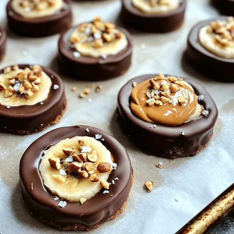 To make Chocolate Peanut Butter Banana Bites, gather these simple ingredients: - Ripe bananas - Creamy peanut butter - Dark chocolate chips - Coconut oil - Sea salt - Optional toppings Each ingredient plays a role in the flavor and texture of the bites. Ripe bananas are sweet and soft, making them perfect for this snack. Creamy peanut butter adds richness and protein. Dark chocolate chips give a sweet and slightly bitter taste that pairs well with the other flavors. Coconut oil helps to smooth the chocolate. A sprinkle of sea salt boosts the overall taste. You can get creative with optional toppings, like chopped nuts or crushed graham crackers, to add extra crunch. For the full recipe, check the details above. Start by peeling the ripe bananas. I like to use bananas that are yellow with a few brown spots. Next, slice them into 1/2-inch thick rounds. The slices should be thick enough to hold the toppings but not too thick to freeze well. Set these banana slices aside while you prepare the chocolate. Now, grab a microwave-safe bowl and add the dark chocolate chips and coconut oil. The coconut oil helps the chocolate melt smoothly. Heat the bowl in the microwave for 30 seconds. After this, take it out and stir. Repeat this process until the chocolate is melted and smooth. It usually takes about 1 to 2 minutes total. Once the chocolate is ready, take a fork. Dip each banana slice into the melted chocolate. Make sure to coat each slice fully. Let any excess chocolate drip off before placing them on a lined baking sheet. After all the slices are coated, add a dollop of creamy peanut butter on top of each one. If you want a crunch, sprinkle chopped nuts or crushed graham crackers on top. After assembling, sprinkle a tiny pinch of sea salt on each bite. This adds a nice flavor contrast. Place the baking sheet in the freezer for about 30 minutes. This helps the chocolate set and makes the bites firm. After they are frozen, you can serve them right away. If you want to save some for later, store them in an airtight container in the freezer. Enjoy this easy snack treat! For the full recipe, check out the detailed instructions above. To make the best Chocolate Peanut Butter Banana Bites, pick ripe bananas. Look for bright yellow skin with small brown spots. These spots show they are sweet and ready. Avoid bananas that are mostly green. They will not taste as good. Ripe bananas are soft and easy to slice. They also blend well with chocolate and peanut butter. Melting chocolate is simple, but it needs care. Use a microwave or a double boiler. If using a microwave, heat in 30-second bursts. Stir after each burst. This helps the chocolate melt evenly. If it gets too hot, it will burn. When melting with a double boiler, fill the bottom pot with water. Heat it on low and place chocolate in the top pot. Stir until smooth. Adding coconut oil helps the chocolate stay shiny and pourable. Toppings can make your bites even better. You can add chopped nuts for crunch. Almonds, walnuts, or peanuts work well. Crushed graham crackers also add a nice texture. For a sweet touch, try adding shredded coconut. A tiny sprinkle of sea salt on top balances the sweetness. This makes each bite pop with flavor. You can get creative with your toppings. Mix and match to find your favorite combo. {{image_2}} You can change up the nut butter in this recipe. Almond butter works well and adds a nice twist. Cashew butter is also creamy and tasty. If you like sunflower seeds, try sunflower seed butter. Each will give your bites a different flavor. The type of chocolate can change the taste too. You can use milk chocolate for a sweeter treat. If you like dark chocolate, stick with that for a rich taste. White chocolate is another option if you want something creamy and sweet. Each chocolate type will give a unique flavor to your bites. There are many ways to boost the flavor of your bites. You can add a sprinkle of cinnamon for warmth. A dash of vanilla extract in the chocolate can add depth. Try using crushed pretzels for a salty crunch. You can also mix in some dried fruit for a sweet touch. These simple swaps can make your bites exciting and fun! To keep your chocolate peanut butter banana bites fresh, store them in an airtight container. You can also use freezer bags. Just make sure to remove as much air as possible. Layer the bites with parchment paper to prevent sticking. This way, you can grab one or two easily later. These tasty treats can last in the freezer for up to three months. After that, they may lose their nice texture or flavor. If you plan to eat them sooner, they are best enjoyed within a month. Write the date on the container to track how long they’ve been stored. When you want to enjoy your banana bites, take them out of the freezer. Let them sit at room temperature for about 5 to 10 minutes. This helps the chocolate soften a bit. You can also heat them in the microwave for a few seconds if you prefer a warm treat. They taste great chilled or at room temperature! Yes, you can use frozen bananas. Frozen bananas work great in this recipe. They are soft and sweet. Just make sure to let them thaw a bit. This way, they will be easier to slice and dip in chocolate. You can make these bites healthier by making a few simple swaps. Use dark chocolate with a higher cocoa content. This gives more antioxidants. You can also reduce the peanut butter amount or use natural nut butter. Adding nuts or seeds boosts the fiber and protein too. These bites are packed with nutrients. Bananas provide potassium and fiber. Peanut butter gives healthy fats and protein. Dark chocolate adds antioxidants, which are good for your heart. Together, these ingredients make a tasty treat that can fuel your day. Yes, you can make these ahead of time. They freeze well for up to a month. Just store them in an airtight container. When you're ready to enjoy, take them out and let them sit for a few minutes. Enjoy them cold or at room temperature! For the full recipe, check out the Chocolate Peanut Butter Banana Bites! You learned how to make tasty bites with simple ingredients. Ripe bananas, peanut butter, and dark chocolate create a perfect treat. We discussed tips for choosing the best ingredients and ways to melt chocolate smoothly. You can also customize these bites with different nut butters or toppings. Remember to store them well for freshness. Enjoy making and sharing these delicious snacks!