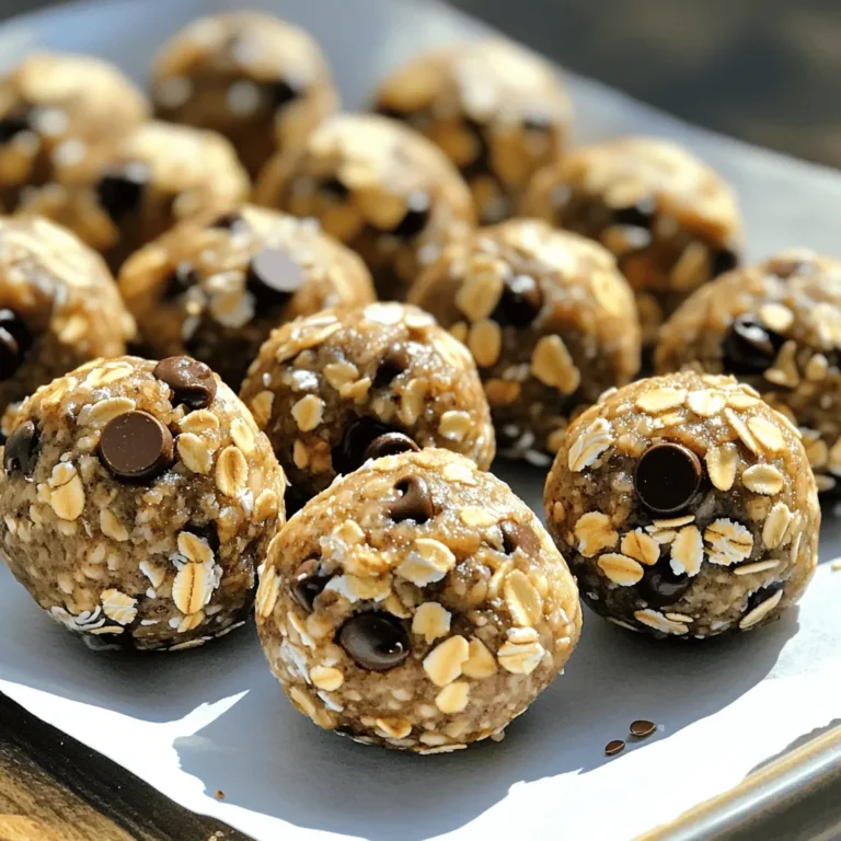 To make No Bake Cookie Dough Energy Balls, gather these simple ingredients: - 1 cup rolled oats - 1/2 cup almond butter (or peanut butter) - 1/4 cup honey or maple syrup - 1/2 cup chocolate chips (semi-sweet or dark) - 1/4 cup ground flaxseed - 1 teaspoon vanilla extract - Pinch of salt These ingredients work together to create a tasty, healthy snack. You can swap out some ingredients for different flavors or diets. Here are a few options: - Use sunflower seed butter instead of almond or peanut butter for a nut-free version. - Try agave syrup in place of honey or maple syrup for a vegan option. - If you want more protein, add chia seeds instead of or with flaxseed. - Use dried fruit like raisins or cranberries instead of chocolate chips for a fruity twist. These swaps keep the energy balls delicious while meeting your needs. These energy balls are not only tasty but also nutritious. Each ball contains: - Rolled oats provide fiber and energy. - Almond butter adds healthy fats and protein. - Honey or maple syrup gives natural sweetness. - Chocolate chips offer a little indulgence, while flaxseed boosts omega-3s. Each energy ball is around 100 calories. They make a great snack or a quick breakfast option. Enjoy the balance of flavors and nutrients in every bite! Making no bake cookie dough energy balls is simple. You only need a few bowls and a spatula. Gather all your ingredients first. This helps streamline the process. You’ll save time and avoid messes. Start by mixing the dry ingredients. In a large bowl, combine: - 1 cup rolled oats - 1/4 cup ground flaxseed - A pinch of salt Stir them well until they blend together. Next, in another bowl, mix the wet ingredients. Combine: - 1/2 cup almond butter (or peanut butter) - 1/4 cup honey or maple syrup Stir until smooth. This step is key for a good texture. Now, pour the wet mixture into the dry bowl. Add: - 1 teaspoon vanilla extract - 1/2 cup chocolate chips Mix everything together with a spatula or your hands. The dough should feel sticky and hold together well. Once your dough is mixed, it’s time to shape the energy balls. Use your hands to scoop out small portions. Roll them into balls about 1 inch wide. You should get around 12 to 15 of them. Place the balls on a parchment-lined baking sheet or plate. This keeps them from sticking. After shaping, refrigerate the balls for at least 30 minutes. This helps them firm up. Enjoy your no bake cookie dough energy balls as a tasty snack or workout boost! For the complete recipe, check the Full Recipe. To get the best texture, start with fresh ingredients. Old oats or nut butter can make the balls dry. Mix the dry and wet ingredients well. This helps the oats soak in the flavors. If the mix feels too dry, add a little more honey or nut butter. If it’s too wet, add more oats. The perfect mix should be sticky but easy to roll into balls. One common mistake is not measuring ingredients correctly. Too much nut butter can make the balls too rich. Too little will leave them dry. Another mistake is not letting them chill long enough. The energy balls need time to firm up in the fridge. Skipping this step can make them fall apart. Always use a parchment-lined sheet for easy removal, too. You can eat these energy balls as a quick snack. They are great after a workout or as a tasty treat. Try adding them to your breakfast or lunchbox. You can also keep them in the fridge for a quick bite. If you like, dip them in yogurt for a fun twist. For the full recipe, check out the complete guide. {{image_2}} You can change the flavor of your energy balls easily. Try using different nut butters. Almond, cashew, or sunflower seed butter all work well. You can also swap out chocolate chips for dried fruit, like cranberries or raisins. For a fun twist, add a pinch of cinnamon or cocoa powder. This can give your energy balls a unique taste. Mix and match until you find your favorite combo. Making these energy balls fit your diet is simple. To make them vegan, just replace honey with maple syrup. This keeps the sweetness while staying plant-based. For gluten-free options, ensure your oats are certified gluten-free. This small change keeps them safe for those with gluten sensitivities. Boost the nutrition of your energy balls by adding seeds or nuts. Chia seeds or pumpkin seeds add healthy fats and fiber. You can also try adding protein powder for an extra protein kick. This is great for after workouts or busy days. Mix in nut pieces or coconut flakes for more texture and flavor. These add-ins help make your energy balls even better! For the full recipe, check out the details above. To keep your no bake cookie dough energy balls fresh, place them in an airtight container. I prefer using glass jars or plastic containers with tight lids. Make sure to layer parchment paper between the balls to prevent them from sticking together. Store them in the refrigerator, where they will stay tasty for about a week. If you want to save some for later, freezing is a great option. First, let the energy balls chill in the fridge for about 30 minutes. Once firm, transfer them to a freezer-safe bag. Label the bag with the date, so you know when you made them. You can freeze them for up to three months. When you're ready to enjoy, just thaw them in the fridge overnight. These energy balls can last up to a week in the fridge. However, freezing extends their life significantly. To keep their flavor, avoid leaving them out at room temperature for too long. If you notice any signs of spoilage, like an off smell or change in texture, it's best to discard them. Enjoy your no bake cookie dough energy balls fresh for the best taste! Yes, you can use any nut butter you like. Almond butter and peanut butter work well. Cashew butter or sunflower seed butter are also great options. Just make sure it has a similar texture to keep the balls firm. These energy balls last about one week in the fridge. You can store them in an airtight container to keep them fresh. If you want them to last longer, you can freeze them for up to three months. Absolutely! If you want to skip chocolate chips, you can add dried fruit or nuts. Chopped dates or raisins add sweetness. Try adding coconut flakes for a fun twist. The recipe is flexible and allows for your tastes. You can serve these energy balls cold or at room temperature. They make a great snack for kids and adults. Pack them in lunchboxes or take them on hikes. You can even serve them at parties for a healthy treat! Yes, they are a healthy snack! These energy balls have protein, fiber, and healthy fats. They provide energy without refined sugars. You can feel good about enjoying them as a quick snack or post-workout treat. Check the Full Recipe for more details! You now have a complete guide to making no-bake cookie dough energy balls. We covered all the key ingredients, step-by-step instructions, and helpful tips. You learned how to customize flavors and make dietary adjustments, too. Remember to store them properly for the best taste and texture. These energy balls are not just tasty but also healthy snacks. Now you can enjoy a quick, nutritious treat whenever you want. Embrace your creativity and have fun making variations that suit your taste!