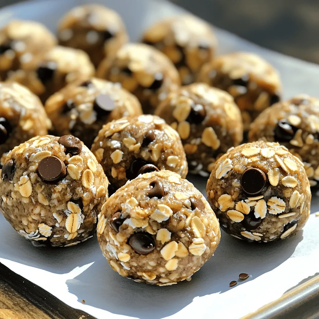 To make No Bake Cookie Dough Energy Balls, gather these simple ingredients: - 1 cup rolled oats - 1/2 cup almond butter (or peanut butter) - 1/4 cup honey or maple syrup - 1/2 cup chocolate chips (semi-sweet or dark) - 1/4 cup ground flaxseed - 1 teaspoon vanilla extract - Pinch of salt These ingredients work together to create a tasty, healthy snack. You can swap out some ingredients for different flavors or diets. Here are a few options: - Use sunflower seed butter instead of almond or peanut butter for a nut-free version. - Try agave syrup in place of honey or maple syrup for a vegan option. - If you want more protein, add chia seeds instead of or with flaxseed. - Use dried fruit like raisins or cranberries instead of chocolate chips for a fruity twist. These swaps keep the energy balls delicious while meeting your needs. These energy balls are not only tasty but also nutritious. Each ball contains: - Rolled oats provide fiber and energy. - Almond butter adds healthy fats and protein. - Honey or maple syrup gives natural sweetness. - Chocolate chips offer a little indulgence, while flaxseed boosts omega-3s. Each energy ball is around 100 calories. They make a great snack or a quick breakfast option. Enjoy the balance of flavors and nutrients in every bite! Making no bake cookie dough energy balls is simple. You only need a few bowls and a spatula. Gather all your ingredients first. This helps streamline the process. You’ll save time and avoid messes. Start by mixing the dry ingredients. In a large bowl, combine: - 1 cup rolled oats - 1/4 cup ground flaxseed - A pinch of salt Stir them well until they blend together. Next, in another bowl, mix the wet ingredients. Combine: - 1/2 cup almond butter (or peanut butter) - 1/4 cup honey or maple syrup Stir until smooth. This step is key for a good texture. Now, pour the wet mixture into the dry bowl. Add: - 1 teaspoon vanilla extract - 1/2 cup chocolate chips Mix everything together with a spatula or your hands. The dough should feel sticky and hold together well. Once your dough is mixed, it’s time to shape the energy balls. Use your hands to scoop out small portions. Roll them into balls about 1 inch wide. You should get around 12 to 15 of them. Place the balls on a parchment-lined baking sheet or plate. This keeps them from sticking. After shaping, refrigerate the balls for at least 30 minutes. This helps them firm up. Enjoy your no bake cookie dough energy balls as a tasty snack or workout boost! For the complete recipe, check the Full Recipe. To get the best texture, start with fresh ingredients. Old oats or nut butter can make the balls dry. Mix the dry and wet ingredients well. This helps the oats soak in the flavors. If the mix feels too dry, add a little more honey or nut butter. If it’s too wet, add more oats. The perfect mix should be sticky but easy to roll into balls. One common mistake is not measuring ingredients correctly. Too much nut butter can make the balls too rich. Too little will leave them dry. Another mistake is not letting them chill long enough. The energy balls need time to firm up in the fridge. Skipping this step can make them fall apart. Always use a parchment-lined sheet for easy removal, too. You can eat these energy balls as a quick snack. They are great after a workout or as a tasty treat. Try adding them to your breakfast or lunchbox. You can also keep them in the fridge for a quick bite. If you like, dip them in yogurt for a fun twist. For the full recipe, check out the complete guide. {{image_2}} You can change the flavor of your energy balls easily. Try using different nut butters. Almond, cashew, or sunflower seed butter all work well. You can also swap out chocolate chips for dried fruit, like cranberries or raisins. For a fun twist, add a pinch of cinnamon or cocoa powder. This can give your energy balls a unique taste. Mix and match until you find your favorite combo. Making these energy balls fit your diet is simple. To make them vegan, just replace honey with maple syrup. This keeps the sweetness while staying plant-based. For gluten-free options, ensure your oats are certified gluten-free. This small change keeps them safe for those with gluten sensitivities. Boost the nutrition of your energy balls by adding seeds or nuts. Chia seeds or pumpkin seeds add healthy fats and fiber. You can also try adding protein powder for an extra protein kick. This is great for after workouts or busy days. Mix in nut pieces or coconut flakes for more texture and flavor. These add-ins help make your energy balls even better! For the full recipe, check out the details above. To keep your no bake cookie dough energy balls fresh, place them in an airtight container. I prefer using glass jars or plastic containers with tight lids. Make sure to layer parchment paper between the balls to prevent them from sticking together. Store them in the refrigerator, where they will stay tasty for about a week. If you want to save some for later, freezing is a great option. First, let the energy balls chill in the fridge for about 30 minutes. Once firm, transfer them to a freezer-safe bag. Label the bag with the date, so you know when you made them. You can freeze them for up to three months. When you're ready to enjoy, just thaw them in the fridge overnight. These energy balls can last up to a week in the fridge. However, freezing extends their life significantly. To keep their flavor, avoid leaving them out at room temperature for too long. If you notice any signs of spoilage, like an off smell or change in texture, it's best to discard them. Enjoy your no bake cookie dough energy balls fresh for the best taste! Yes, you can use any nut butter you like. Almond butter and peanut butter work well. Cashew butter or sunflower seed butter are also great options. Just make sure it has a similar texture to keep the balls firm. These energy balls last about one week in the fridge. You can store them in an airtight container to keep them fresh. If you want them to last longer, you can freeze them for up to three months. Absolutely! If you want to skip chocolate chips, you can add dried fruit or nuts. Chopped dates or raisins add sweetness. Try adding coconut flakes for a fun twist. The recipe is flexible and allows for your tastes. You can serve these energy balls cold or at room temperature. They make a great snack for kids and adults. Pack them in lunchboxes or take them on hikes. You can even serve them at parties for a healthy treat! Yes, they are a healthy snack! These energy balls have protein, fiber, and healthy fats. They provide energy without refined sugars. You can feel good about enjoying them as a quick snack or post-workout treat. Check the Full Recipe for more details! You now have a complete guide to making no-bake cookie dough energy balls. We covered all the key ingredients, step-by-step instructions, and helpful tips. You learned how to customize flavors and make dietary adjustments, too. Remember to store them properly for the best taste and texture. These energy balls are not just tasty but also healthy snacks. Now you can enjoy a quick, nutritious treat whenever you want. Embrace your creativity and have fun making variations that suit your taste!