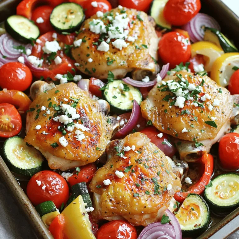 For a tasty One-Pan Greek Chicken, you need some key ingredients. These are: - 4 boneless, skinless chicken thighs - 2 tablespoons olive oil - 1 tablespoon dried oregano - 3 cloves garlic, minced - 1 lemon, zested and juiced - Salt and pepper to taste Next, let's add some vegetables that pack a lot of flavor: - 1 red bell pepper, chopped - 1 zucchini, sliced - 1 cup cherry tomatoes - 1 small red onion, cut into wedges For a special touch, consider these optional toppings and garnishes: - Fresh feta cheese, crumbled - Fresh parsley, chopped This mix of ingredients makes the dish bright and savory. You can find the Full Recipe above for more details on how to put it all together! 1. Prepping ingredients for the marinade Start by gathering your ingredients. You need olive oil, oregano, garlic, lemon, salt, and pepper. Measure everything out. This makes mixing easier. 2. Marinating the chicken thighs In a bowl, mix olive oil, oregano, minced garlic, lemon juice, zest, salt, and pepper. Whisk until it’s all combined. Add the chicken thighs to the bowl. Make sure each piece is well coated. Let the chicken sit for at least 15 minutes. For more flavor, you can marinate it in the fridge for up to 2 hours. 3. Arranging chicken and vegetables in the pan Grab a large oven-safe skillet. Place the marinated chicken in the pan. Spread the chopped bell pepper, zucchini, cherry tomatoes, and red onion around the chicken. Drizzle a bit of olive oil on top of the veggies. Season with salt and pepper to taste. 1. Baking in the oven Preheat your oven to 400°F (200°C). Once the oven is hot, put the skillet inside. Bake for 25 to 30 minutes. Check that the chicken reaches an internal temperature of 165°F (75°C). The veggies should be tender at this point. 2. Broiling for the final touch To give your dish a nice char, switch the oven to broil. Broil the chicken and veggies for 2 to 3 minutes. This adds flavor and makes everything look great. Now you are ready to enjoy a delicious One-Pan Greek Chicken and Veggies meal! For full details on the ingredients and more, check out the Full Recipe. To keep your chicken juicy, marinate it well. I like to let it soak for at least 15 minutes. If you have time, two hours in the fridge works even better. This allows the chicken to soak up all those tasty flavors. Roasting vegetables can be tricky. Cut them into even pieces to ensure they cook at the same rate. Bell peppers, zucchini, and red onions are great choices. Lightly coat them in olive oil before roasting. This helps them caramelize nicely and adds a rich flavor. For side dishes, I recommend a fresh Greek salad. Its crisp veggies and tangy dressing pair well with the chicken. You could also serve rice or warm pita bread on the side. When presenting your One-Pan Greek Chicken, consider serving it right from the pan. This gives a rustic feel. You can also plate each portion. Add a sprinkle of parsley and a lemon wedge for a bright touch. This makes the dish look even more inviting! {{image_2}} You can change the protein in this recipe easily. Try using chicken breasts instead of thighs. If you want a vegetarian meal, swap the chicken for chickpeas or tofu. Both options work well with the marinade. The veggies in this dish can also change. Use seasonal vegetables based on what is fresh. Asparagus, broccoli, or even eggplant can add new flavors. Mix and match based on your taste! To boost flavor, add more spices. A pinch of smoked paprika or cumin can add depth. Fresh herbs like thyme or dill offer a bright twist. Don’t be afraid to experiment! Marinades can change the whole dish. You can add a splash of balsamic vinegar for sweetness. Honey or mustard can also change the flavor profile. Try different combinations to find what you love! To store One-Pan Greek Chicken, wait for it to cool first. Place the chicken and veggies in an airtight container. This method keeps the dish fresh. You can store it in the fridge for up to three days. If you want to keep it longer, freeze the leftovers. They can last for up to three months in the freezer. Always label your containers with the date for easy tracking. When you reheat this dish, keep the flavors intact. The best way is to use an oven. Preheat it to 350°F (175°C). Place the chicken and veggies in an oven-safe dish. Cover it with foil to avoid drying out. Heat for about 20 minutes or until warm. You can also use a microwave. Just heat in short bursts, checking often to avoid overcooking. Aim for a safe internal temperature of 165°F (75°C) for the chicken. Enjoy your tasty leftovers just like the first time! Can I make this dish ahead of time? Yes, you can prepare this dish in advance. Marinate the chicken and chop the veggies. Store them in the fridge. When you are ready, simply bake and enjoy! How do I adjust for larger portions? To make more servings, increase the chicken and veggies. You can double or triple the recipe. Just ensure your pan is big enough to hold everything. What can I substitute for feta cheese? If you don’t have feta, try goat cheese or even a dairy-free option. You can also skip cheese entirely if you prefer. How can I tell when chicken is done cooking? Use a meat thermometer to check the chicken's temperature. It should reach 165°F (75°C) to be safe to eat. Is it necessary to marinate the chicken for longer? No, but longer marinating adds more flavor. Fifteen minutes works well, but two hours is even better for taste. Caloric content and macronutrient breakdown One serving has about 300 calories. It has protein, healthy fats, and fiber from the veggies. Health benefits of the ingredients used Chicken provides lean protein. Olive oil offers healthy fats. Vegetables add vitamins and minerals, making this dish nutritious and balanced. In this blog post, we explored making One-Pan Greek Chicken from start to finish. We covered key ingredients and how to prepare them. You learned step-by-step instructions for marinating and baking, plus tips for juicy chicken and tasty veggies. We also shared storage tips and how to reheat leftovers properly. Finally, I provided answers to common questions. This dish is simple, tasty, and flexible. Enjoy making it your own!