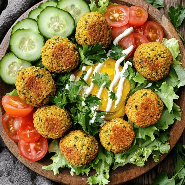 - 1 cup dried chickpeas (soaked overnight) - 1 small onion, chopped - 2 cloves garlic, minced - 1/4 cup fresh parsley, finely chopped - 1/4 cup fresh cilantro, finely chopped - 1 tsp ground cumin - 1 tsp ground coriander - 1/2 tsp baking soda - 1/4 tsp cayenne pepper (optional) - Salt and pepper to taste - 3 tablespoons olive oil - 1 tablespoon lemon juice - 1/4 cup whole wheat flour (more if needed) These ingredients create a tasty mix for falafel. The dried chickpeas give the best texture. Soak them overnight to soften. This step is key, as it helps the falafel form well. Fresh herbs add a bright taste. I love using parsley and cilantro for great flavor. The spices like cumin and coriander bring warmth and depth. Baking soda helps the falafel rise, giving it a light texture. Adding olive oil and lemon juice keeps the mix moist. Whole wheat flour binds everything together. Adjust the flour if the mix seems too wet. You want to shape falafel easily. This simple list gives you all you need for crispy baked falafel. You can find the full recipe at the end of this article. Soaking dried chickpeas overnight is key. This process softens them and helps them blend well. If you skip this step, your falafel may not hold together. Dried chickpeas give the best texture. Canned chickpeas can work, but they may make your falafel too wet. If you do use canned, drain and rinse them well. A food processor is your best friend here. It helps you get the right mix without turning it into mush. First, add soaked chickpeas, onion, garlic, and herbs to the bowl. Pulse them until coarse. Then, mix in spices like cumin and coriander. This is where the flavor really comes alive. Don’t forget the baking soda; it helps with texture. Add salt and pepper to taste. Once mixed, transfer everything to a bowl. Add olive oil, lemon juice, and whole wheat flour. If the mix feels too wet, add a little more flour until it holds together. When shaping falafel, aim for small balls or patties, about 1.5 inches wide. This size helps them cook evenly. Make sure to space them nicely on the baking sheet to avoid sticking. Brush the tops lightly with olive oil. This adds crispiness that you will love. Bake at 400°F for 25-30 minutes. Remember to flip them halfway for even browning. Once golden brown, let them cool for a few minutes before serving. Check out the Full Recipe for more tips! To make your falafel crispy, first, set your oven to 400°F (200°C). This temperature helps the falafel brown nicely. Bake them for 25 to 30 minutes. Flip them halfway for even crispiness. Baking soda plays a key role in texture. It makes your falafel light and fluffy. The tiny bubbles it creates help them rise while baking. This gives you a nice crunch on the outside. One mistake is overprocessing or underprocessing the mixture. You want a coarse mix, not a paste. Pulse just enough in your food processor. Another issue is not using enough flour. If your mixture feels too wet, add more flour. This helps the falafel hold their shape. Crispy baked falafel pairs well with many sides. Try serving them with tahini sauce or yogurt sauce for a tasty dip. You can also fill pita pockets with falafel, fresh veggies, and sauce. For a lighter option, serve them on a salad. Add greens, tomatoes, and cucumbers for a fresh twist. For the full recipe, check out the complete instructions. {{image_2}} You can make crispy baked falafel fit various diets. For gluten-free options, use chickpea flour instead of whole wheat flour. This switch keeps the falafel soft and tasty. It also adds a nice nutty flavor. You can also swap in almond flour or oat flour. Both work well and keep the dish gluten-free. For vegan-friendly substitutes, this recipe is already a great choice. The main ingredients are plant-based. If you want a creamier texture, add a spoonful of tahini instead of olive oil. This adds a rich flavor while still keeping it vegan. Adding more spices can give your falafel a unique taste. You might try smoked paprika, turmeric, or even a pinch of cinnamon. Each spice brings a different flavor profile. You can also mix in diced veggies like bell peppers or spinach. These additions keep the falafel moist and add extra nutrients. Incorporating nuts or seeds is another fun way to change the texture. Chopped walnuts or sunflower seeds add a nice crunch. They also enhance the flavor without overpowering the dish. Experiment with different combinations to find what you enjoy best. For the full recipe, check out the Crispy Baked Falafel above. To keep your crispy baked falafel fresh, use airtight containers. Glass or plastic containers work well. If you have a lot, divide them into smaller portions. This way, you can grab what you need without exposing the whole batch. - In the fridge: Store falafel for up to 4 days. - In the freezer: You can store them for up to 3 months. Just remember to label the container with the date. When it’s time to enjoy leftover falafel, reheating is key. You want to keep that crispy texture. - Oven method: Preheat your oven to 375°F (190°C). Place the falafel on a baking sheet. Heat for about 10-15 minutes. This method keeps them crispy. - Skillet method: Heat a non-stick skillet over medium heat. Add a little oil. Cook the falafel for about 3-4 minutes on each side until warmed through and crispy. To prevent drying out, don’t cover them while reheating. Enjoy your delicious falafel just like when they were freshly baked! For the full recipe, check out the Crispy Baked Falafel section. Baked falafel is often healthier than fried falafel. Baking uses less oil, reducing calories and fat. You'll enjoy a lighter dish without losing flavor. Baking also keeps the texture crisp on the outside and soft inside. Yes, you can prepare falafel ahead of time. Shape the falafel balls and store them in the fridge. Use an airtight container to keep them fresh. You can also freeze them for longer storage. Just remember to bake them straight from the freezer. This way, you won't lose any taste or texture. You can tell falafel is done when it's golden brown. Look for a crispy outer layer. Gently press on a ball; it should feel firm. If it looks dry and golden, it's ready to eat! Enjoy the savory flavor in every bite. In this article, we explored how to make crispy baked falafel. We covered essential ingredients like chickpeas, herbs, and spices. You learned about soaking chickpeas and mixing textures for the perfect bite. Key tips helped you avoid common mistakes and achieve crispiness, while serving suggestions added flavor. Remember, you can adjust recipes for dietary needs and store leftovers for later. Making delicious falafel at home is simple and fun. Try it out and enjoy your culinary success!