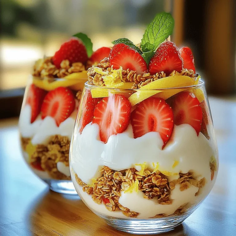 To make the perfect Strawberry Lemon Yogurt Parfaits, gather the following ingredients: - 2 cups Greek yogurt - 1 cup fresh strawberries, hulled and sliced - 1/4 cup honey (adjust sweetness to taste) - 2 tablespoons fresh lemon juice - 1 teaspoon lemon zest - 1 cup granola (store-bought or homemade) - Fresh mint leaves for garnish Each ingredient plays a special role. Greek yogurt gives a creamy base and adds protein. Fresh strawberries add sweetness and color. Honey brings a touch of natural sweetness. Lemon juice and zest brighten the flavor. Granola adds crunch and texture. Finally, mint leaves make your parfaits look and smell fresh. You can easily adjust the sweetness with honey. If you like it less sweet, use less honey. For more zing, add more lemon juice. This recipe is flexible and fun. Enjoy choosing the perfect balance for your taste! To start, grab a mixing bowl. Add 2 cups of Greek yogurt to the bowl. Next, pour in 1/4 cup of honey. This will sweeten your yogurt. Then, squeeze in 2 tablespoons of fresh lemon juice. This adds a nice zing! Finally, add 1 teaspoon of lemon zest for even more flavor. Mix well until everything is creamy and smooth. Taste it, and adjust the sweetness if you want. Now, let’s build our parfaits! Take clear glasses or dessert cups. Start by spooning a layer of the yogurt mixture into the bottom. Make it about 1/3 full. Next, layer 1 cup of sliced strawberries on top of the yogurt. Spread them out evenly. After that, sprinkle a layer of granola over the strawberries. This adds a crunchy texture. Repeat these layers until the glasses are full. End with a layer of yogurt on top. For the final touch, slice a few strawberries and place them on top. Add a fresh mint leaf for a pop of color. This makes your parfaits look pretty and inviting. Enjoy your tasty creation! If you want to see the full process, check the Full Recipe. To make the yogurt mixture smooth, use Greek yogurt. It has a thick texture that holds well. Mix the yogurt with honey, lemon juice, and lemon zest. Stir until it is creamy and there are no lumps. Taste it and adjust the honey for sweetness. If you want a tart flavor, use less honey. For a beautiful presentation, use clear glasses or dessert cups. Start with a layer of yogurt, then add strawberries. Follow with granola for a nice crunch. Repeat the layers until you fill the glass. Finish with yogurt on top and garnish with mint leaves. This adds color and a fresh touch to your parfaits. If you have leftovers, store them in the fridge. Use an airtight container to keep them fresh. The parfaits taste best within two days. If you want to keep layers separate, store yogurt, fruit, and granola apart. This keeps the granola crunchy and prevents sogginess. For the full recipe, check the previous section. {{image_2}} You can switch up the fruit in this parfait. Try blueberries, raspberries, or peaches. Each fruit brings its own taste. It adds a fun twist to your dish. Mix and match to find your favorite combo. You can also use frozen fruits. Just let them thaw before mixing in. Greek yogurt is thick and creamy, but you can try others. Plain yogurt works well if you want a lighter texture. For a sweeter taste, use vanilla yogurt. Dairy-free yogurts made from almond or coconut are great too. They add a unique flavor while keeping it creamy. Granola adds crunch, but you have choices. Try crushed nuts for a nutty twist. Seeds like pumpkin or sunflower also work well. You can use cereal for a quick option. Just make sure it’s crunchy. Each choice brings a new texture and flavor to your parfait. For the complete recipe, check the [Full Recipe]. A serving of Strawberry Lemon Yogurt Parfait is both tasty and healthy. Each serving has about: - Calories: 250 - Protein: 12 grams - Carbohydrates: 35 grams - Fat: 8 grams - Sugar: 15 grams This parfait is a great snack or breakfast choice. The Greek yogurt packs protein, while the fruit and honey provide natural sweetness. Each ingredient in the parfait offers unique health perks: - Greek Yogurt: Rich in protein and good for gut health. It supports digestion and keeps you feeling full. - Strawberries: High in vitamin C and antioxidants. They help fight free radicals and boost your immune system. - Honey: A natural sweetener with antibacterial properties. It can soothe a sore throat and provide quick energy. - Lemon Juice and Zest: Great for vitamin C. They can aid digestion and add a refreshing taste. - Granola: Provides fiber and energy. It keeps you satisfied and is great for heart health. You can easily modify this recipe to suit different diets: - Dairy-Free: Use coconut or almond yogurt as a substitute for Greek yogurt. - Sugar-Free: Replace honey with stevia or another sugar alternative. - Gluten-Free: Ensure your granola is gluten-free. You can also use oats instead. - Low-Calorie: Opt for low-fat yogurt and reduce the amount of granola. These adjustments let everyone enjoy this delightful treat! For the complete recipe, check the Full Recipe section. Yes, you can make these parfaits ahead of time. Prepare the yogurt mixture and layer it in glasses. Store them in the fridge. I recommend enjoying them within 24 hours for the best taste. These parfaits can last up to three days in the fridge. However, the granola may get soggy after a day. For the best texture, add granola just before serving. If you want to avoid honey, you can use maple syrup or agave nectar. Both will give a nice sweetness to your parfait. You can also use coconut sugar, but it may change the color a bit. For a sugar-free option, try a sugar substitute like stevia. You can find the full recipe for this delightful treat above! Making Strawberry Lemon Yogurt Parfaits is easy and fun. You will love the blend of flavors. This recipe is simple, and you can make it in just 15 minutes. - 2 cups Greek yogurt - 1 cup fresh strawberries, hulled and sliced - 1/4 cup honey (adjust sweetness to taste) - 2 tablespoons fresh lemon juice - 1 teaspoon lemon zest - 1 cup granola (store-bought or homemade) - Fresh mint leaves for garnish 1. Prepare the Yogurt Mixture: In a bowl, mix Greek yogurt, honey, lemon juice, and lemon zest. Stir well until creamy. Taste and adjust the sweetness if you want. 2. Layer the Parfaits: Grab clear glasses or dessert cups. Start with a layer of the yogurt mix at the bottom. 3. Add Strawberries: Place a layer of sliced strawberries on top of the yogurt. Spread them evenly for a nice look. 4. Granola Layer: Sprinkle granola over the strawberries. This gives a nice crunch. 5. Repeat Layers: Keep adding layers of yogurt, strawberries, and granola. Finish with a layer of yogurt on top. 6. Garnish: Top with a few sliced strawberries and a mint leaf. This adds color and freshness. Follow this [Full Recipe] to enjoy a tasty treat. It’s perfect for breakfast or dessert! This blog post explored how to make delicious Strawberry Lemon Yogurt Parfaits. We covered the key ingredients like Greek yogurt and fresh strawberries. Then, I walked you through the steps to prepare, layer, and garnish your parfaits. I shared tips for perfecting your yogurt mix and ideas for serving. You learned about variations to try and the nutritional benefits of each ingredient. These parfaits are easy to make and perfect for any meal. Enjoy your tasty creation!