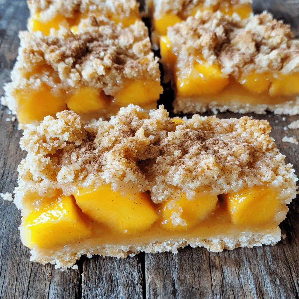 - 2 cups fresh peaches, peeled and diced - 1 tablespoon lemon juice - 1 teaspoon vanilla extract Fresh peaches bring bright flavor to this dessert. Choose ripe, juicy peaches for the best taste. The lemon juice adds a nice tang and keeps the fruit vibrant. The vanilla extract enhances the natural sweetness of the peaches. - 1 cup all-purpose flour - 1 cup rolled oats - ½ cup brown sugar, packed - ½ cup granulated sugar - ½ teaspoon baking powder - ½ teaspoon salt - 1 teaspoon ground cinnamon - ¼ teaspoon nutmeg The dry ingredients form the crumble base. The flour and oats give it a great texture. Brown sugar adds a rich flavor, while granulated sugar provides sweetness. Baking powder gives the bars a light lift. Spices like cinnamon and nutmeg make it warm and cozy. - ½ cup unsalted butter, melted Melted butter helps bind the dry ingredients. It also adds richness and flavor. Make sure to let it cool slightly before mixing. This helps the bars hold together better. For the full recipe, check out the Peach Crumble Bars recipe above. - Preheat oven to 350°F (175°C). - Line an 8x8 inch baking dish with parchment paper. This helps with easy removal. - Combine 2 cups of diced peaches, 1 tablespoon lemon juice, and 1 teaspoon vanilla extract. - Gently toss the peaches to coat them well. Set this mixture aside. - In a large bowl, mix the dry ingredients: 1 cup all-purpose flour, 1 cup rolled oats, ½ cup brown sugar, ½ cup granulated sugar, ½ teaspoon baking powder, ½ teaspoon salt, 1 teaspoon ground cinnamon, and ¼ teaspoon nutmeg. - Pour in ½ cup melted butter and mix until crumbly. - Reserve 1 cup of this mixture for topping later. - Press the remaining crumble mixture into the bottom of the prepared dish. Make sure it forms an even layer. - Spread the peach mixture over the crust. - Sprinkle the reserved crumble on top of the peaches. This will create a nice, crunchy topping. - Bake your bars for 30-35 minutes. Look for a golden brown top and bubbling fruit. - After baking, cool in the pan for about 10 minutes. Use the parchment paper to lift them out. - Transfer to a wire rack to cool completely before slicing. Enjoy your Peach Crumble Bars! For the full recipe, check out the detailed instructions above. To get the best texture in your peach crumble bars, you need to cut the peaches right. Here’s how: - Use ripe peaches for sweetness. - Peel them first for a smooth bite. - Cut them into small, even pieces. This method helps the peaches cook evenly. Also, let the bars cool completely before cutting. If you cut them too soon, they may fall apart. Cooling helps the filling set and makes slicing easier. You can boost the flavor of your bars with simple additions. Consider these options: - Add a pinch of nutmeg for warmth. - Mix in a dash of almond extract for a nutty touch. - Chopped nuts like pecans or walnuts can add crunch. - You can also mix in berries for a fruity twist. These adjustments make your bars even more delicious and personal. Baking the peach crumble bars evenly is key. Here are some tips: - Place your baking dish in the center of the oven. This helps the heat spread evenly. - Check for doneness by looking for a golden brown top. You can also gently press the top. It should feel firm. These simple steps ensure you get a perfect bake every time. For the complete instructions, refer to the Full Recipe. {{image_2}} You can switch up the fruit in these bars. Try using blueberries, raspberries, or apples. Each fruit brings its own taste and charm. You can also add almond or coconut flavors to the crumbly topping. Use almond extract or shredded coconut for a fun twist. If you need a gluten-free option, use almond flour instead of all-purpose flour. This change keeps the bars tasty and light. For a vegan version, swap butter with a plant-based butter. You can also use coconut sugar or maple syrup instead of regular sugar. These swaps make it easy to enjoy everyone’s favorite bars. These peach crumble bars taste great warm. Serve them with a scoop of vanilla ice cream. The cold ice cream balances the warm, sweet bars. You can also pair them with whipped cream or yogurt. Both options add creaminess and make the dessert even more enjoyable. For the full recipe, check the previous section. To keep your peach crumble bars fresh, store them in the refrigerator. Place the bars in an airtight container. This helps maintain their flavor and texture. If you want to enjoy them later, freezing is a great option. Wrap each bar tightly in plastic wrap, then place them in a freezer-safe bag. This keeps them safe from freezer burn. When stored properly, peach crumble bars last up to one week in the fridge. If you freeze them, they can last for three months. To keep them tasty, make sure they are sealed well. Before serving, let frozen bars thaw in the fridge for a few hours. This helps the texture return to its best state. Enjoy your peach crumble bars at their best by following these tips! You can prepare the peach crumble bars in advance. Start by making the filling and crumble. Once mixed, store them separately in the fridge. You can keep the peach filling for up to two days. The crumble can last for about three days. When you are ready to bake, just assemble and cook as per the full recipe. This method saves time and helps you enjoy fresh bars whenever you like. Yes, frozen peaches work well in this recipe. Make sure to thaw and drain them first. This step prevents excess moisture in your bars. If you use frozen peaches, add a bit more lemon juice to balance the flavor. The texture may differ slightly, but they will still taste great. Peach crumble and peach crisp are quite similar but differ slightly in texture. A crumble has a buttery and crumbly topping. It usually uses flour and oats. A crisp, on the other hand, often includes nuts or more oats for a crunchier topping. Both are delicious, but they offer different eating experiences. You can tell the bars are ready by their color and smell. Look for a golden brown topping. You should also see the peach filling bubbling around the edges. If you insert a toothpick into the center, it should come out clean with a few crumbs. This ensures your peach crumble bars are baked just right. These peach crumble bars are easy to make and taste great. You mix fresh peaches and spices for a yummy filling. Then, you layer it with a crunchy crumble. Remember to let the bars cool for the best texture. Feel free to experiment with different fruits and flavors to make it your own. Store any extras in the fridge or freezer. With these tips and tricks, you’ll be a pro at baking peach crumble bars. Enjoy this delicious treat any time you want!