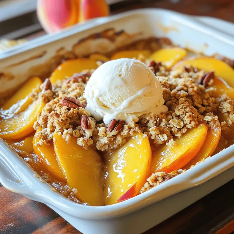 - You will need 4 large fresh peaches. - Slice them and remove the pits. - Look for peaches that are firm but slightly soft when gently pressed. - Choose peaches that are fragrant and have a vibrant color. - For the topping, you will need: - 1 cup rolled oats - ½ cup all-purpose flour - ½ cup packed brown sugar - ½ teaspoon salt - ½ teaspoon vanilla extract - ½ cup unsalted butter, melted - Each ingredient adds a unique texture and flavor. - You can add ¼ cup chopped pecans for extra crunch. - Gather these kitchen tools: - A large mixing bowl - A greased 9x13-inch baking dish - A smaller bowl for the topping - A 9x13-inch baking dish works best for even cooking. - Make sure to have measuring cups and spoons handy. You can find the *Full Recipe* at the end for more details. To start, wash your peaches well. Then, slice each peach in half and remove the pit. Next, slice the peach halves into thin wedges. In a large mixing bowl, combine your peach slices with 1 tablespoon of lemon juice and ½ cup of brown sugar. The lemon juice helps keep the peaches fresh and bright. Toss gently to coat the peaches evenly. Pour this sweet mixture into a greased 9x13-inch baking dish. Now, let’s prepare the topping. In a separate bowl, mix together 1 cup of rolled oats, ½ cup of all-purpose flour, ½ cup of brown sugar, and ½ teaspoon of salt. Add in ½ teaspoon of vanilla extract and ½ cup of melted unsalted butter. Stir until the mixture becomes crumbly. If you like, fold in ¼ cup of chopped pecans for added crunch. This step adds great texture and flavor. Spread the oat mixture evenly over the peach layer in your baking dish. Make sure to cover the peaches well. Preheat your oven to 350°F (175°C). Bake the crisp for 30-35 minutes. Keep an eye on it. You want the topping to turn golden brown and the peaches to bubble. Once done, take it out of the oven and let it cool slightly before serving. Enjoy the delightful aroma and flavor of your fresh peach crisp! For the full recipe, check the details above. To get a golden crust, focus on the baking time and temperature. Bake at 350°F (175°C). This heat allows the topping to brown and the peaches to cook evenly. Stir the oat mixture well before adding it to the peaches. This helps to distribute the butter and sugar, ensuring an even crisp. For tender peaches, slice them thinly but not too thin. A half-inch slice works well. Toss them with lemon juice and sugar before baking. This step adds flavor and helps keep the peaches juicy without becoming mushy. Serve your peach crisp warm for the best taste. A scoop of vanilla ice cream on top transforms this dish into a dream. The cold ice cream and warm crisp create a delightful contrast. You can also garnish with fresh mint for a pop of color and flavor. If you prefer, drizzle some caramel sauce over the top for extra sweetness. If you want to adjust the sweetness, start with less sugar. You can always add more later. A great way to sweeten naturally is to use honey or maple syrup instead of brown sugar. These options add a unique flavor that pairs well with peaches. For a low-sugar version, try using stevia or a sugar substitute. Just remember to check how much to use, as they can be sweeter than regular sugar. For the full recipe, check out the *Full Recipe* section for all the details. {{image_2}} You can switch out peaches for other fruits. Berries, apples, or pears work well. Just adjust the sugar based on fruit sweetness. If you want a gluten-free crisp, use almond flour instead of all-purpose flour. For a vegan option, swap butter with coconut oil. Add spices to boost flavor. A dash of nutmeg or ginger can add warmth. You can also mix in nuts like walnuts or almonds for crunch. If you're a chocolate lover, try folding in chocolate chips for a sweet twist. Individual crisps are fun for gatherings. Use ramekins for serving sizes. Just reduce the baking time to about 20-25 minutes. This ensures each portion bakes evenly and stays warm. To keep your leftover peach crisp fresh, follow these steps: - Allow the peach crisp to cool completely. - Transfer it to an airtight container. - You can also cover it tightly with plastic wrap. This method helps to keep moisture in and air out. Glass or plastic containers work best for storage. When it's time to enjoy your peach crisp again, reheating is key. Here are the best methods: - Oven Method: Preheat the oven to 350°F (175°C). Place the crisp in an oven-safe dish. Cover it loosely with foil and heat for about 15-20 minutes. This keeps the topping crispy and the peaches warm. - Microwave Method: For a quicker option, use the microwave. Place a portion on a microwave-safe plate. Heat it for 30 seconds to 1 minute. Check often to avoid overheating. The texture may soften a bit using this method. Want to save some peach crisp for later? Freezing is a great option! Here’s how: - Allow the peach crisp to cool completely. - Cut it into individual portions for easy serving. - Wrap each portion tightly in plastic wrap, then place them in a freezer-safe bag or container. - Label the bag with the date. You can freeze it for up to 3 months. When you’re ready to eat, thaw it in the fridge overnight. To reheat, follow the same steps mentioned earlier for the oven or microwave. Enjoy your peach crisp anytime! Yes, you can use canned peaches. They save time and are often sweet. However, fresh peaches have better flavor and texture. Canned peaches may be mushy. If you choose canned, drain them well. This helps avoid extra liquid in your crisp. For the best taste, I recommend using fresh peaches when they are in season. If you don't have cornstarch, you can use flour. Use about twice the amount. You can also try arrowroot powder or tapioca starch as substitutes. These options will also help thicken the peach mixture. Just mix it well with the peaches to get a nice texture. You can keep peach crisp in the fridge for about three to five days. Look for signs like mold or a sour smell. If it looks or smells off, it’s best to toss it. For more details on how to make this delicious dessert, check the *Full Recipe*. In this blog post, we explored how to make a delicious peach crisp. Fresh peaches are key, and we covered how to pick the best ones. We detailed the essential topping ingredients and tools needed. I shared step-by-step instructions for prep, assembly, and baking. Finally, we looked at tips for perfecting your crisp, serving suggestions, and variations. Remember, this dessert is all about personal flavor, so feel free to play with ingredients. Enjoy your baking adventure!