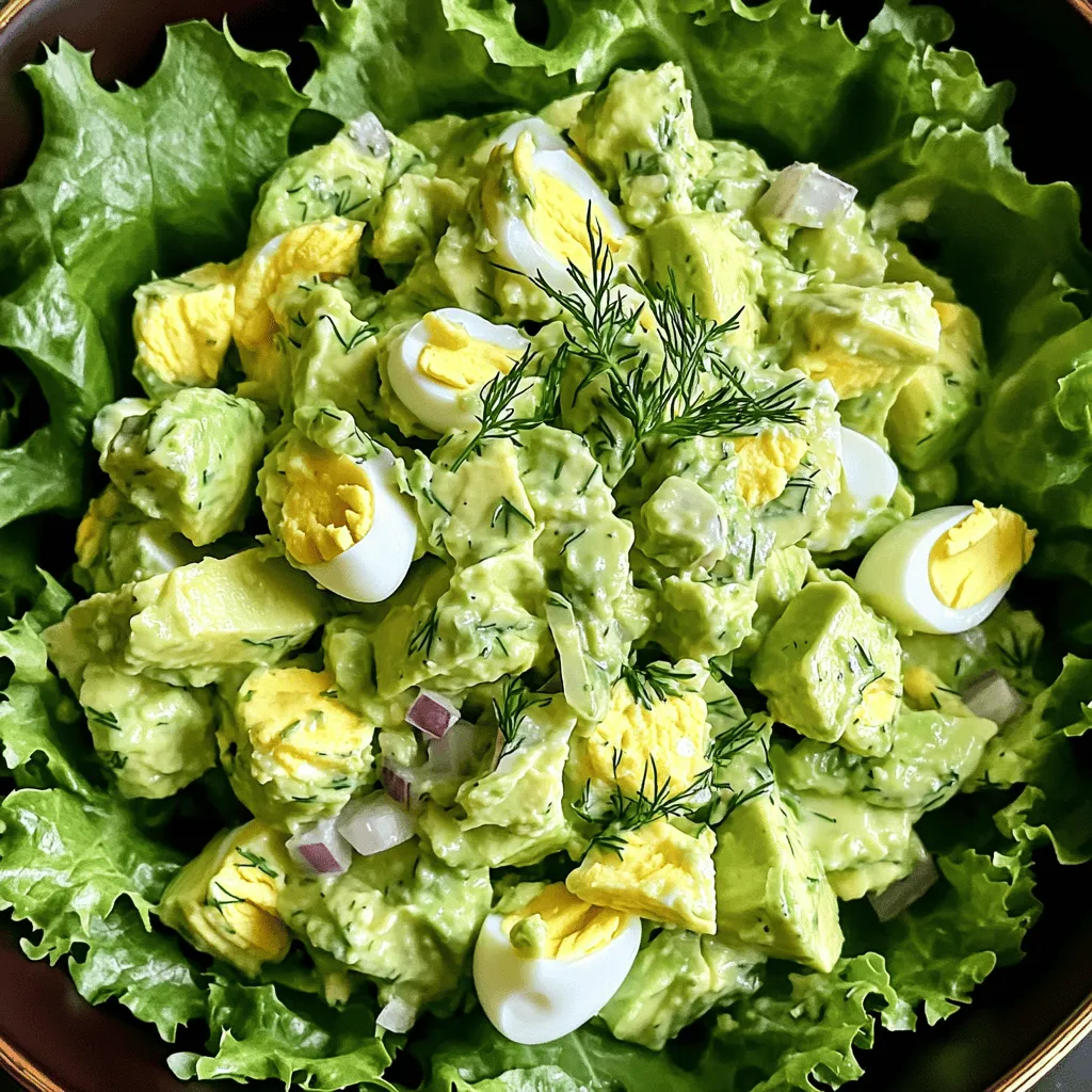 - Eggs - Avocado - Greek yogurt - Dijon mustard To start, you need four large eggs. They give the salad protein and a creamy texture. Next, choose a ripe avocado. This adds richness and healthy fats. Greek yogurt is your next ingredient. It brings a tangy flavor and creaminess. Finally, add Dijon mustard for a little kick. It adds depth and pairs well with the other flavors. - Lemon juice - Red onion - Fresh dill - Salt and pepper Now, let’s make it pop! Lemon juice brightens the dish. It adds freshness and balances the creaminess. A small red onion, finely chopped, brings a sweet crunch. Fresh dill is a must for a herbaceous note. Don’t forget salt and pepper. They enhance all the flavors and tie everything together. - Lettuce leaves - Crackers or toast For serving, you can use lettuce leaves. They make a great base and add a crisp bite. You can also serve the salad on crackers or toast. This adds a fun crunch and makes it easy to enjoy. Pairing it this way makes for a delightful meal. For a full recipe, refer to the detailed steps and ingredients mentioned earlier. Boiling the eggs Start by placing the eggs in a saucepan. Cover them with cold water. Turn on the heat to medium and bring the water to a boil. Once boiling, cover the pan and take it off the heat. Let the eggs sit for about 9-12 minutes. This method gives you hard-boiled eggs with a nice, creamy yolk. Cooling and peeling Next, you need to cool the eggs. Carefully transfer them to a bowl filled with ice water. Let them sit there for about 5 minutes. This cooling step makes peeling easy. Once they are cool, tap the eggs gently on a hard surface to crack the shell. Peel them under running water to help remove any stubborn bits. Mashing the avocado Now, grab a ripe avocado. Cut it in half and remove the pit. In a large bowl, scoop out the flesh with a spoon. Use a fork to mash the avocado until creamy. You can leave a few chunks for texture. This adds a nice bite to your salad. Combining with yogurt and seasonings After mashing, it’s time to add flavor. Stir in 2 tablespoons of Greek yogurt for creaminess. Then, add 1 tablespoon of Dijon mustard for a little kick. Squeeze in 1 tablespoon of lemon juice to brighten the flavors. Toss in finely chopped red onion and fresh dill. Mix everything until it is well combined. Folding in the eggs Now it’s time to combine the eggs and avocado mixture. Take your cooled and chopped eggs and gently fold them into the avocado mix. Be careful not to mash the eggs too much. You want to keep some of that nice texture. Final seasoning adjustments Taste your mixture and season with salt and pepper. This step is key for bringing out all the flavors. Adjust to your liking. Once done, your avocado and egg salad is ready to serve! You can enjoy it on lettuce leaves or in a sandwich. For the full recipe to follow along, check the [Full Recipe]. To get the right avocado consistency, mash it well but keep some chunks. This adds texture. Use a fork to mash it until it's creamy, but don't overdo it. You want a smooth base with bits for a nice bite. When mixing in the eggs, be gentle. Overmixing can turn them into mush. Fold them in softly to keep them intact. This way, you’ll have nice pieces of egg throughout the salad. Spice up your salad by adding herbs like basil or cilantro. A pinch of paprika or cayenne can give it a nice kick. Experiment with your favorite spices to find what you love. For dressings, you can swap Greek yogurt for avocado oil or mayo. A splash of hot sauce or a drizzle of balsamic vinegar can change the flavor completely. Try different combinations to discover your favorite. Serve the salad in a large bowl lined with crisp lettuce leaves. This adds a fresh look and keeps the salad from getting soggy. You can also use small bowls for individual servings. For garnish, sprinkle fresh dill or chopped chives on top. A few slices of cherry tomatoes can also add color. Make it appealing to the eye, and it will taste even better! For the full recipe, check out the complete guide to making this delicious dish. {{image_2}} You can make this salad even healthier. Try using avocado oil instead of Greek yogurt. It adds a rich flavor and healthy fats. For low-fat options, you can swap the yogurt with low-fat versions. This keeps the creaminess while cutting calories. Get creative with your salad! Add different veggies like diced bell peppers, cucumbers, or even spinach. These veggies add crunch and color. You can also add proteins or grains. Chickpeas or quinoa can give you extra nutrition and make the meal more filling. Want to switch things up? Try a Mediterranean twist. Add olives, feta cheese, and sun-dried tomatoes. This brings a new flavor profile to your dish. For a spicy Southwestern flavor, include jalapeños and a dash of lime juice. This adds a fun kick! For the complete recipe, check out the full recipe. To keep your avocado and egg salad fresh, use an airtight container. Glass or plastic containers work well. Make sure to press plastic wrap against the salad's surface before sealing. This helps limit air exposure and keeps it from browning. Store the salad in the fridge for up to three days. Check for changes in color or smell. If it looks brown or smells sour, it's time to toss it. Freshness is key, so it's best to eat it sooner rather than later. You can freeze avocado and egg salad, but it may change texture. If you decide to freeze it, place it in a freezer-safe container. Leave some space at the top, as it will expand when frozen. To thaw, place it in the fridge overnight. Stir well before serving to help restore consistency. For best results, avoid freezing for long periods. Avocado and egg salad lasts about three days in the fridge. Store it in an airtight container. This keeps it fresh and safe to eat. Avoid leaving it out for longer than two hours to prevent spoilage. If you notice any off smell or color, toss it out. Yes, you can make this salad ahead of time. Just prepare the eggs and mix them with the other ingredients. To keep it fresh, add the avocado last. It browns quickly, so mix it in right before serving. You can also store the separate ingredients and combine them later. This will help you save time and enjoy a fresh meal. Avocado and egg salad pairs well with many sides. Here are some tasty options: - Whole grain toast - Crackers - Fresh veggies like carrots and celery - A light green salad - Fruit salad for a sweet touch For detailed steps and ingredients, check out the [Full Recipe](#). In this blog post, we explored how to make a tasty avocado and egg salad. We covered key ingredients like eggs, avocado, and Greek yogurt, along with flavor enhancers like lemon juice and dill. I shared step-by-step instructions for preparation, tips for texture and flavor, and variations to keep the dish fresh and exciting. Remember, with simple tweaks, you can make this salad truly your own! Enjoy making this dish and sharing it with friends and family.