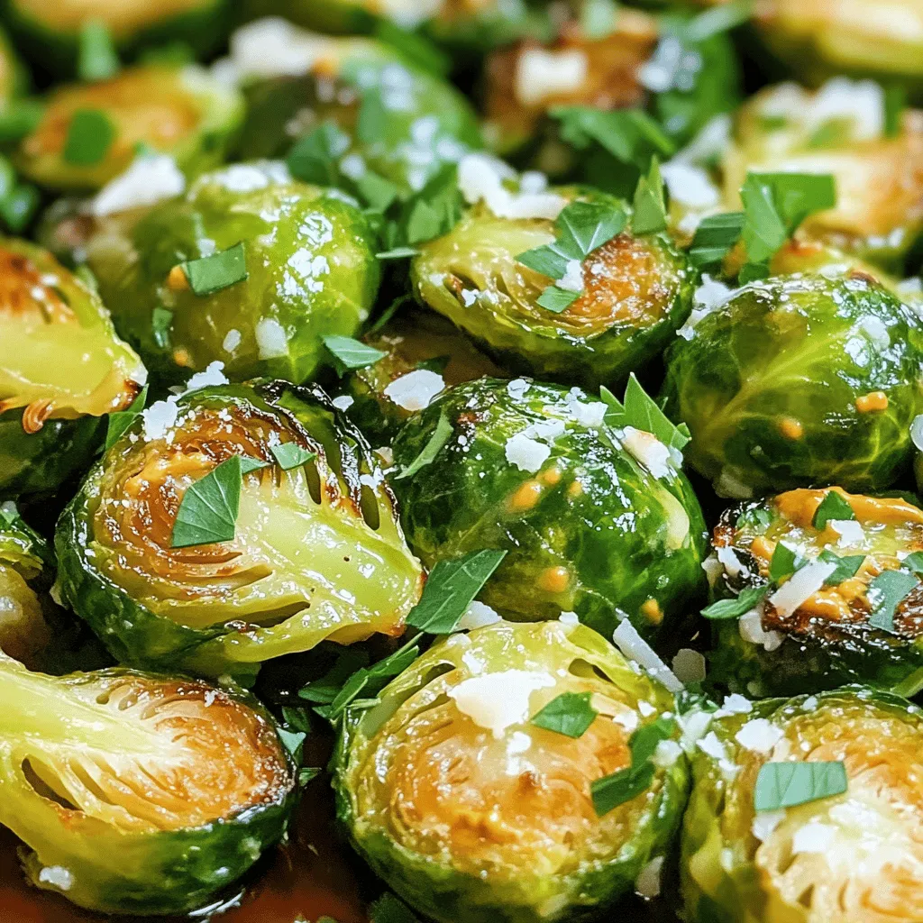 - 1 lb Brussels sprouts, trimmed and halved - 3 tablespoons olive oil - 2 tablespoons pure maple syrup - 1 tablespoon Dijon mustard - 1 tablespoon whole grain mustard - 2 cloves garlic, minced The main ingredients bring together sweet and tangy flavors. The Brussels sprouts are the star. Their earthy taste contrasts well with the sweetness of maple syrup and the sharpness of mustard. When you roast them, they caramelize beautifully, becoming tender and flavorful. - ¼ cup grated Parmesan cheese - Chopped fresh parsley for garnish Adding Parmesan cheese brings a creamy touch to the dish. Fresh parsley adds a pop of color and brightness. You can skip them if you prefer a lighter version. - Salt and pepper to taste Seasoning is key to enhancing the flavors. A pinch of salt brings out the natural taste. Freshly cracked pepper adds a mild heat that lifts the dish. You can find the full recipe to create this delightful dish. Enjoy the rich taste and texture of these roasted Brussels sprouts! - Preheat your oven to 400°F (200°C). - In a large bowl, combine the olive oil, maple syrup, Dijon mustard, whole grain mustard, minced garlic, salt, and pepper. Whisk until well combined. - Toss the Brussels sprouts in the maple mustard mixture. - Spread them on a baking sheet lined with parchment paper. - Roast for 20-25 minutes, or until the Brussels sprouts are tender and caramelized. Toss them occasionally for even cooking. - If you'd like, sprinkle grated Parmesan cheese over the Brussels sprouts in the last 5 minutes of roasting for a creamy finish. - Once done, remove them from the oven and transfer to a serving dish. Garnish with freshly chopped parsley. These steps will help you create a delightful dish with rich flavors. For the complete recipe, check out the Full Recipe. To make your Brussels sprouts perfect, cut them evenly. Halve each sprout so they cook at the same rate. This helps them roast evenly and get that sweet caramelization. For great caramelization, use high heat and space the sprouts out on the baking sheet. If they are too close, they will steam instead of roast. These Maple Mustard Roasted Brussels sprouts pair well with roasted meats and grains. Try serving them with chicken, pork, or quinoa for a balanced meal. You can also toss them into salads for a warm touch. They add a nice crunch and flavor to any dish. Want to spice things up? Add smoked paprika or chili flakes for a kick. If you like mustard, try different types like spicy brown or honey mustard. Each will change the flavor in a fun way. You can also mix in nuts like walnuts for extra crunch and taste. For the full recipe, refer to the earlier section. {{image_2}} You can switch up the taste of your Maple Mustard Roasted Brussels Sprouts in fun ways. For a tangy kick, try adding a balsamic glaze. Just drizzle it over the sprouts before serving. It adds a sweet, rich flavor that pairs perfectly with the mustard. Another great idea is to add nuts for crunch. Walnuts or pecans work well. Just toss them with the sprouts before roasting. They give a delightful texture and nutty taste. If you follow a vegan diet, you can easily modify this recipe. Simply skip the Parmesan cheese or use a vegan cheese alternative. For gluten-free options, the ingredients are mostly safe. Just make sure your mustard is gluten-free. This way, everyone can enjoy the dish without worries. Using seasonal vegetables can make this dish even better. In the fall, mix in some diced butternut squash or sweet potatoes. They roast well and add a sweet flavor. For the holidays, consider adding cranberries or pomegranate seeds. They add a pop of color and tartness. These tasty twists keep your Maple Mustard Roasted Brussels Sprouts fresh and exciting all year round! Check out the Full Recipe for more ideas. To keep your Maple Mustard Roasted Brussels Sprouts fresh, store them in the fridge. Place the sprouts in an airtight container. This helps prevent moisture loss. You can use glass or plastic containers with tight lids. Don’t forget to let them cool first before sealing. For reheating, I recommend using the oven to maintain crispness. Preheat the oven to 350°F (175°C). Spread the sprouts on a baking sheet and heat for 10-15 minutes. This method keeps them nice and crispy. If you use a microwave, they may become soggy quickly. So, avoid that if you want the best texture. Can you freeze Maple Mustard Roasted Brussels Sprouts? Yes, you can! First, let them cool completely. Then, place them in a freezer-safe bag or container. Remove as much air as possible to prevent freezer burn. For best taste, use them within three months. When you’re ready to eat, thaw in the fridge overnight before reheating. Can I use frozen Brussels sprouts? Yes, you can use frozen Brussels sprouts. However, fresh sprouts give the best taste and texture. Frozen ones may be softer after roasting. If using frozen, adjust cooking time to ensure they roast well. What can I substitute for maple syrup? You can use honey or agave syrup as a substitute for maple syrup. They add sweetness but change the flavor slightly. You can also use brown sugar mixed with water for a similar taste. Why are my Brussels sprouts bitter? Bitter Brussels sprouts can be due to overcooking. Ensure you roast them just right. Also, using old or poorly stored sprouts can lead to bitterness. Try to select fresh ones for the best flavor. What to do if they are not crispy? If your Brussels sprouts are not crispy, spread them out more on the baking sheet. Make sure they have room to roast evenly. Toss them halfway through cooking to help them crisp up. Caloric content per serving One serving of Maple Mustard Roasted Brussels Sprouts has about 150 calories. This includes the addition of Parmesan cheese. Nutritional benefits of Brussels sprouts Brussels sprouts are packed with vitamins and minerals. They are high in fiber, which helps digestion. They also contain vitamin K, vitamin C, and antioxidants, making them a healthy choice. Maple Mustard Roasted Brussels Sprouts are simple and tasty. We started with fresh ingredients, like olive oil and garlic, for flavor. The roasting brings out a sweet and savory taste that pairs well with many dishes. Remember to cut the sprouts evenly for the best results. Try variations and enhancements to make it your own. This recipe is great for any season, and storing leftovers is easy. Enjoy your cooking adventures!