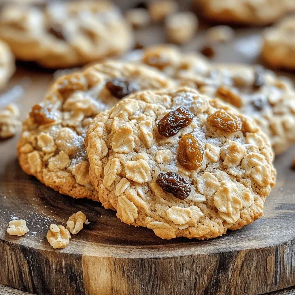 To make the best oatmeal raisin cookies, you need some simple ingredients. Here’s what you will need: - 1 cup unsalted butter, softened - 1 cup brown sugar, packed - 1/2 cup granulated sugar - 2 large eggs - 1 teaspoon vanilla extract - 1 1/2 cups all-purpose flour - 1 teaspoon baking soda - 1 teaspoon ground cinnamon - 1/2 teaspoon salt - 3 cups rolled oats - 1 cup raisins - 1/2 cup chopped walnuts (optional) These ingredients work together to create a chewy, tasty cookie. The oats add texture, while the raisins give a sweet pop. Sometimes, you may not have all the ingredients on hand. Here are some easy swaps: - Butter: You can use coconut oil for a dairy-free option. - Brown Sugar: Use white sugar mixed with molasses if you run out. - Eggs: Replace each egg with 1/4 cup applesauce or a flax egg. - Walnuts: If you don’t like nuts, simply leave them out or use another nut like pecans. These substitutes will keep your cookies delicious without missing a beat. Understanding your ingredients helps you appreciate your cookies more. Here’s a quick look at their benefits: - Oats: High in fiber, they aid digestion and provide energy. - Raisins: Packed with natural sugars, they also offer iron and potassium. - Butter: Adds flavor and richness, but use in moderation. - Eggs: Great for protein, they help bind the dough. - Walnuts: Rich in omega-3 fatty acids, they are good for heart health. Each ingredient adds not just flavor but also some good nutrition to each bite. For the full recipe, check the [Full Recipe]. Start by preheating your oven to 350°F (175°C). Line two baking sheets with parchment paper. In a large bowl, cream together 1 cup of softened unsalted butter, 1 cup of packed brown sugar, and 1/2 cup of granulated sugar. Mix until the mixture is light and fluffy. Next, add 2 large eggs one at a time. Then, mix in 1 teaspoon of vanilla extract. In another bowl, whisk together 1 1/2 cups of all-purpose flour, 1 teaspoon of baking soda, 1 teaspoon of ground cinnamon, and 1/2 teaspoon of salt. Gradually add this dry mix to the wet ingredients. Stir until just combined. Then, fold in 3 cups of rolled oats and 1 cup of raisins. If you like, add 1/2 cup of chopped walnuts for a nice crunch. Now, drop heaping tablespoons of dough onto the prepared baking sheets. Make sure to leave space between each cookie. Bake in the preheated oven for 10-12 minutes. The edges should be lightly golden, and the center should be set. Keep an eye on them to avoid overbaking. Once baked, take the cookies out and let them cool on the baking sheets for about 5 minutes. After that, transfer them to a wire rack to cool completely. For storing, keep the cookies in an airtight container at room temperature. They stay fresh for a week, but I bet they won’t last that long! If you want to store them longer, you can freeze them. Just place them in a freezer bag, and they will last for up to three months. Enjoy your freshly baked cookies! For the full recipe, check out the complete details above. To make the best oatmeal raisin cookies, start with room temperature butter. This helps mix the butter and sugars well. Use fresh ingredients for the best flavor. Make sure your baking soda is not expired. This is key for the cookies to rise. Measure your flour correctly by spooning it into a cup. Too much flour makes the cookies dry. One common mistake is overmixing the dough. Mix just until the ingredients blend. This keeps the cookies tender. Another mistake is baking too long. Watch the edges; they should be light golden. Cool the cookies on the baking sheet for a few minutes first. This helps them firm up without breaking. For a chewy cookie, use more oats and less flour. Adding chopped walnuts gives a nice crunch. You can soak the raisins in warm water for 10 minutes. This makes them plump and juicy. Lastly, letting the dough chill for 30 minutes helps flavors meld. It also improves the cookie’s shape when baking. For the full recipe, check out the details above. {{image_2}} You can make your oatmeal raisin cookies even better. Try adding dark chocolate chips for a rich taste. You can mix in coconut flakes for a tropical twist. If you like nuts, chopped pecans or almonds add a nice crunch. Dried cranberries also work well for a sweet-tart flavor. Each add-in can change the cookie’s taste and texture. You can easily make gluten-free oatmeal raisin cookies. Use gluten-free flour instead of regular flour. Ensure your oats are certified gluten-free to avoid cross-contamination. To make these cookies vegan, substitute eggs with flaxseed meal or unsweetened applesauce. Use coconut oil or vegan butter instead of regular butter. These swaps keep them tasty and friendly for all diets. Get creative with flavors in your cookies. How about adding a pinch of cardamom or nutmeg for a warm spice? For a fun twist, mix in some orange zest for a bright citrus note. You could also use caramel bits for a sweet surprise. Combining flavors can lead to exciting new cookie experiences. Each variation brings its own charm to the classic cookie. For those who want to explore, check out the Full Recipe for inspiration. To keep your oatmeal raisin cookies fresh, store them in an airtight container. This helps keep moisture in and prevents them from getting hard. You can layer the cookies with parchment paper to avoid sticking. Place them at room temperature, away from direct sunlight. If you want extra freshness, add a slice of bread to the container. The bread will help keep cookies soft and chewy. Freezing cookies is easy and a great way to save some for later. Start by letting the cookies cool completely. Once they are cool, wrap each cookie in plastic wrap. Then, place them in a freezer-safe bag or container. Make sure to label the bag with the date. You can freeze them for up to three months. When you are ready to eat them, just take them out and let them thaw at room temperature. To enjoy your cookies warm, reheating is key. Preheat your oven to 350°F (175°C). Place the cookies on a baking sheet and heat them for about 5-7 minutes. This will make them soft and delicious again. You can also use a microwave for a quick fix. Heat them for about 10-15 seconds. Just be careful not to overdo it, or they may get tough. With these tips, your cookies will always taste fresh! For the full recipe, check out the Classic Oatmeal Raisin Cookies section. To make your oatmeal raisin cookies softer, try a few simple tricks. First, use brown sugar. It adds moisture and keeps the cookies soft. Second, do not overbake. Remove them when the edges are just golden. Let them cool on the baking sheet for a few minutes. This helps them stay soft inside. Lastly, you can add an extra egg yolk. This will add richness and help with softness. Yes, you can use quick oats instead of rolled oats. Quick oats are thinner and cook faster. They will change the texture slightly. Your cookies may be a bit softer and less chewy. If you like a chewier cookie, stick with rolled oats. They hold their shape better. Both options will still taste great, so use what you have on hand. Oatmeal raisin cookies can last for about one week when stored properly. Keep them in an airtight container at room temperature. If you want them to last longer, freeze them. They can stay fresh in the freezer for up to three months. Just make sure to wrap them well. When you're ready to eat, thaw them at room temperature for a tasty treat. For the full recipe, check out the provided details. This post covered everything you need for oatmeal raisin cookies. We explored essential ingredients, common swaps, and the nutrition of each item. You learned step-by-step instructions, from preparing the dough to cooling tips. I shared baking advice, mistakes to avoid, and how to get that perfect texture. We also discussed fun variations and proper storage techniques for freshness. Now, with these tips, you can bake great cookies every time. Enjoy the process and have fun experimenting!
