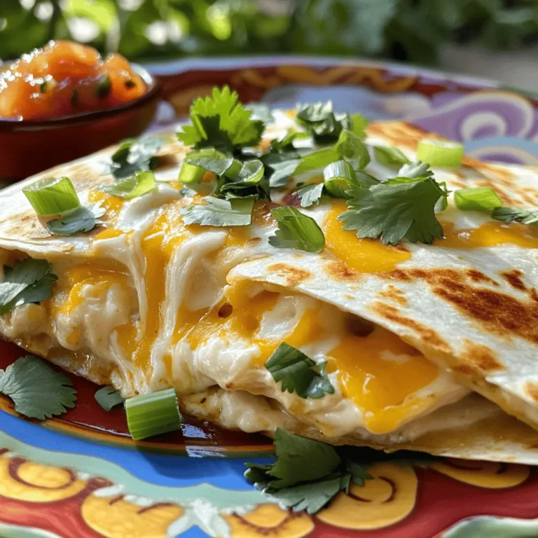 - 2 cups cooked chicken, shredded - 1 cup cream cheese, softened - 1 cup mozzarella cheese, shredded - 1 cup cheddar cheese, shredded - 1 cup Alfredo sauce - 1 teaspoon taco seasoning - 8 large flour tortillas - 1/2 cup green onions, chopped - 1/4 cup fresh cilantro, chopped - 1 tablespoon olive oil - Salt and pepper to taste These ingredients create a tasty blend for Chicken and Cheese Enchiladas Alfredo Quesadilla. The shredded chicken adds protein and flavor. Cream cheese makes the filling creamy. Mozzarella and cheddar provide a rich cheese pull that everyone loves. The Alfredo sauce enhances the creaminess and binds the mixture. Taco seasoning adds a fun kick. The large flour tortillas wrap everything up nicely. Green onions and cilantro give a fresh touch. Olive oil helps brown the quesadillas to a golden color, while salt and pepper round out the flavors. For the full recipe, check out the detailed instructions. You’ll love how easy it is to make this dish! - In a mixing bowl, combine: - 2 cups cooked chicken, shredded - 1 cup cream cheese, softened - 1/2 cup mozzarella cheese, shredded - 1/2 cup cheddar cheese, shredded - 1 cup Alfredo sauce - 1 teaspoon taco seasoning - Salt and pepper to taste Mix these ingredients until they form a smooth blend. Next, lay a tortilla on a clean surface. Spread about 1/3 cup of the chicken and cheese mixture over half of the tortilla. Don’t forget to sprinkle a tablespoon of the remaining mozzarella and cheddar cheese on top of the mixture. Fold the tortilla over to make a half-moon shape, pressing gently to seal it. Repeat this for the rest of the tortillas. - Heat 1 tablespoon of olive oil in a large skillet over medium heat. - Add the quesadillas one at a time. Cook them for 3-4 minutes on each side. Look for a golden-brown color and melted cheese. Once cooked, remove the quesadillas from the skillet. Let them rest for a minute before slicing them into wedges. Garnish the quesadilla wedges with chopped green onions and fresh cilantro. For a fun touch, serve them with dipping options like salsa or guacamole. This adds extra flavor and makes for a vibrant dish. If you want to impress, drizzle some extra Alfredo sauce on top before serving. Enjoy this Chicken and Cheese Enchiladas Alfredo Quesadilla Delight! For the full recipe, check the details above. To make your quesadillas golden-brown, follow these tips: - Heat your skillet first: A hot skillet helps achieve that perfect crispy texture. - Use olive oil generously: This adds flavor and helps with browning. - Press down gently: While cooking, press the quesadilla slightly to ensure even cooking. For gooey cheese, here’s what you should do: - Mix cheeses well: Blend mozzarella and cheddar for a smooth melt. - Don’t rush: Let them cook long enough to melt the cheese but not too long to burn the tortilla. Want to boost the flavor? Add these spices: - Cumin: It adds warmth and depth. - Chili powder: For a little kick, sprinkle some in. - Garlic powder: This gives a nice savory touch. If you like it spicy, here’s how to adjust: - Add more chili powder or jalapeños: Increase heat based on your taste. - Use milder cheese: If the heat is too much, swap cheddar for a milder cheese. Storing leftovers properly keeps them fresh. Here’s how: - Use airtight containers: This keeps moisture in and prevents drying out. - Store in the fridge: Eat them within 3 to 4 days for the best taste. For reheating, follow these steps: - Use the skillet: Reheat on medium heat for a crispy texture. - Cover with a lid: This helps melt the cheese without burning the tortilla. For the full recipe, check out the complete details to get started on making Chicken and Cheese Enchiladas Alfredo Quesadilla Delight! {{image_2}} You can swap proteins in this dish. Try using ground beef or turkey instead of chicken. If you want a veggie option, use black beans or sautéed spinach. Each swap changes the taste and keeps it fresh. For cheese, consider using pepper jack for a kick. You can also mix in some feta or goat cheese for a tangy twist. These variations make your meal exciting while still being creamy and delicious. If you need gluten-free options, use corn tortillas. They work great and add a nice flavor. You can also find gluten-free flour tortillas at many stores. To make a lighter version, use low-fat cream cheese and reduced-fat cheese. You can even skip the cheese altogether and use more veggies for a fresh touch. This keeps the dish tasty without the extra calories. You can change how you serve this dish. Instead of quesadillas, layer the filling in a baking dish. Top with cheese and bake until bubbly for a fun twist on a casserole. For parties, cut the quesadillas into smaller wedges. Serve with salsa, guacamole, or extra Alfredo sauce for dipping. This makes them perfect for sharing and keeps the flavors bright and lively. For the full recipe, check out the detailed steps above. To keep your Chicken and Cheese Enchiladas Alfredo Quesadilla fresh, use airtight containers. Glass or plastic containers work well. This helps keep moisture in and air out. Store them in the fridge for up to three days. If you want to enjoy them later, freezing is a great option. To freeze your quesadillas, place them in a single layer on a baking sheet. Freeze them for about an hour until firm. Then, wrap each quesadilla in plastic wrap and place them in a freezer bag. This keeps them safe from freezer burn. When you're ready to eat, take them out and thaw them in the fridge overnight. For the best results, reheat them in a skillet on low heat. This warms them through while keeping them crispy. You can also use an oven set to 350°F (175°C) for about 15 minutes. Enjoy your delicious quesadillas anytime! Chicken and Cheese Enchiladas Alfredo Quesadilla can last up to four days in the fridge. Make sure you store them in an airtight container. This keeps them fresh and safe to eat. Always check for any signs of spoilage before enjoying leftovers. Yes, you can prep these quesadillas ahead of time. Prepare the chicken and cheese mixture. Then, fill the tortillas and store them in the fridge. Just remember to cover them well. You can cook them the next day or even later in the week. This makes for a quick meal when you are busy. These quesadillas pair well with many side dishes. You can serve them with a fresh salad or some Mexican rice. Salsa and guacamole also make great dips. For beverages, try pairing them with a light beer or a refreshing lemonade. This completes your meal and adds flavor. In this post, we covered a tasty Chicken and Cheese Enchiladas Alfredo Quesadilla recipe. You learned about the key ingredients and their roles. I shared step-by-step instructions for making these quesadillas crispy and delicious. We also explored tips, flavor enhancements, and variations to suit your taste. Don't forget the storage options for leftovers and how to reheat them. By using these ideas, you can create a meal that friends and family will love. Now, it's time to get cooking and enjoy your creation!