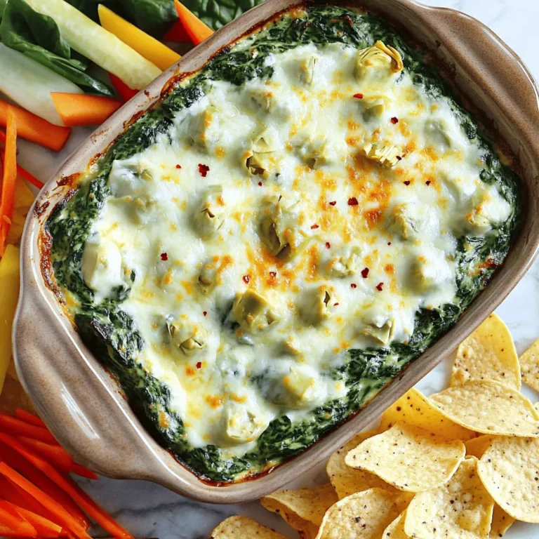 To make this dip, you need the following key items: - 1 cup fresh spinach, chopped - 1 cup artichoke hearts, canned or frozen, drained and chopped - 1 cup cream cheese, softened - ½ cup sour cream - ½ cup mayonnaise - 1 cup shredded mozzarella cheese - ½ cup grated Parmesan cheese - 2 cloves garlic, minced - 1 teaspoon onion powder - Salt and pepper to taste These ingredients create a rich and creamy base. The spinach and artichokes bring a fresh taste. The cheeses add flavor and creaminess. Garlic and onion powder give depth to the dip. If you want to enhance the taste, consider these options: - Red pepper flakes for a spicy kick - Fresh herbs like parsley or basil for more freshness - A dash of lemon juice for brightness Using these optional items can change the dip’s flavor. They add personal touches to suit your taste. To make your cooking easier, gather these tools: - Mixing bowl - Baking dish - Spoon or spatula for mixing - Oven for baking Having the right tools makes cooking simpler. You can mix and bake with ease. For best results, use a sturdy baking dish to hold your dip while it bakes. For the complete method on how to create this tasty dish, check out the Full Recipe. Start by gathering your ingredients. You will need fresh spinach, artichoke hearts, cream cheese, sour cream, mayonnaise, mozzarella cheese, Parmesan cheese, garlic, onion powder, salt, and pepper. If you want some heat, grab red pepper flakes. 1. Preheat your oven to 375°F (190°C). This step is key for a great melt. 2. In a bowl, mix the softened cream cheese, sour cream, and mayonnaise. Stir until it's smooth and creamy. This base holds the dip together. 3. Add minced garlic, onion powder, salt, and pepper. Mix well to blend all the flavors. You want balanced taste in every bite. 4. Fold in the chopped spinach and artichoke hearts. Add the mozzarella and Parmesan. If you like spice, sprinkle in some red pepper flakes. Now, it’s time to bake. 1. Transfer the mixture to a baking dish. Spread it out evenly. This helps it cook evenly. 2. Bake in the preheated oven for 25-30 minutes. Look for a bubbly, golden top. This shows it’s ready. Once it’s done, let it cool for a few minutes. This helps with serving. - Serve warm with tortilla chips, pita bread, or fresh cut veggies. - For a pop of color, sprinkle extra Parmesan or fresh parsley on top. - Enjoy sharing this creamy delight with friends and family. This simple and tasty recipe is perfect for gatherings. Follow these steps for a dip everyone will love! For the complete recipe, check out the Full Recipe. To make the creamiest spinach artichoke dip, use full-fat cream cheese. Softened cream cheese blends well with other ingredients. Mix it with sour cream and mayonnaise for a rich base. I recommend folding in spinach and artichokes gently. This keeps the texture nice and creamy. One common mistake is overcooking the dip. Bake it just until bubbly and golden. This way, the cheese stays smooth and melty. Another mistake is not seasoning enough. Always taste and adjust salt and pepper before baking. Remember, flavors deepen as it cooks. You can boost flavor with simple seasonings. I love using garlic and onion powder for depth. Adding red pepper flakes gives a nice kick. For extra zest, try a squeeze of lemon juice. Fresh herbs like parsley or basil also add brightness. Explore different combinations to find your favorite mix. If you want the full recipe, check out the link above! {{image_2}} To make a lighter version of spinach artichoke dip, swap some ingredients. Use Greek yogurt instead of sour cream and mayonnaise. This change cuts calories and adds protein. You can also choose low-fat cream cheese. Add more spinach to boost fiber and nutrients. This way, you keep the dip creamy and tasty without all the fat. If you're looking for vegetarian or vegan options, you can easily adjust the recipe. For a vegan dip, replace cream cheese with cashew cream or tofu. Use dairy-free yogurt instead of sour cream. Nutritional yeast can add a cheesy flavor without dairy. You can still enjoy the same great taste while following a plant-based diet. If you love spice, there are many ways to kick up the heat. Add diced jalapeños or a few dashes of hot sauce to the mix. You can also use pepper jack cheese instead of mozzarella. For a smoky flavor, try adding smoked paprika. This will give your dip a fun twist that your friends will love. To keep your spinach artichoke dip fresh, store it in an airtight container. Make sure to let it cool down first. If you have a lot left, divide it into smaller portions. This way, you can easily grab just what you need later. Always label the container with the date so you know when you made it. When stored correctly, spinach artichoke dip lasts about 3 to 4 days in the fridge. If you want it to last longer, you can freeze it. In the freezer, it can stay good for 2 to 3 months. Just remember that freezing might change the texture a bit. To reheat your dip, place it in an oven-safe dish. Preheat your oven to 350°F (175°C). Cover the dish with aluminum foil to keep it moist. Heat for about 20 minutes, or until it's warm throughout. You can also use a microwave; just heat in short bursts and stir in between. This helps keep it creamy and tasty, just like when you first made it. If needed, add a splash of cream or milk to restore the texture. For the full recipe, check out the Creamy Spinach Artichoke Delight. Yes, you can prepare this dip a day before. Just mix the ingredients and store them in the fridge. This helps the flavors blend well. When ready to serve, simply bake it as directed in the Full Recipe. Yes, you can freeze this dip. Just cool it completely before placing it in a freezer-safe container. When you want to enjoy it, thaw it in the fridge overnight. Reheat it in the oven until warm and bubbly. Serve the dip warm with: - Tortilla chips - Pita bread - Cut vegetables You can also garnish it with extra Parmesan or fresh parsley for a nice touch. To make this dip more friendly for dietary needs: - Use dairy-free cream cheese for a vegan option. - Swap sour cream and mayo with plant-based versions. - Add gluten-free chips or veggies for dipping. These changes keep the dip tasty and enjoyable for everyone! In this post, we explored how to make the perfect spinach artichoke dip. We covered essential and optional ingredients, tools for prep, and step-by-step instructions. You learned tips for the creamiest dip and ways to avoid common mistakes. We also shared tasty variations and storage info for leftovers. Now, you can impress friends with this delicious dish, no matter your cooking level. Enjoy creating and sharing your version of this classic dip!