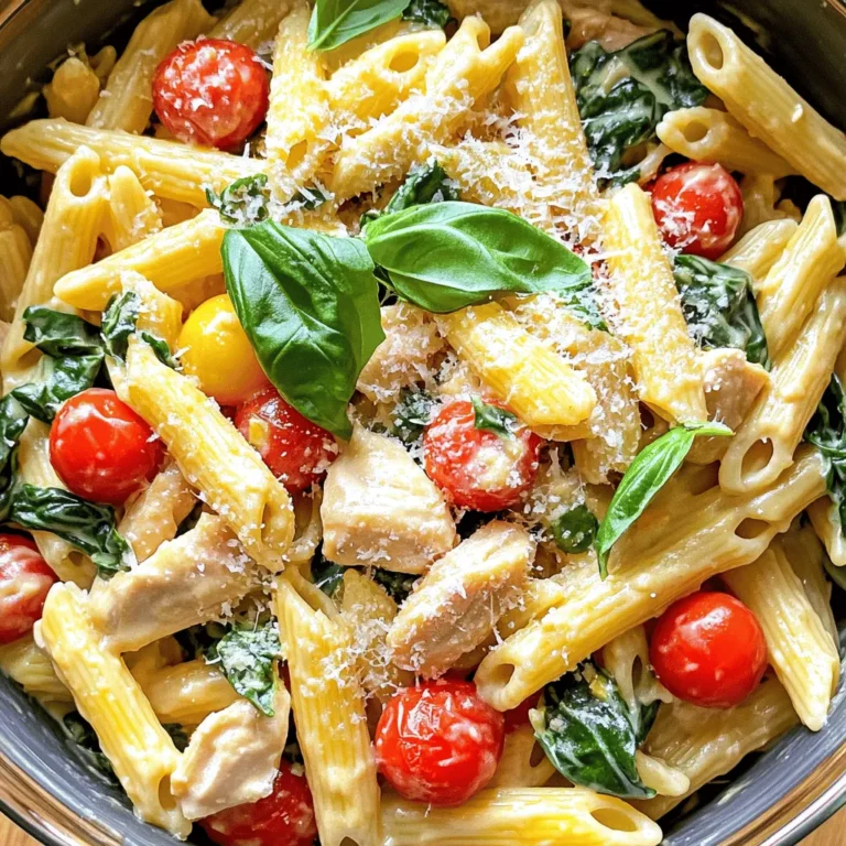 - 2 boneless, skinless chicken breasts, diced - 8 oz (225g) penne pasta - 1 cup cherry tomatoes, halved - 2 cups fresh spinach - 3 cloves garlic, minced - 1 cup chicken broth - 1/2 cup heavy cream - 1/2 cup grated Parmesan cheese - 2 tablespoons olive oil - 1 teaspoon Italian seasoning - Salt and pepper, to taste - Fresh basil for garnish Gathering the right ingredients makes cooking fun and easy. The main ingredients form the base of our One Pan Tuscan Chicken Pasta. You need diced chicken for protein, penne pasta for heartiness, cherry tomatoes for sweetness, and fresh spinach for color and nutrition. In your pantry, you will find staples like garlic, chicken broth, heavy cream, and Parmesan cheese. These add depth and creaminess to your dish. Lastly, don't forget about seasoning. Olive oil gives flavor and moisture. Italian seasoning adds a warm, herbaceous note. Salt and pepper enhance all other flavors. Fresh basil at the end brightens the dish and adds a lovely touch. For the complete recipe, refer to the Full Recipe section! - Heat olive oil in a large skillet. - Dice chicken and season with salt, pepper, and Italian seasoning. To start, I heat two tablespoons of olive oil in my skillet over medium heat. Then, I dice two boneless, skinless chicken breasts. I sprinkle them with salt, pepper, and Italian seasoning to add flavor. This makes the chicken juicy and tasty. - Add chicken to the skillet, cook until browned. - Sauté garlic, then add cherry tomatoes. - Stir in chicken broth and penne pasta. - Cover, cook until pasta is al dente. Next, I add the seasoned chicken to the hot skillet. I cook it for about 5 to 7 minutes until it's browned. This step is key for flavor. After that, I toss in three minced garlic cloves and sauté for about one minute. The smell is amazing! Then, I add one cup of halved cherry tomatoes. I cook them for 3 to 4 minutes until they soften. Now, it's time to stir in one cup of chicken broth and 8 ounces of penne pasta. I make sure the pasta is covered in the liquid. I cover the skillet and cook until the pasta is al dente, usually about 10-12 minutes. - Stir in heavy cream and Parmesan cheese. - Add spinach and cooked chicken back to skillet. - Adjust seasoning as needed. Once the pasta is ready, I turn the heat to low and stir in half a cup of heavy cream and half a cup of grated Parmesan cheese. This makes a rich, creamy sauce. I then add two cups of fresh spinach and the cooked chicken back to the skillet. I gently mix everything until the spinach wilts. I taste it and adjust the seasoning with salt and pepper if needed. The dish is now ready! For the full recipe, check the earlier section. - Use a large enough skillet for even cooking. - Stir pasta occasionally to prevent sticking. When you cook One Pan Tuscan Chicken Pasta, the size of your skillet matters. A bigger pan helps heat spread evenly. This keeps the chicken juicy and the pasta from clumping. Stirring the pasta is key. It prevents it from sticking together. Plus, it helps every piece soak up the sauce. - Serve in large bowls with fresh basil. - Add extra Parmesan for enhanced flavor. For a beautiful finish, serve the pasta in large bowls. A sprinkle of fresh basil adds color and great taste. I also love to add extra Parmesan on top. It melts into the warm pasta, making each bite even better. - Mix in red pepper flakes for spice. - Substitute chicken with shrimp or sausage. If you like a kick, add red pepper flakes while cooking. It gives the dish a nice heat. You can also swap chicken for shrimp or sausage. Both options change the flavor and keep things interesting. {{image_2}} You can easily change the pasta shape. Swap penne for fusilli. Fusilli holds sauce well. You can also add different vegetables to this dish. Try using zucchini or bell peppers for extra flavor and color. Want to make it gluten-free? Use gluten-free pasta instead of regular penne. This change keeps the dish tasty for everyone. If you want to cut dairy, replace heavy cream with a dairy-free option. Coconut milk works well and adds a nice touch. For a richer taste, try adding sun-dried tomatoes. They bring a sweet and tangy flavor. Fresh herbs elevate the dish, too. Incorporate oregano or thyme for added aroma and depth. These small changes make a big difference in your meal. After you enjoy your meal, let the pasta cool. Then, transfer it to airtight containers. This helps keep it fresh. You can store it in the fridge for up to 3 days. When you’re ready to eat again, you can reheat the pasta. Use either the stove or microwave. Add a splash of chicken broth or cream to keep it moist. Make sure it gets heated all the way through before you serve it. If you want to save some for later, you can freeze it. The pasta can last in the freezer for up to 2 months. To reheat, thaw it in the fridge overnight. This way, it will be ready to heat up the next day. - Yes, but ensure it’s completely thawed before cooking. Frozen chicken can alter the cook time. Thaw it in the fridge overnight or use the microwave. This way, your chicken will cook evenly and stay juicy. - Omit chicken and replace with more vegetables or plant-based protein. Try mushrooms, zucchini, or chickpeas. You can still enjoy those tasty flavors without meat. Just ensure your veggies are cooked to your liking. - Pair with a fresh green salad or garlic bread for a complete meal. A light salad adds freshness, while garlic bread adds a nice crunch. Both options balance the creamy pasta and enhance your meal. - Total time is about 30 minutes, including prep and cook time. This makes it a quick weeknight dinner. You can have a delicious meal ready in no time, even on busy nights! - Check out the detailed instructions in the “Step-by-Step Instructions” section. You’ll find everything you need to make this tasty dish. This blog post gave a clear view of making One Pan Tuscan Chicken Pasta. You learned about key ingredients like chicken, pasta, and spinach. I shared step-by-step cooking instructions, helpful tips, and ways to adjust flavors. You can also store leftovers easily. Whether you want to impress guests or enjoy a quick meal, this dish is a winner. Enjoy your cooking journey!