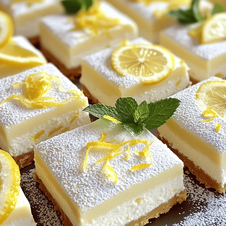 To make these delightful lemon ricotta cheesecake bars, gather the following ingredients: - 1 ½ cups ricotta cheese - 1 cup cream cheese, softened - 1 cup granulated sugar - 3 large eggs - Zest of 2 large lemons - ⅓ cup freshly squeezed lemon juice - 1 teaspoon vanilla extract - ½ cup all-purpose flour - ½ teaspoon baking powder - A pinch of salt - 1 tablespoon butter (for greasing the pan) These simple ingredients come together to create a creamy, zesty treat. If you need alternatives, consider these: - Replace ricotta with cottage cheese for a lighter version. - Use Greek yogurt instead of cream cheese for a tangy twist. - If you want it sweeter, add a bit more sugar. - For a gluten-free option, swap all-purpose flour with almond flour or a gluten-free blend. These swaps can change the taste and texture, so choose based on your needs. Using high-quality ingredients makes a big difference. Fresh ricotta and cream cheese provide the best flavor. Fresh lemons give a bright, zesty taste that bottled juice can't match. When you pick quality, you ensure each bite is rich and flavorful. Good ingredients lead to a more enjoyable dessert. For the best results, don’t skimp on quality. Begin by gathering all your ingredients. Preheat your oven to 325°F (163°C). This is a key step; it helps the bars cook evenly. Grease a 9x9 inch baking pan with butter. Now, line it with parchment paper, leaving some paper hanging over the sides. This makes it easy to lift the bars out later. In a large bowl, add the ricotta cheese and cream cheese. Use an electric mixer to beat them together until smooth. This mix needs to be creamy for the best texture. Gradually add the granulated sugar. Keep mixing until the sugar blends in well. Next, add the eggs, one by one. Mix on low speed after each egg until just combined. Now, stir in the lemon zest, lemon juice, and vanilla extract. This adds a bright flavor to your bars. In another bowl, whisk together the flour, baking powder, and a pinch of salt. Gradually fold this dry mix into the wet mixture. Be careful not to over mix; this can make the bars tough. Pour the cheesecake batter into your prepared pan. Spread it evenly across the surface. Place it in the oven and bake for 35-40 minutes. The edges should be set, and the center should jiggle a bit. The top will turn lightly golden. Once baked, take it out of the oven. Let it cool in the pan for about 1 hour. After that, pop it into the fridge for at least 4 hours or overnight for the best taste and texture. When you are ready, lift the cheesecake out using the parchment paper. Cut into bars and enjoy this delightful treat! For the full recipe, refer to the ingredients section above. To get that creamy texture, make sure your ricotta and cream cheese are soft. I suggest leaving them out for about 30 minutes before you start. This helps them blend easily. When mixing, use a medium speed. Beat until the mixture is smooth and free of lumps. Do not over mix after adding the flour. This keeps your bars light and fluffy. One big mistake is using cold ingredients. Cold cheese won’t mix well, and your bars may turn out lumpy. Another mistake is baking too long. Overbaking dries out the bars. Look for the edges to set with a slight jiggle in the center. Always let your bars cool before cutting. This helps them hold their shape. To make your cheesecake bars look great, dust them with powdered sugar right before serving. This adds a nice touch and a bit of sweetness. You can also add a thin slice of lemon and a sprig of mint on top. These little details make your bars not just tasty but beautiful too. For the full recipe, refer to the recipe section above. {{image_2}} You can easily change the flavor of these Lemon Ricotta Cheesecake Bars. Try adding fresh berries like blueberries or raspberries. This gives a fruity twist. You can also mix in a bit of almond extract for a nutty flavor. Another fun option is to swirl in some chocolate or caramel before baking. Each change brings new taste and joy. If you need a gluten-free version, swap the all-purpose flour with almond flour or gluten-free flour mix. This keeps the bars tasty and light. For a dairy-free option, use dairy-free cream cheese and ricotta. They work well and maintain the creamy texture. These swaps ensure everyone can enjoy this treat. Change the lemon for other fruits to match the seasons! In summer, try strawberries or peaches for a refreshing taste. In fall, use pumpkin puree with spices for a cozy vibe. During winter, citrus like blood oranges can add a unique flair. These seasonal changes let you celebrate with flavors all year round. For the full recipe, you can refer to the [Full Recipe]. To keep your Lemon Ricotta Cheesecake Bars fresh, place them in an airtight container. Line the container with parchment paper for easy removal. Store them in the fridge for up to five days. This helps maintain their creamy texture and bright flavor. If you want to save some bars for later, freezing is a great option. First, cut the bars into pieces. Wrap each piece tightly with plastic wrap to prevent freezer burn. Then, place the wrapped bars in a freezer-safe container. They can last in the freezer for up to three months. When you're ready to enjoy your frozen bars, take them out of the freezer. Let them thaw in the fridge overnight. If you want to serve them warm, you can microwave each bar for about 10-15 seconds. This will give you a soft, delightful treat again. For the complete recipe, check the Full Recipe section! To make Lemon Ricotta Cheesecake Bars gluten-free, simply swap the all-purpose flour. Use almond flour or coconut flour instead. These options work well and keep the bars light. You may need to adjust the amount slightly. Almond flour is denser, so use less than the recipe calls for. Coconut flour is very absorbent, so use more liquid if you choose this. Yes, you can use other cheeses. Cream cheese works nicely on its own. Mascarpone is another great choice for smoothness. Both add a rich flavor but keep the texture creamy. If you want a lighter option, try cottage cheese. Blend it well to avoid lumps. Each cheese will change the taste, so choose what you like best! These cheesecake bars pair well with fresh fruits. Strawberries, blueberries, or raspberries make great choices. You can also add a dollop of whipped cream on top. A drizzle of honey or a berry sauce adds sweetness, too. For a crunchy touch, serve with crushed nuts or granola on the side. This adds texture and complements the creamy bars perfectly. You learned about the key ingredients, substitutes, and the importance of quality. We discussed easy steps for mixing, baking, and cooling your treats. I shared tips to help you avoid errors and make your dessert shine. You can also explore fun variations and proper storage methods for leftovers. Always remember, good cooking starts with the right ingredients and knowledge. Enjoy your baking journey and the tasty results!