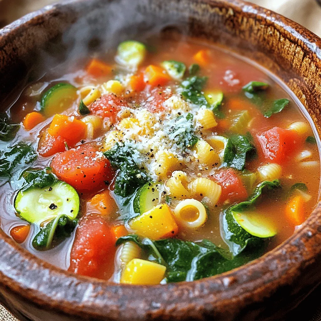 To make a tasty minestrone soup, you need these key items: - 1 tablespoon olive oil - 1 medium onion, diced - 2 cloves garlic, minced - 2 carrots, diced - 2 celery stalks, diced - 1 medium zucchini, diced - 1 cup green beans, chopped - 1 can (15 oz) diced tomatoes, with juice - 4 cups vegetable broth - 1 cup cannellini beans, drained and rinsed - 1 cup small pasta (like ditalini or elbow) - 1 teaspoon dried oregano - 1 teaspoon dried basil - Salt and pepper to taste - 2 cups spinach or kale, chopped - Grated Parmesan cheese for serving (optional) You can add extra flavor or nutrition with these options: - Fresh herbs like parsley or thyme - Any leftover vegetables - A splash of lemon juice for brightness - Crushed red pepper for a bit of heat Gather these tools to help you cook: - Large pot - Cutting board - Sharp knife - Wooden spoon for stirring - Measuring cups and spoons - Ladle for serving These ingredients and tools will help you create a hearty and nourishing minestrone soup. For the full recipe, check out the detailed instructions. First, gather all your ingredients. You will need olive oil, onion, garlic, carrots, celery, zucchini, green beans, diced tomatoes, vegetable broth, cannellini beans, pasta, oregano, basil, salt, pepper, and spinach or kale. This will make the cooking easier. Next, chop the onion, garlic, carrots, celery, zucchini, and green beans. Make sure the pieces are small. This helps them cook well. 1. Heat the Oil: In a large pot, heat the olive oil over medium heat. 2. Cook the Onion: Add the diced onion and cook until it looks clear, about 3-4 minutes. 3. Add Garlic and Vegetables: Stir in the minced garlic, carrots, and celery. Cook for another 3-4 minutes. 4. Mix in Zucchini and Green Beans: Add the zucchini and green beans to the pot. Stir well and cook for 3 more minutes. 5. Add Tomatoes and Broth: Pour in the diced tomatoes and broth. Bring it to a boil. 6. Add Beans and Pasta: Once boiling, add the cannellini beans, pasta, oregano, and basil. Season with salt and pepper. Lower the heat and let it simmer for 10-12 minutes. 7. Finish with Greens: Stir in the spinach or kale and let it wilt for 2-3 minutes. Make sure to taste the soup and adjust the seasoning if needed. For visual guidance through each step, you can refer to images or videos linked [here](#). This will help you see how each stage should look. Following these steps will make your minestrone soup hearty and nourishing. Enjoy! To boost the flavor of your minestrone soup, try these simple tips: - Use fresh herbs like basil and oregano. They add a bright taste. - Squeeze in fresh lemon juice just before serving. It brightens the soup. - Add a splash of balsamic vinegar for depth and richness. - A pinch of red pepper flakes gives a nice kick. - Sauté your veggies well to bring out their natural sweetness. These small changes can transform your soup from good to great. Here are some common mistakes that can affect your minestrone soup: - Overcooking the pasta. It should be al dente, not mushy. - Skipping the seasoning. Salt and pepper bring all the flavors together. - Not using enough broth. This can make your soup too thick. - Forgetting to taste. Always adjust seasoning before serving. - Using canned veggies instead of fresh. Fresh veggies taste better. Avoiding these mistakes will lead to a more delicious bowl of soup. When serving your minestrone soup, consider these ideas: - Ladle the soup into bowls and top with grated Parmesan cheese. - Add a sprinkle of fresh herbs for color and flavor. - Serve with crusty bread for a hearty meal. - Pair with a simple green salad for a balanced dinner. - For a twist, try adding a dollop of pesto on top. These suggestions will elevate your soup experience and impress your guests. {{image_2}} You can easily make this soup vegan. Just skip the Parmesan cheese. The soup is already packed with veggies, beans, and broth. These ingredients give it a rich taste. You might also add nutritional yeast. It adds a cheesy flavor without dairy. You have many options for pasta. You can use ditalini, elbow, or even whole wheat pasta. If you want a gluten-free version, try chickpea or rice pasta. Just cook the pasta separately. Add it in just before serving. This keeps the pasta from getting too soft in the soup. Seasonal ingredients can make this dish even better. In summer, add diced bell peppers or fresh corn. In fall, try butternut squash or pumpkin. You can also swap spinach for Swiss chard or kale. Each season brings new flavors to your soup. Use what you have on hand for a fresh twist. For the full recipe, check out the detailed steps above. To keep your minestrone soup fresh, store it in an airtight container. Let it cool to room temperature first. Then, place the container in the fridge. The soup stays good for about 3 to 4 days. If you want to keep it longer, consider freezing it instead. Freezing is a great option if you want to save some soup for later. First, let the soup cool completely. Then, pour it into freezer-safe containers. Leave some space at the top because the soup will expand when frozen. You can freeze it for up to 3 months. To use, just thaw it overnight in the fridge. When reheating, do it slowly for the best taste. You can use the stovetop or microwave. If using the stovetop, pour the soup into a pot. Heat it over medium heat, stirring often. If using the microwave, cover the soup and heat in short bursts. Stir in between to make sure it heats evenly. You may need to add a splash of broth or water if it thickens too much. To make minestrone soup, start by heating olive oil. Add diced onion and sauté until clear. Then, mix in minced garlic, diced carrots, and celery. Cook these for a few minutes until soft. Add diced zucchini and green beans next. Stir and cook for a bit more. Pour in diced tomatoes and vegetable broth. Bring the mix to a boil. After boiling, add cannellini beans, pasta, oregano, and basil. Season with salt and pepper, then let it simmer. Lastly, stir in spinach or kale before serving. You can find the full recipe above for detailed steps. You can use several beans in place of cannellini beans. Great options include kidney beans, navy beans, or pinto beans. Each type adds its own flavor and texture. You can also use chickpeas for a twist. Just remember to drain and rinse them before adding. Yes, you can make minestrone soup in a slow cooker! Begin by sautéing the onion, garlic, carrots, and celery in a pan. Transfer these to the slow cooker. Next, add the zucchini, green beans, tomatoes, broth, and beans. Let it cook on low for 6-8 hours. Add pasta and greens in the last 30 minutes of cooking. This method gives a rich flavor while being hands-off. Minestrone soup can last about 3-4 days in the fridge. Make sure to store it in an airtight container. The flavors may deepen over time. If you want to keep it longer, consider freezing it. It can last up to 3 months in the freezer. This blog post covered essential ingredients, step-by-step cooking, and handy tips for making minestrone soup. I shared ways to enhance flavor and avoid common mistakes. You learned about variations, storage methods, and answers to frequently asked questions. Remember, cooking should be fun and creative. Use the ideas here to make the soup your own. With practice, your minestrone will be a hit with everyone. Try it out, and enjoy your cooking journey!