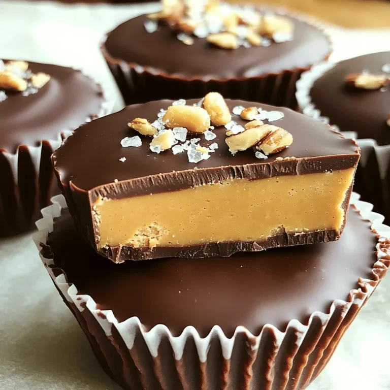 To make savory vegan chocolate peanut butter cups, you need some tasty and simple ingredients. Here’s what you'll need: - 1 cup dairy-free dark chocolate chips - 1/2 cup natural peanut butter - 2 tablespoons maple syrup - 1/4 cup coconut oil, melted - Pinch of sea salt - Optional toppings: crushed nuts, sea salt flakes, or shredded coconut These ingredients blend well to create a rich and creamy treat. The dark chocolate gives a deep flavor, while the peanut butter adds creaminess. Maple syrup sweetens it up just right. The coconut oil helps the chocolate melt smoothly and set nicely. You can also add toppings for extra texture and flavor. Crushed nuts give a nice crunch, while sea salt flakes offer a great contrast to the sweetness. Shredded coconut adds a tropical twist that can be fun. Each ingredient plays a role in making these cups delicious. I love how easy it is to find vegan options for all these ingredients. You can whip up this treat in no time! If you want to see the full recipe, it’s right here for you to explore. - Step 1: Prepare the molds Line a muffin tin with cupcake liners. You can also use silicone molds. This helps with easy removal later. - Step 2: Melt the chocolate In a heatproof bowl, mix the dairy-free dark chocolate chips with half of the melted coconut oil. Microwave this mix in 30-second bursts. Stir between each session until smooth and melted. - Step 3: Create the base layer Spoon about 1 tablespoon of the melted chocolate into each liner. Spread it evenly across the bottom. Place the tray in the freezer for 10 minutes to let it set. - Step 4: Make the filling In a new bowl, mix the peanut butter, maple syrup, and a pinch of sea salt. Stir well until it blends into a smooth mixture. Set it aside. - Step 5: Add the filling Take the chocolate base from the freezer. Add 1 tablespoon of the peanut butter mix on top of the chocolate layer in each cup. Use the back of a spoon to smooth it out evenly. - Step 6: Top with chocolate Pour the rest of the melted chocolate over the peanut butter layer. Make sure it covers everything completely. Gently tap the muffin tin on the counter to remove air bubbles. - Step 7: Chill to set Return the cups to the freezer for 20 to 30 minutes. This lets them set fully. - Step 8: Serve Once set, remove the cups from the liners. Enjoy right away! You can sprinkle crushed nuts, sea salt flakes, or shredded coconut on top for extra flavor. For the complete instructions and ingredient details, check out the Full Recipe. To create the best vegan chocolate peanut butter cups, focus on a few key areas. - Consistency of chocolate: Melt your chocolate slowly. Stir often to avoid burning. The right texture should be smooth and glossy. - Adjusting sweetness: Taste your peanut butter filling. If you want it sweeter, add more maple syrup. Remember, you can always add but you cannot take away. - Alternative nut butters: If you don’t like peanut butter, try almond, cashew, or sunflower seed butter. Each will give a unique flavor and texture. Gathering the right tools makes this recipe easy and fun. - Muffin tin or silicone molds: Use these to shape your cups. Silicone molds help with easy removal. - Heatproof bowl: This is essential for melting the chocolate safely. - Measuring cups and spoons: Accurate measurements ensure your cups taste great every time. With these tips and tools, you can make delicious vegan chocolate peanut butter cups. For a step-by-step guide, check the full recipe. {{image_2}} You can switch up the nut butter in this recipe. Here are three tasty options: - Almond butter: This nut butter is creamy and has a mild flavor. It pairs well with chocolate. - Cashew butter: Cashew butter is smooth and has a rich taste. It adds a nice twist to the cups. - Sunflower seed butter: This is a great option for those allergic to nuts. It has a unique flavor that works well with chocolate. Adding flavors can take your cups to the next level. Here are some ideas: - Adding spices: A sprinkle of cinnamon or a drop of vanilla can add warmth and depth. - Incorporating fruit purees: Try adding banana or raspberry puree for a fruity kick. This gives a nice contrast to the chocolate. - Experimenting with chocolate varieties: You can use milk chocolate or white chocolate. Each type brings its own taste and texture. Feel free to mix and match these ideas to create your perfect vegan chocolate peanut butter cups. To keep your vegan chocolate peanut butter cups fresh, store them in an airtight container. This helps protect them from moisture and keeps them tasty. You can choose to refrigerate or freeze them based on how long you want to keep them. - Refrigeration: If you plan to eat them within a week, store them in the fridge. They can last up to 5-7 days when chilled. - Freezing: For longer storage, freeze them. They stay good for up to 3 months in the freezer. If you want to enjoy your cups again, you might need to soften the chocolate. Here’s how to do it without losing texture: - Microwave: Place the cups on a microwave-safe plate. Heat them in short bursts, around 10-15 seconds, checking often. - Warm Water Bath: For a gentler method, place the cups in a bowl of warm water. This helps melt the chocolate slowly and keeps it smooth. These tips ensure you enjoy your delicious treats just as they were meant to be! For the complete recipe, refer to the Full Recipe section. Can I use unsweetened chocolate? Yes, you can use unsweetened chocolate. Just add a sweetener to balance the taste. Unsweetened chocolate gives a rich flavor. How do I make it sugar-free? To make it sugar-free, swap maple syrup with a sugar-free sweetener. Use options like erythritol or stevia. Both will keep your treats sweet without added sugars. Where can I buy vegan chocolate chips? You can find vegan chocolate chips at most grocery stores. Look in the baking aisle. Online stores also offer a wide range of choices. Can I substitute coconut oil with another oil? Yes, you can use other oils like canola or grapeseed oil. These oils work well but may change the flavor slightly. Stick with oils that are neutral in taste. - Estimated calories per cup: Each cup has about 150 calories. - Breakdown of protein and fat content: Each cup has around 3 grams of protein and 10 grams of fat. - Vegan benefits of the ingredients: This recipe uses healthy fats from peanut butter and coconut oil. These ingredients can support heart health and provide energy. For the complete instructions and ingredient details for Decadent Vegan Chocolate Peanut Butter Cups 🥜, check the Full Recipe. These vegan chocolate peanut butter cups are simple and fun to make. We covered essential ingredients, step-by-step instructions, and handy tips to help you succeed. You learned about variations and storage methods too. Enjoy experimenting with different nut butters and flavors. Use this recipe as a base to create your favorite treats. With each bite, you can savor a sweet, guilt-free indulgence. Try making these and delight in a tasty reward that fits your lifestyle!