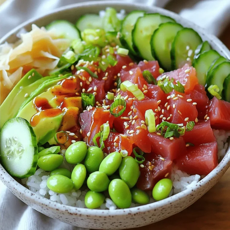 - 1 cup sushi rice - 1 1/4 cups water - 1/2 pound sushi-grade tuna, diced - 2 tablespoons soy sauce - 1 tablespoon sesame oil - 1 tablespoon Sriracha (adjust to taste) - 1 teaspoon honey - 1 tablespoon green onions, sliced - 1 tablespoon seaweed salad - 1 avocado, sliced - 1/2 cucumber, thinly sliced - 1/4 cup edamame, shelled - Sesame seeds for garnish - Pickled ginger for serving Fresh ingredients make a huge difference in your poke bowl. Fresh sushi-grade tuna gives you the best flavor and texture. It should look bright and shiny. When using fresh ingredients, you enhance both taste and presentation. Fresh vegetables add crunch and color. They also provide nutrients. For the best experience, buy your ingredients on the same day you make your poke bowl. If you have allergies, you can still enjoy this dish. Here are some easy swaps: - Soy sauce: Use tamari for a gluten-free option. - Sesame oil: Try avocado oil or olive oil if you're allergic. - Sriracha: If you need a milder sauce, use sweet chili sauce instead. - Tuna: Substitute with cooked shrimp, crab, or tofu for a different taste. These substitutions help you enjoy a tasty poke bowl while keeping your dietary needs in check. Start by rinsing the sushi rice under cold water. Keep rinsing until the water runs clear. This step removes excess starch. Then, combine the rinsed rice and water in a medium saucepan. Bring it to a boil on high heat. Once boiling, lower the heat and cover it. Let it simmer for about 20 minutes. The rice should be tender and all the water should absorb. After cooking, fluff the rice with a fork and let it cool slightly. While the rice cooks, prepare the spicy tuna. Dice the sushi-grade tuna into small pieces. In a bowl, mix the tuna with soy sauce, sesame oil, Sriracha, and honey. Stir well to coat the tuna evenly. Let it marinate for around 10 minutes. This step adds flavor and makes the tuna tender. Now, it’s time to build your poke bowl. Divide the sushi rice into two bowls as your base. Top each bowl with the marinated tuna. Next, add sliced avocado, thin cucumber slices, and shelled edamame. Don’t forget the seaweed salad for extra flavor. For a final touch, sprinkle sliced green onions and sesame seeds on top. Add a dollop of pickled ginger on the side. If you like more heat, drizzle any leftover marinade over everything. Enjoy your spicy tuna poke bowl! For the full recipe, check the provided details. To cook sushi rice, rinse it well. This step removes excess starch. Use one cup of rice and 1.25 cups of water. Boil the water first, then lower the heat and cover. Cook it for about 20 minutes. When done, fluff it with a fork. Let it cool slightly before serving. This keeps it from getting too sticky. If you want more heat, add more Sriracha. Start with one tablespoon. Taste your mix after stirring. You can always add more, but you can't take it away. For less spice, reduce the Sriracha. Try using just a teaspoon. Balance the heat with a bit of honey if it's too spicy. This gives a sweet touch. To make prep easy, use a good knife. A sharp knife cuts the tuna and veggies neatly. A rice cooker is great for cooking sushi rice perfectly. You can also use a mixing bowl to marinate the tuna. A wooden spoon helps to mix without damaging the rice. Finally, use deep bowls for serving. This makes your poke bowl look amazing. Check out the Full Recipe for more details. {{image_2}} If you prefer a vegetarian option, try replacing the tuna with marinated tofu or tempeh. Both provide protein and absorb flavors well. Use soy sauce, sesame oil, and a splash of lime juice to marinate. Avocado can also serve as a creamy base for your poke bowl. Add a mix of colorful veggies like bell peppers or carrots for extra texture. You can elevate your spicy tuna poke bowl with more toppings. Consider adding mango for a sweet twist or pickled radish for crunch. You might also sprinkle some crispy onions or seaweed flakes for added flavor. Each topping brings a new taste and texture, making your bowl even more exciting. To enhance the flavor profile, try using different sauces. A drizzle of ponzu sauce can add a citrusy zing. Or, for a smoky kick, consider using chipotle sauce or smoked sesame oil. Fresh herbs like cilantro or mint can also brighten your dish. Each choice can change the bowl's taste, so feel free to mix and match your favorites. For the complete preparation, check the Full Recipe. To keep your spicy tuna poke bowl fresh, store it in an airtight container. Place the tuna, rice, and toppings in separate containers. This way, the flavors stay bright, and the ingredients remain crisp. You can keep the leftover bowls in the fridge for up to two days. If you need to store them longer, consider freezing the rice separately. Sushi rice can dry out quickly. After cooking, let it cool at room temperature. Once cooled, place it in a container with a lid. Keep it in the fridge for up to three days. To reheat, sprinkle a little water on the rice and microwave it briefly. This method helps keep the rice moist and tasty. - Sushi-grade tuna: Best used within two days of purchase. - Soy sauce: Lasts for months in the pantry, but refrigerate after opening. - Sriracha: Can stay good for up to a year in the fridge. - Avocado: Should be used within one to two days after cutting. - Cucumber: Fresh for about a week in the fridge. - Edamame: Can be frozen for up to six months. Following these storage tips will help maintain the quality and flavor of your spicy tuna poke bowl. For more details, check the Full Recipe. For poke bowls, sushi-grade tuna is the best choice. Look for yellowfin or ahi tuna. These types are fresh and safe to eat raw. Always check that it is labeled sushi-grade. This ensures quality and safety. You can also ask your fishmonger for advice. Freshness is key for flavor and texture. Yes, you can prepare parts of the poke bowl ahead of time. Cook the sushi rice and store it in the fridge. You can also marinate the tuna a few hours before serving. Keep the toppings, like avocado and cucumber, separate until you are ready to eat. This keeps them fresh and crunchy. To prevent mushy sushi rice, rinse it well before cooking. This removes excess starch. Use the right water-to-rice ratio, which is 1.25 cups of water for 1 cup of rice. Cook on low heat and avoid lifting the lid while it cooks. Once done, fluff the rice gently with a fork. This keeps it light and fluffy. Using fresh ingredients is key for great poke bowls. I shared how to prepare sushi rice, marinate tuna, and assemble the bowl. You learned tips for cooking rice, adjusting spice, and tools for quick prep. I also discussed variations like vegetarian options and spicy bowls. Lastly, I covered storage to keep your ingredients fresh. Now, you're ready to make your own poke bowls. Enjoy the process and get creative with flavors!