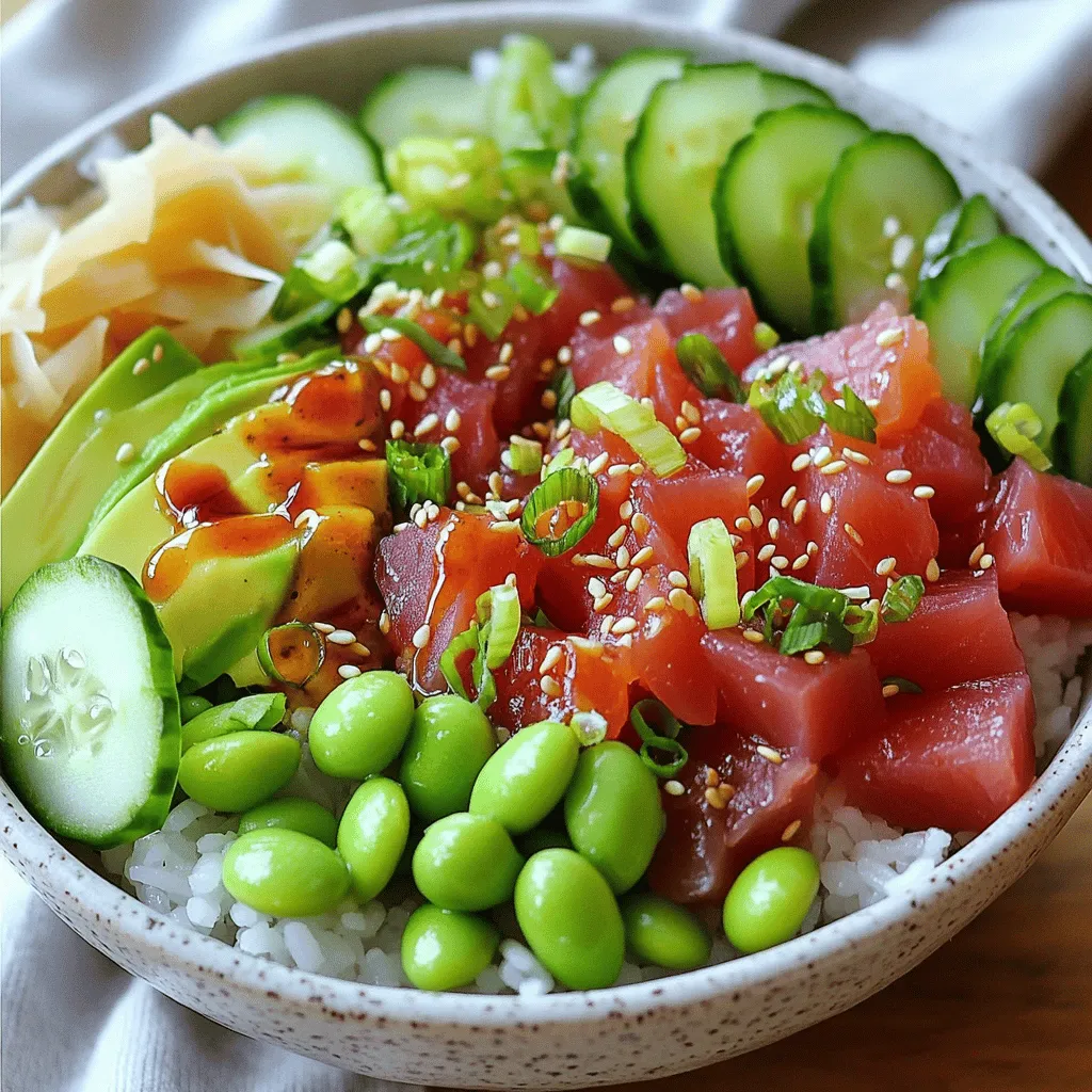 - 1 cup sushi rice - 1 1/4 cups water - 1/2 pound sushi-grade tuna, diced - 2 tablespoons soy sauce - 1 tablespoon sesame oil - 1 tablespoon Sriracha (adjust to taste) - 1 teaspoon honey - 1 tablespoon green onions, sliced - 1 tablespoon seaweed salad - 1 avocado, sliced - 1/2 cucumber, thinly sliced - 1/4 cup edamame, shelled - Sesame seeds for garnish - Pickled ginger for serving Fresh ingredients make a huge difference in your poke bowl. Fresh sushi-grade tuna gives you the best flavor and texture. It should look bright and shiny. When using fresh ingredients, you enhance both taste and presentation. Fresh vegetables add crunch and color. They also provide nutrients. For the best experience, buy your ingredients on the same day you make your poke bowl. If you have allergies, you can still enjoy this dish. Here are some easy swaps: - Soy sauce: Use tamari for a gluten-free option. - Sesame oil: Try avocado oil or olive oil if you're allergic. - Sriracha: If you need a milder sauce, use sweet chili sauce instead. - Tuna: Substitute with cooked shrimp, crab, or tofu for a different taste. These substitutions help you enjoy a tasty poke bowl while keeping your dietary needs in check. Start by rinsing the sushi rice under cold water. Keep rinsing until the water runs clear. This step removes excess starch. Then, combine the rinsed rice and water in a medium saucepan. Bring it to a boil on high heat. Once boiling, lower the heat and cover it. Let it simmer for about 20 minutes. The rice should be tender and all the water should absorb. After cooking, fluff the rice with a fork and let it cool slightly. While the rice cooks, prepare the spicy tuna. Dice the sushi-grade tuna into small pieces. In a bowl, mix the tuna with soy sauce, sesame oil, Sriracha, and honey. Stir well to coat the tuna evenly. Let it marinate for around 10 minutes. This step adds flavor and makes the tuna tender. Now, it’s time to build your poke bowl. Divide the sushi rice into two bowls as your base. Top each bowl with the marinated tuna. Next, add sliced avocado, thin cucumber slices, and shelled edamame. Don’t forget the seaweed salad for extra flavor. For a final touch, sprinkle sliced green onions and sesame seeds on top. Add a dollop of pickled ginger on the side. If you like more heat, drizzle any leftover marinade over everything. Enjoy your spicy tuna poke bowl! For the full recipe, check the provided details. To cook sushi rice, rinse it well. This step removes excess starch. Use one cup of rice and 1.25 cups of water. Boil the water first, then lower the heat and cover. Cook it for about 20 minutes. When done, fluff it with a fork. Let it cool slightly before serving. This keeps it from getting too sticky. If you want more heat, add more Sriracha. Start with one tablespoon. Taste your mix after stirring. You can always add more, but you can't take it away. For less spice, reduce the Sriracha. Try using just a teaspoon. Balance the heat with a bit of honey if it's too spicy. This gives a sweet touch. To make prep easy, use a good knife. A sharp knife cuts the tuna and veggies neatly. A rice cooker is great for cooking sushi rice perfectly. You can also use a mixing bowl to marinate the tuna. A wooden spoon helps to mix without damaging the rice. Finally, use deep bowls for serving. This makes your poke bowl look amazing. Check out the Full Recipe for more details. {{image_2}} If you prefer a vegetarian option, try replacing the tuna with marinated tofu or tempeh. Both provide protein and absorb flavors well. Use soy sauce, sesame oil, and a splash of lime juice to marinate. Avocado can also serve as a creamy base for your poke bowl. Add a mix of colorful veggies like bell peppers or carrots for extra texture. You can elevate your spicy tuna poke bowl with more toppings. Consider adding mango for a sweet twist or pickled radish for crunch. You might also sprinkle some crispy onions or seaweed flakes for added flavor. Each topping brings a new taste and texture, making your bowl even more exciting. To enhance the flavor profile, try using different sauces. A drizzle of ponzu sauce can add a citrusy zing. Or, for a smoky kick, consider using chipotle sauce or smoked sesame oil. Fresh herbs like cilantro or mint can also brighten your dish. Each choice can change the bowl's taste, so feel free to mix and match your favorites. For the complete preparation, check the Full Recipe. To keep your spicy tuna poke bowl fresh, store it in an airtight container. Place the tuna, rice, and toppings in separate containers. This way, the flavors stay bright, and the ingredients remain crisp. You can keep the leftover bowls in the fridge for up to two days. If you need to store them longer, consider freezing the rice separately. Sushi rice can dry out quickly. After cooking, let it cool at room temperature. Once cooled, place it in a container with a lid. Keep it in the fridge for up to three days. To reheat, sprinkle a little water on the rice and microwave it briefly. This method helps keep the rice moist and tasty. - Sushi-grade tuna: Best used within two days of purchase. - Soy sauce: Lasts for months in the pantry, but refrigerate after opening. - Sriracha: Can stay good for up to a year in the fridge. - Avocado: Should be used within one to two days after cutting. - Cucumber: Fresh for about a week in the fridge. - Edamame: Can be frozen for up to six months. Following these storage tips will help maintain the quality and flavor of your spicy tuna poke bowl. For more details, check the Full Recipe. For poke bowls, sushi-grade tuna is the best choice. Look for yellowfin or ahi tuna. These types are fresh and safe to eat raw. Always check that it is labeled sushi-grade. This ensures quality and safety. You can also ask your fishmonger for advice. Freshness is key for flavor and texture. Yes, you can prepare parts of the poke bowl ahead of time. Cook the sushi rice and store it in the fridge. You can also marinate the tuna a few hours before serving. Keep the toppings, like avocado and cucumber, separate until you are ready to eat. This keeps them fresh and crunchy. To prevent mushy sushi rice, rinse it well before cooking. This removes excess starch. Use the right water-to-rice ratio, which is 1.25 cups of water for 1 cup of rice. Cook on low heat and avoid lifting the lid while it cooks. Once done, fluff the rice gently with a fork. This keeps it light and fluffy. Using fresh ingredients is key for great poke bowls. I shared how to prepare sushi rice, marinate tuna, and assemble the bowl. You learned tips for cooking rice, adjusting spice, and tools for quick prep. I also discussed variations like vegetarian options and spicy bowls. Lastly, I covered storage to keep your ingredients fresh. Now, you're ready to make your own poke bowls. Enjoy the process and get creative with flavors!