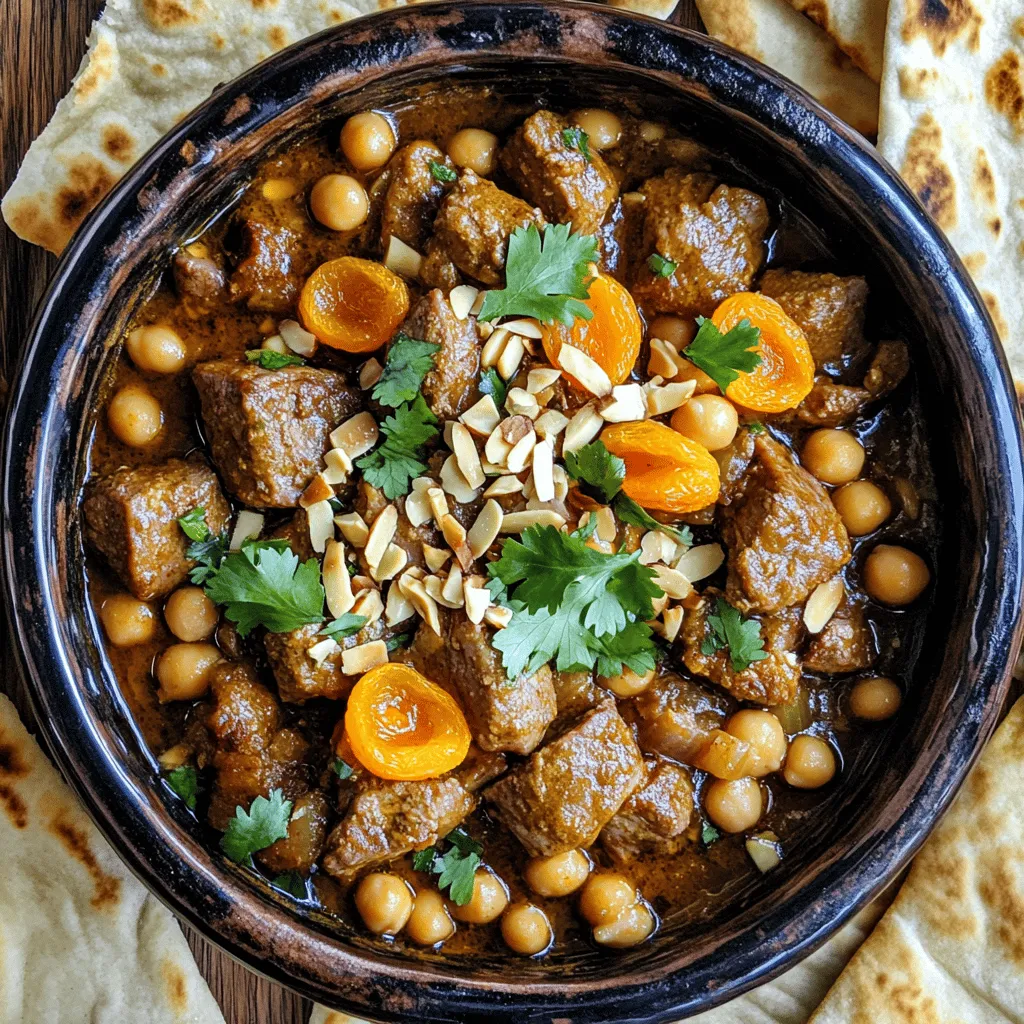 For this dish, you will need: - 1.5 lbs lamb shoulder, cut into 1-inch cubes - 1 large onion, finely chopped - 3 cloves garlic, minced - 1 cup dried apricots, chopped - 1 can (14 oz) chickpeas, drained and rinsed - 1 cup chicken or vegetable broth - 1/4 cup honey - 2 tablespoons olive oil These ingredients give the dish its rich and warm flavor. The lamb shoulder is perfect for slow cooking. It becomes tender and flavorful after simmering. The spices create the magic in Moroccan lamb tagine. You will need: - 2 tsp ground cumin - 2 tsp ground cinnamon - 1 tsp ground ginger - 1 tsp turmeric - 1 tsp cayenne pepper (adjust to taste) - Salt and pepper, to taste Using these spices adds depth and warmth. The cinnamon and cumin stand out, giving you a taste of Morocco. For presentation, consider these garnishes: - 1/2 cup slivered almonds, toasted - Fresh cilantro or parsley, for garnish These garnishes not only look nice but also add texture and flavor. The toasted almonds give a nice crunch. Fresh herbs brighten the dish. For the full recipe, check out the details above. Enjoy making this flavorful delight! First, gather all your ingredients. You will need lamb shoulder, onion, garlic, spices, broth, apricots, chickpeas, honey, almonds, and olive oil. The prep work is quick and easy. 1. Chop the onion finely. 2. Minced the garlic to release its flavor. 3. Cut the lamb into 1-inch cubes. 4. Combine spices in a bowl: cumin, cinnamon, ginger, turmeric, cayenne, salt, and pepper. Mix the spices well. This step is key to flavor. Coat the lamb cubes with the spice mix. This ensures each piece gets tasty seasoning. Heat the olive oil in your tagine or pot over medium heat. Once hot, add the chopped onion. Cook until it turns translucent, about five minutes. Next, toss in the minced garlic. Sauté for about a minute until you can smell it. Now, add the spiced lamb to the pot. Brown the lamb on all sides for about 5 to 7 minutes. This step locks in the flavors. Once browned, pour in the chicken or vegetable broth. Stir in the chopped apricots and honey. Bring the mixture to a simmer. Cover the pot with a lid. Reduce the heat to low and let it cook for 1.5 to 2 hours. Stir occasionally. The lamb will become tender, and the flavors will blend perfectly. In the last ten minutes, add the rinsed chickpeas. Taste the dish and adjust the seasoning with salt and pepper if needed. When the cooking time is up, your tagine is ready! Sprinkle toasted slivered almonds on top. This adds a nice crunch. For a colorful finish, garnish with fresh cilantro or parsley. Serve your Moroccan Lamb Tagine with fluffy couscous or warm flatbreads. These sides are perfect for soaking up the delicious sauce. For the complete recipe, you can refer to the Full Recipe. Enjoy your flavorful delight! To make your Moroccan lamb tagine shine, focus on the spices. They are key! Use fresh spices for a bright taste. Toasting whole spices can boost flavor too. Mix them well with lamb, so every bite is full of flavor. A squeeze of lemon juice at the end adds a nice touch. Try adding pomegranate seeds for a pop of sweetness and color. This dish gets better with time. Cook it a day before serving to let the flavors meld. Store it in the fridge once it cools. When ready to serve, just reheat gently on the stove. The lamb will be even more tender and tasty. This makes it great for dinner parties or busy weeknights. Everyone has different tastes, so feel free to adjust the spices. If you like more heat, add extra cayenne pepper. For a milder flavor, cut back on the spices. Always taste as you go. This way, you can find the perfect balance for your dish. Remember, cooking is about what makes you happy. Enjoy the process! For the complete recipe, check out the Full Recipe above. {{image_2}} You can swap lamb for other meats. Beef works well in this dish. You can also use chicken for a lighter option. Each choice brings its own unique flavor. Just adjust the cooking time. Make sure the meat is tender and juicy. For a vegetarian twist, replace the lamb with hearty vegetables. Try using root vegetables like carrots and potatoes. You can also add chickpeas for protein. This keeps the dish filling and nutritious. Use vegetable broth instead of chicken broth. You can still enjoy all the spices and flavors. Feel free to change the dried apricots based on the season. In summer, fresh peaches add a nice touch. In fall, try using apples or pears. These fruits will give a new taste to your tagine. Adjust the cooking times as needed for fresh fruits. Each swap brings a fresh twist to this classic dish. For the full recipe, you can find it above. Enjoy creating your own Moroccan Lamb Tagine with Apricots! After making Moroccan Lamb Tagine with Apricots, let it cool. Transfer it to an airtight container. Store in the fridge for up to three days. This helps keep the flavors fresh and tasty. You can also freeze the tagine for later. Once cooled, put it in a freezer-safe container. It will stay good for up to three months. Make sure to label it with the date. This way, you can enjoy it later without worry. To reheat, take the tagine out of the fridge or freezer. For fridge leftovers, warm it up on the stove over low heat. If frozen, let it thaw overnight in the fridge first. You can also use the microwave. Just heat in short bursts, stirring in between. Enjoy your flavorful delight! Making Moroccan Lamb Tagine takes about 2 hours and 20 minutes. You spend 20 minutes prepping ingredients. Then, you cook the dish for 1.5 to 2 hours. This slow cooking makes the lamb tender and full of flavor. Yes, you can use fresh apricots. However, dried apricots work best. They bring a sweet flavor that blends well with the spices. Fresh apricots can spoil faster and may need less cooking time. A tagine is a special pot made from clay. It has a cone-shaped lid. This design helps keep moisture in and cooks food evenly. A regular pot does not have this shape. It may not trap steam as well, leading to different results. Moroccan Lamb Tagine can be spicy, but you control the heat. The recipe includes cayenne pepper. You can add more or less based on your taste. Most people find it flavorful, not too hot. This blog post explored making Moroccan Lamb Tagine. We covered its key ingredients, spices, and garnishes. I shared each step—from prep to cooking and final touches. You learned tips for flavor, how to make it ahead of time, and spice adjustments. I also discussed tasty variations, storage info, and answered common questions. Embrace creativity when you try this dish. Make it yours while enjoying rich flavors.