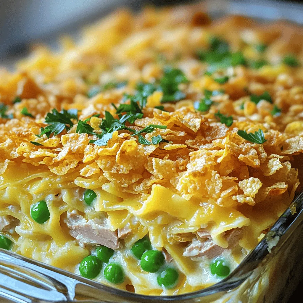 To make this dish, you need a few key items. Here’s what you’ll need: - 12 oz egg noodles - 2 cans (5 oz each) tuna in water, drained and flaked - 1 can (10.5 oz) cream of mushroom soup - 1 cup frozen peas - 1 cup shredded cheddar cheese - 1 cup milk - 1 small onion, finely chopped - 1 teaspoon garlic powder - 1 teaspoon black pepper - 1 teaspoon salt - 1 cup crushed potato chips or breadcrumbs for topping - 2 tablespoons olive oil or melted butter These ingredients come together to create a warm, creamy dish that is full of flavor. You can add your own twist to the casserole. Here are some optional ingredients you might like: - 1 cup cooked, diced celery for crunch - 1 cup sliced mushrooms for extra flavor - 1 teaspoon dried herbs like thyme or oregano - 1 cup cooked chicken or shrimp for added protein Feel free to mix and match these to make the dish your own. If you don’t have something on hand, don’t worry! Here are some substitutes: - Swap egg noodles for whole wheat pasta or gluten-free pasta. - Use cream of chicken soup instead of cream of mushroom soup for a different taste. - Replace cheddar cheese with mozzarella or pepper jack for a new flavor. - Instead of tuna, you can use canned salmon or chickpeas for a vegetarian option. These swaps can help you make the casserole with what you have. For the full recipe, check out [Full Recipe]. First, gather your ingredients. You will need: - 12 oz egg noodles - 2 cans (5 oz each) tuna in water, drained and flaked - 1 can (10.5 oz) cream of mushroom soup - 1 cup frozen peas - 1 cup shredded cheddar cheese - 1 cup milk - 1 small onion, finely chopped - 1 teaspoon garlic powder - 1 teaspoon black pepper - 1 teaspoon salt - 1 cup crushed potato chips or breadcrumbs for topping - 2 tablespoons olive oil or melted butter Start by preheating your oven to 350°F (175°C). Next, cook the egg noodles in a large pot of salted boiling water. Follow the package instructions until they are al dente. Drain the noodles and set them aside for later. In a large mixing bowl, mix together the drained tuna, cream of mushroom soup, frozen peas, shredded cheddar cheese, milk, chopped onion, garlic powder, black pepper, and salt. Stir until everything is combined well. Gently fold the cooked egg noodles into the mixture. Ensure that every noodle gets a bit of that creamy goodness. Now it’s time to prepare your baking dish. Grease a 9x13 inch baking dish with olive oil or melted butter. Pour your tuna noodle mixture into the dish and spread it out evenly. Top your casserole with crushed potato chips or breadcrumbs. This adds a nice crunch. Bake in your preheated oven for 25-30 minutes. Look for a bubbly center and golden brown top to know it’s ready. Once your casserole is out of the oven, let it cool for a few minutes. This helps the flavors settle. Serve it straight from the dish for a cozy feel. You can add a sprinkle of fresh parsley or chives for color. Pair it with a simple side salad for a complete meal. Enjoy every comforting bite! For the full recipe, check out the [Full Recipe]. When making Classic Tuna Noodle Casserole, avoid overcooking the noodles. Noodles should be al dente. If you cook them too long, they become mushy in the casserole. Another mistake is using too little liquid. Ensure you add enough milk and soup for a creamy base. Also, do not skip the seasoning. Salt and pepper enhance the dish's flavor. Lastly, avoid using stale toppings. Fresh potato chips or breadcrumbs give a nice crunch. To boost flavor, try adding fresh herbs. Chopped parsley or dill works well. You can also mix in sautéed mushrooms or bell peppers for extra texture. For a cheesy twist, use different cheeses like Monterey Jack or Gouda. Adding a splash of hot sauce or Worcestershire sauce can add depth to the dish. Consider topping the casserole with crispy fried onions for added crunch and flavor. Using the right tools makes cooking easier. A large pot is essential for boiling noodles. A mixing bowl helps combine all the ingredients well. A 9x13 inch baking dish is perfect for this recipe. A spatula is useful for folding the noodles into the mixture. Lastly, an oven thermometer ensures your oven is at the right temperature. Following these tips will help you create a fantastic casserole. For full details on the recipe, check out the Full Recipe section. {{image_2}} You can change the protein in this dish to keep it exciting. Instead of tuna, try chicken or salmon. Both work well and bring their own unique flavor. You can also use canned shrimp for a seafood twist. Just remember to adjust cooking times as needed. These changes still keep the dish creamy and comforting. If you prefer a vegetarian option, swap the tuna for mushrooms or chickpeas. Both add a nice, hearty texture. You can also use cooked lentils for a boost of protein. Add more veggies like bell peppers, spinach, or zucchini. This keeps the casserole colorful and healthy. The cream of mushroom soup brings a rich taste, making it still feel like a classic. For a gluten-free dish, choose gluten-free pasta or rice noodles. Many brands offer good options that taste great. You can also make your own cream of mushroom soup using gluten-free flour or cornstarch. Ensure all your ingredients, like the potato chips or breadcrumbs, are certified gluten-free. This way, everyone can enjoy a comforting bowl of tuna noodle casserole. For more details, check out the Full Recipe. You can store leftover tuna noodle casserole in an airtight container. Let it cool first, then cover it tightly. This will keep it fresh for about 3-4 days in the fridge. If you want to save it longer, consider freezing it. Make sure to label the container with the date so you remember when you made it. To reheat the casserole, you have a few options. The best way is to use the oven. Preheat it to 350°F (175°C). Place the casserole in an oven-safe dish and cover it with foil. Heat for about 20-25 minutes or until it’s hot throughout. You can also use the microwave. Place a portion on a microwave-safe plate and cover it. Heat on high for about 2-3 minutes, checking every minute until hot. Freezing is a great option if you want to save casserole for later. First, let it cool completely. Then, place it in a freezer-safe container. You might also use foil to wrap it tightly. It will stay good in the freezer for about 2-3 months. When you’re ready to eat it, thaw it in the fridge overnight before reheating. Enjoy your classic tuna noodle casserole anytime! Yes, you can make Classic Tuna Noodle Casserole ahead of time. Prepare the dish, but do not bake it. Cover the casserole with foil or plastic wrap. Store it in the fridge for up to two days. When ready to bake, just remove the cover and place it in the oven. You might need to add a few extra minutes to the cooking time. Tuna Noodle Casserole pairs well with many sides. Here are some ideas: - Fresh garden salad - Steamed green beans - Roasted vegetables - Garlic bread - Coleslaw These sides add color and balance to the meal. Try mixing and matching to find your favorite combo. Tuna Noodle Casserole lasts about three to four days in the fridge. Store it in an airtight container. When you want to eat it, just reheat in the oven or microwave. This dish tastes great, even as leftovers! If you want to keep it longer, consider freezing it. Check out the Full Recipe for more tips on storage and reheating. This blog post covered the classic tuna noodle casserole, its main and optional ingredients, and how to customize it. I explained step-by-step how to prepare and bake the dish, along with tips for serving. We explored common mistakes and ways to enhance flavor. I also shared variations like vegetarian and gluten-free options. Finally, I provided storage tips for leftovers and answered common questions. This easy dish brings comfort and warmth to any table. You can make it your own and enjoy it over and over. Happy cooking!