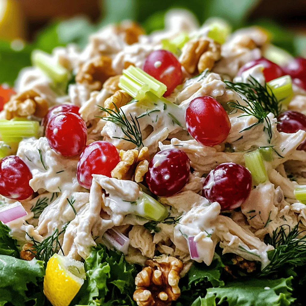 For a tasty Greek yogurt chicken salad, gather these key items: - 2 cups cooked chicken breast, shredded - 1 cup plain Greek yogurt - 1/4 cup mayonnaise (optional for creaminess) - 1/2 cup celery, finely chopped - 1/2 cup red grapes, halved - 1/4 cup walnuts, chopped - 1/4 cup red onion, finely chopped - 2 tablespoons fresh dill, chopped - 1 tablespoon lemon juice - Salt and pepper to taste These ingredients create a delicious and healthy base. The chicken and Greek yogurt form a rich, protein-packed core. The celery provides a nice crunch, while the grapes add a burst of sweetness. Walnuts give texture and healthy fats, and the red onion adds a sharp bite. A serving of this salad has about 330 calories. Here's a quick breakdown: - Protein: 30 grams - Carbohydrates: 15 grams - Fat: 15 grams Greek yogurt shines here. It offers a creamy texture with fewer calories than mayonnaise. It packs protein and probiotics, which are great for gut health. This dish also provides vitamins from the veggies and fruits, making it a balanced meal. For the full recipe, check out the [Full Recipe]. Start with two cups of cooked chicken breast. You can cook it yourself or use rotisserie chicken for ease. If you use rotisserie chicken, just shred the meat into bite-sized pieces. This saves time and adds flavor. To shred chicken, use two forks. Pull the chicken apart gently. You want nice, small bits. This helps mix the chicken with the other ingredients well. In a large bowl, combine the shredded chicken with one cup of plain Greek yogurt. If you want it creamier, add a quarter cup of mayonnaise. Mix them together until the chicken is fully coated. Next, add in half a cup of finely chopped celery, half a cup of halved red grapes, and a quarter cup of chopped walnuts. Also, add a quarter cup of finely chopped red onion and two tablespoons of fresh dill. Finally, drizzle one tablespoon of lemon juice over the mix. Season with salt and pepper to taste. When you mix, be gentle. Use a spatula to fold the ingredients together. This keeps the grapes and walnuts intact. You want to avoid mashing them. Chilling the salad is key. It helps the flavors blend well. Cover the bowl with plastic wrap. Refrigerate it for at least 30 minutes. This lets the salad develop a richer taste. When ready to serve, you can enjoy it on a bed of mixed greens, in a sandwich, or in lettuce wraps. For the full recipe, visit the recipe section. To boost flavor in your Greek yogurt chicken salad, consider adding fresh herbs. Chopped parsley, basil, or tarragon can bring a fresh twist. A sprinkle of garlic powder or smoked paprika can add depth. If you want more zing, a dash of hot sauce or a squeeze of lime can make it pop. For creaminess, you can adjust the Greek yogurt. If you want it richer, add a little mayonnaise. You can also mix in avocado for a buttery texture. Just remember, balance is key. Prevent over-mixing to keep your salad light. When you combine the ingredients, gently fold them together. This keeps the grapes and walnuts whole and adds nice crunch. Use a spatula or wooden spoon for the best results. To get a balanced mix, chop your veggies and fruits uniformly. This way, you get a bit of everything in every bite. If you add nuts, chop them coarsely. This adds texture without overwhelming the dish. For a beautiful presentation, serve the salad on a bed of mixed greens. You can also use lettuce leaves as wraps for a fun twist. Garnish with extra dill or a sprinkle of nuts on top. Pair your salad with whole-grain crackers or pita chips for a crunchy side. A light vinaigrette or hummus works well as a dip. You can find the Full Recipe for more details on making this tasty dish. {{image_2}} You can switch the chicken for tuna or chickpeas. Tuna adds a nice salty flavor. Chickpeas make it hearty and filling. Both options are tasty and offer different textures. Feel free to mix in different nuts and fruits. Try almonds or pecans for a crunch. For fruits, apples or cranberries work well too. These swaps create new tastes and keep it fun! You can make a low-fat version by using reduced-fat yogurt. This keeps the dish light but still creamy. For a vegan option, replace chicken with chickpeas and use dairy-free yogurt. It’s easy to adapt this dish for various diets. If you need gluten-free options, this salad is already safe. Just ensure all your ingredients are gluten-free. It’s simple to enjoy without worries! Get creative with Mediterranean-style additions. Add olives, feta cheese, or sun-dried tomatoes for a flavor boost. These ingredients make it bright and savory. For a spicy kick, try adding jalapeños or curry powder. This twist gives the salad a new dimension. You can adjust the heat level to your liking. Enjoy experimenting with flavors! Check out the Full Recipe for more details on making this dish. To store leftover Greek yogurt chicken salad, place it in an airtight container. This helps keep moisture in and prevents odors from other foods. It is best to eat the salad within three days for the best taste and texture. The shelf life of Greek yogurt chicken salad is about three to five days when stored properly in the fridge. You can freeze chicken salad, but I do not recommend it. Freezing changes the texture of the Greek yogurt and makes it watery. If you decide to freeze it, use an airtight container. When you thaw it, do it slowly in the fridge overnight to help maintain some texture. You can eat Greek yogurt chicken salad cold, right from the fridge. If you want to warm it, use a microwave. Heat in short bursts, stirring often. Be careful not to overheat, as it can change the texture. After refrigeration, serve it on a fresh bed of greens or in a wrap to keep it enjoyable and fresh. For the full recipe, check out the details above. You can try several options if you need a substitute for Greek yogurt. - Dairy-Free Alternatives: You can use coconut yogurt or almond yogurt. Both provide creaminess without dairy. - Other Creamy Substitutes: Consider using sour cream or cottage cheese. Both can mimic the texture of Greek yogurt. These substitutes will change the flavor slightly but will still give a tasty salad. Greek yogurt chicken salad is safe to keep in the fridge for up to three days. - Food Safety Guidelines for Leftovers: Always store it in an airtight container. This helps keep it fresh and safe to eat. - Signs of Spoilage to Watch For: If you see any changes in color or smell a sour odor, discard it. Freshness is key for a great flavor. Yes, you can prepare this salad in advance. - Best Timing for Prep and Serving: I suggest making it a day before serving. This way, it has time to chill and the flavors mix well. - Flavor Development by Chilling: Chilling the salad allows the tastes to blend. It makes every bite more delicious. For the complete recipe, check out the Full Recipe section! This guide covered the key ingredients, steps, and tips for making Greek yogurt chicken salad. I shared ingredient options, flavor variations, and storage tips. Remember, you can customize this dish for any diet or preference. After a proper chill, you’ll enjoy a tasty and healthy meal. Use the information here to make it your own. Enjoy experimenting with flavors and textures that suit your taste!