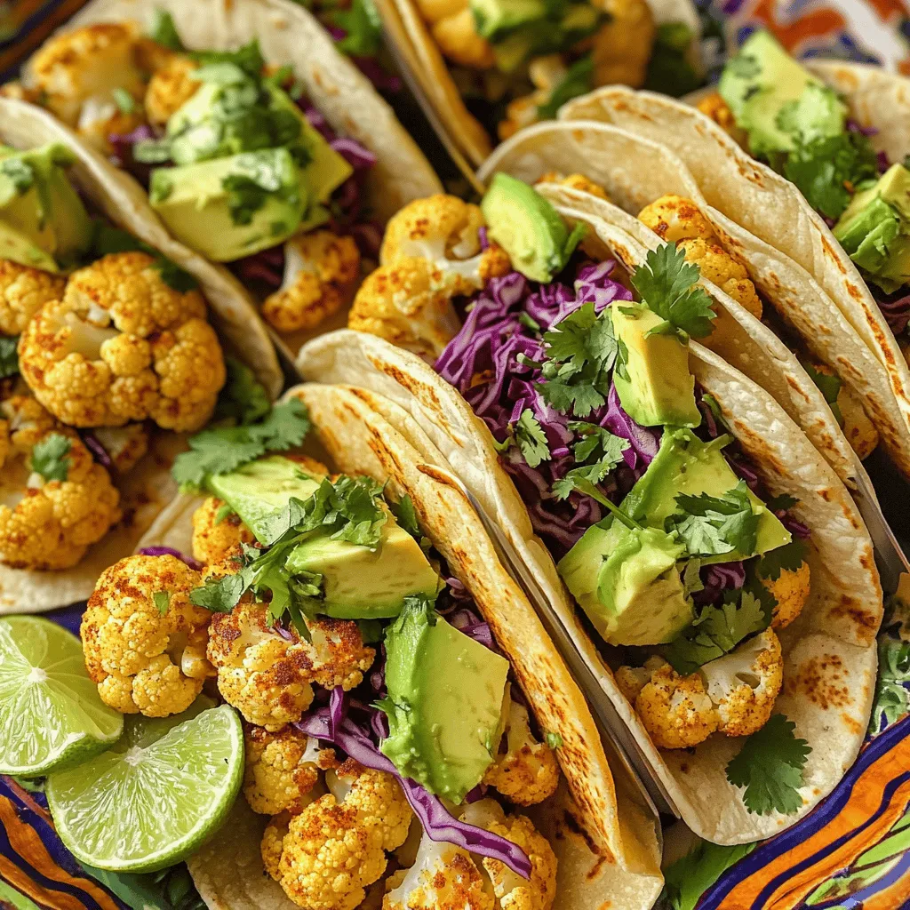 To make roasted cauliflower tacos, you need a few key items. Here’s what you’ll need: - 1 medium head of cauliflower, cut into florets - 2 tablespoons olive oil - 1 teaspoon smoked paprika - 1 teaspoon cumin - 1 teaspoon garlic powder - 1 teaspoon chili powder - Salt and pepper to taste - 8 small corn tortillas These ingredients create a delicious base for your tacos. The cauliflower gets crispy and flavorful when roasted. You can add toppings to make your tacos even better. Here are some great options: - 1 cup red cabbage, shredded - 1 ripe avocado, sliced - 1/4 cup fresh cilantro, chopped - Lime wedges for serving - Optional: hot sauce for added spice These toppings add color, texture, and taste. The avocado brings creaminess, while the cabbage adds crunch. Seasoning is key to tasty tacos. Here are the best choices: - Smoked paprika for a warm, smoky flavor - Cumin for earthy notes - Garlic powder for depth - Chili powder for a bit of heat - Salt and pepper to enhance all the flavors These seasonings work well together to make each bite burst with flavor. For the full recipe, you can check the complete instructions to bring your tacos to life! Start by cutting your cauliflower into small florets. This helps them cook evenly. Place the florets in a large bowl. Drizzle them with olive oil. Add smoked paprika, cumin, garlic powder, chili powder, salt, and pepper. Toss the florets well until they are fully coated. This mix adds a lot of flavor. Preheat your oven to 425°F (220°C). Line your baking sheet with parchment paper to prevent sticking. Spread the seasoned cauliflower on the sheet. Make sure they are in a single layer. This helps them roast nicely. Roast for 25-30 minutes. Stir them halfway through cooking. They should become golden brown and tender when done. While the cauliflower roasts, warm your corn tortillas. Use a dry skillet over medium heat. Heat each tortilla for about 30 seconds on each side. This makes them soft and easy to fold. Once the cauliflower is ready, it's time to build your tacos. Place a good amount of roasted cauliflower on each tortilla. Top them with shredded red cabbage, avocado slices, and fresh cilantro. Serve your tacos with lime wedges on the side. If you like heat, add some hot sauce. Enjoy this tasty meal! For more details, check the Full Recipe. To get the best flavor from your cauliflower, cut it into small florets. This helps them roast evenly. When you mix them with olive oil and spices, make sure every piece gets coated. Spread them out on the baking sheet. Crowding causes steaming, which makes them soggy. Roast at 425°F (220°C) for 25-30 minutes. Stir halfway through to get that nice golden color. Serve your tacos on a bright platter to make them pop. You can add a sprinkle of extra cilantro for color. A few lime wedges on the side offer a fresh squeeze of juice. If you want a crunch, shredded cabbage works well. Pair with a cold drink, like iced tea or a refreshing soda. Sauces can make your tacos even tastier. Try a simple lime crema made by mixing sour cream with lime juice. For spice lovers, a drizzle of hot sauce adds a kick. You can also use salsa for freshness. Feel free to experiment! Each sauce gives a new twist to the same taco base. For the full recipe, check out the detailed steps above. {{image_2}} You can easily make Roasted Cauliflower Tacos vegan. The base recipe is already plant-based. Simply use corn tortillas, which are often vegan-friendly. Skip the cheese or sour cream, and load up on fresh veggies. I love adding extra avocado or even a vegan crema for creaminess. You can use cashews blended with lime juice and garlic for a tasty sauce. If you want a change from corn tortillas, try flour or whole wheat tortillas. They add a different flavor and texture. You can also use lettuce wraps for a low-carb option. Just take large lettuce leaves and fill them with roasted cauliflower and toppings. It’s fresh and fun! Toppings make these tacos even better. You can add diced tomatoes, pickled onions, or even mango salsa. Each topping brings a new taste. I suggest mixing in different herbs like mint or basil to change it up. Hot sauce or a squeeze of lime can add a nice kick. Each bite can be a new adventure! For the full recipe, check out the recipe section above. To store your leftover roasted cauliflower tacos, place them in an airtight container. Keep them in the fridge for up to three days. Make sure to separate the tortillas from the filling. This keeps the tortillas from getting soggy. You can also store the roasted cauliflower on its own. It will stay fresh and tasty for the same time. When you’re ready to eat your leftovers, reheat them in a skillet. Heat the skillet over medium heat. Add the cauliflower and warm it for about five minutes. You can reheat the tortillas in the same skillet for a minute on each side. This will make them warm and soft again. If you prefer, you can use a microwave. Just make sure to cover the tacos with a damp paper towel. This helps keep them from drying out. If you want to save some tacos for later, freezing is a great option. Place the roasted cauliflower in a freezer-safe bag. Remove as much air as you can before sealing it. You can freeze the cauliflower for up to three months. When you’re ready to use it, thaw it overnight in the fridge. Reheat it as described above. Just remember, the tortillas do not freeze well. It’s best to use fresh tortillas when you’re ready to eat. For the best taste, make the tacos fresh after reheating the cauliflower. You can find the full recipe for roasted cauliflower tacos to prepare more whenever you want! Yes, you can prepare roasted cauliflower tacos ahead of time. Roast the cauliflower and store it in an airtight container. You can keep it in the fridge for up to three days. When ready to eat, warm the cauliflower in the oven. This keeps it crispy. If you want a change, you can use other veggies. Try roasted sweet potatoes or mushrooms. Zucchini or bell peppers also work well. Each veggie will give a new taste and texture to the tacos. Feel free to mix and match! Roasted cauliflower tacos have about 250 calories per serving. This includes the tortillas and toppings. The exact number may change based on the toppings you choose. You can make them lighter or richer based on what you add. For a full breakdown, check the Full Recipe. Roasted cauliflower tacos are tasty and easy to make. We covered main ingredients, optional toppings, and seasonings. You learned how to prep, roast, and assemble the tacos. I shared tips for perfect roasting and serving ideas. We explored vegan options and different tortillas too. Storage pointers help keep leftovers fresh. With all this, you can enjoy these tacos any time. Get creative with flavors and toppings for a fun meal. Enjoy making and sharing them!