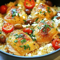 - 4 boneless, skinless chicken thighs - 1 cup jasmine rice - 2 cups chicken broth - 1 medium onion, diced - 3 cloves garlic, minced - 1 teaspoon dried oregano - 1 teaspoon dried thyme - 1 teaspoon paprika - 1 cup cherry tomatoes, halved - 1/2 cup Kalamata olives, pitted and sliced - 1/2 cup feta cheese, crumbled - 2 tablespoons olive oil - Salt and pepper to taste - Fresh parsley for garnish When I make One Pot Greek Chicken and Rice, I love to gather all the ingredients first. It makes cooking so much easier. The chicken thighs are the star of this dish. They stay moist and full of flavor. The jasmine rice is perfect here. It cooks well and absorbs all the tasty broth. Chicken broth adds depth, while the onion and garlic bring a sweet aroma. Herbs like oregano and thyme give a fresh taste. Paprika adds a nice color and a hint of spice. The cherry tomatoes burst with sweetness, and Kalamata olives add a salty bite. Feta cheese is the cherry on top, adding creamy texture. I always finish with fresh parsley for a pop of color. These ingredients come together to create a savory delight that’s sure to impress. For the complete cooking instructions, check out the Full Recipe. This dish uses a one-pot method, which makes cooking and cleanup simple. You’ll brown the chicken, sauté the veggies, toast the rice, and add broth. This way, all the flavors blend together nicely. - Heat olive oil and brown the chicken thighs Start by heating 2 tablespoons of olive oil in a large pot over medium heat. Season the chicken thighs with salt, pepper, and paprika. When the oil is hot, add the chicken. Brown it for about 5 minutes on both sides. When done, take it out and set it aside. - Sauté onion and garlic In the same pot, add the diced onion. Sauté until it turns translucent, about 3-4 minutes. Next, stir in 3 minced garlic cloves. Cook for another minute. This step fills your kitchen with a great aroma! - Toast the rice and add chicken broth Add 1 cup of jasmine rice to the pot. Stir it for 1-2 minutes to toast it lightly. Pour in 2 cups of chicken broth and return the browned chicken to the pot. Then, sprinkle 1 teaspoon each of dried oregano and thyme over the top. For the full recipe, follow the steps closely, and you’ll have a tasty meal ready in no time! To make this dish shine, seasoning is key. First, season your chicken well. Use salt, pepper, and paprika. This simple step adds flavor. You can also add garlic powder or lemon zest for a twist. Cooking rice can be tricky. Always rinse jasmine rice before cooking. This removes excess starch, making the rice fluffy. When you add broth, ensure it’s hot. This helps the rice cook evenly. For extra flavor, consider adding more herbs. Fresh herbs like parsley or dill enhance the taste. You can also use lemon juice for brightness. Toss in bell peppers or spinach for added nutrition. You can find the full recipe in the earlier section. Enjoy your cooking! {{image_2}} You can switch proteins in this dish. For example, chicken breasts work well. Shrimp also adds a nice touch. Just adjust the cooking time. Shrimp cooks faster than chicken. You can also pick different rice types. Brown rice is a great option. It adds a nutty flavor and more fiber. Basmati rice gives a fragrant twist. Keep in mind that cooking times may change. Adding herbs or spices can change the taste. Try fresh dill or parsley for a bright flavor. You can also add cumin for a warm note. Experiment with your favorite seasonings. Adding vegetables can make your meal heartier. Bell peppers add color and sweetness. Spinach gives a lovely green touch and nutrition. Feel free to mix and match your choices. For more ideas, check the Full Recipe. After enjoying One Pot Greek Chicken and Rice, you might have some leftovers. Storing them correctly keeps them fresh and tasty. - Best practices for refrigeration: Let the dish cool to room temperature first. Then, transfer it to an airtight container. Store it in the fridge for up to 3 days. This helps keep the flavors intact. - Tips for freezing the dish: To freeze, place cooled leftovers in a freezer-safe container. Make sure to leave some space at the top for expansion. You can freeze it for up to 3 months. Label the container with the date for easy tracking. Reheating your leftovers can be simple and keeps the meal flavorful. - Steps for reheating without losing flavor: When ready to eat, thaw the dish overnight in the fridge if frozen. Heat it in a pot over medium heat, stirring occasionally. You can also add a splash of chicken broth for moisture. If using a microwave, cover the dish and heat in short intervals, stirring in between to heat evenly. Enjoy your meal as if it were fresh! How long does it take to cook One Pot Greek Chicken and Rice? It takes about 40 minutes to cook this dish. You spend 10 minutes prepping the ingredients and 30 minutes cooking. The rice absorbs the broth and flavors from the chicken. You will enjoy every bite. Can I make this dish ahead of time? Yes, you can make this dish ahead of time. It tastes great when reheated. Just cook it, let it cool, and store it in the fridge. It stays fresh for up to three days. How should I store leftovers? Store leftovers in an airtight container. Keep it in the fridge for up to three days. If you want to keep it longer, freeze it. Just thaw it overnight before reheating. What can I serve with One Pot Greek Chicken and Rice? You can serve this dish with a simple Greek salad. The fresh veggies will balance the meal. Pita bread or tzatziki sauce also pairs well. You can even add a glass of white wine for a special touch. This blog post covered a simple, tasty One Pot Greek Chicken and Rice recipe. We discussed essential ingredients like chicken thighs, jasmine rice, and Kalamata olives. I shared easy steps to cook your meal, tips for perfecting it, and variations to keep things interesting. Remember, you can adjust the dish to suit your taste. Consider how you store and reheat leftovers for the best results. Enjoy the cooking process and make this meal your own!