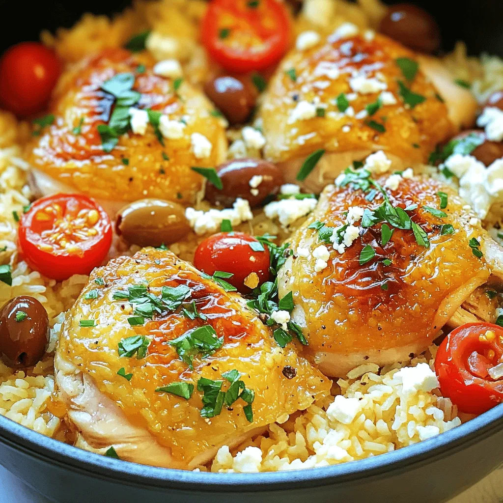 - 4 boneless, skinless chicken thighs - 1 cup jasmine rice - 2 cups chicken broth - 1 medium onion, diced - 3 cloves garlic, minced - 1 teaspoon dried oregano - 1 teaspoon dried thyme - 1 teaspoon paprika - 1 cup cherry tomatoes, halved - 1/2 cup Kalamata olives, pitted and sliced - 1/2 cup feta cheese, crumbled - 2 tablespoons olive oil - Salt and pepper to taste - Fresh parsley for garnish When I make One Pot Greek Chicken and Rice, I love to gather all the ingredients first. It makes cooking so much easier. The chicken thighs are the star of this dish. They stay moist and full of flavor. The jasmine rice is perfect here. It cooks well and absorbs all the tasty broth. Chicken broth adds depth, while the onion and garlic bring a sweet aroma. Herbs like oregano and thyme give a fresh taste. Paprika adds a nice color and a hint of spice. The cherry tomatoes burst with sweetness, and Kalamata olives add a salty bite. Feta cheese is the cherry on top, adding creamy texture. I always finish with fresh parsley for a pop of color. These ingredients come together to create a savory delight that’s sure to impress. For the complete cooking instructions, check out the Full Recipe. This dish uses a one-pot method, which makes cooking and cleanup simple. You’ll brown the chicken, sauté the veggies, toast the rice, and add broth. This way, all the flavors blend together nicely. - Heat olive oil and brown the chicken thighs Start by heating 2 tablespoons of olive oil in a large pot over medium heat. Season the chicken thighs with salt, pepper, and paprika. When the oil is hot, add the chicken. Brown it for about 5 minutes on both sides. When done, take it out and set it aside. - Sauté onion and garlic In the same pot, add the diced onion. Sauté until it turns translucent, about 3-4 minutes. Next, stir in 3 minced garlic cloves. Cook for another minute. This step fills your kitchen with a great aroma! - Toast the rice and add chicken broth Add 1 cup of jasmine rice to the pot. Stir it for 1-2 minutes to toast it lightly. Pour in 2 cups of chicken broth and return the browned chicken to the pot. Then, sprinkle 1 teaspoon each of dried oregano and thyme over the top. For the full recipe, follow the steps closely, and you’ll have a tasty meal ready in no time! To make this dish shine, seasoning is key. First, season your chicken well. Use salt, pepper, and paprika. This simple step adds flavor. You can also add garlic powder or lemon zest for a twist. Cooking rice can be tricky. Always rinse jasmine rice before cooking. This removes excess starch, making the rice fluffy. When you add broth, ensure it’s hot. This helps the rice cook evenly. For extra flavor, consider adding more herbs. Fresh herbs like parsley or dill enhance the taste. You can also use lemon juice for brightness. Toss in bell peppers or spinach for added nutrition. You can find the full recipe in the earlier section. Enjoy your cooking! {{image_2}} You can switch proteins in this dish. For example, chicken breasts work well. Shrimp also adds a nice touch. Just adjust the cooking time. Shrimp cooks faster than chicken. You can also pick different rice types. Brown rice is a great option. It adds a nutty flavor and more fiber. Basmati rice gives a fragrant twist. Keep in mind that cooking times may change. Adding herbs or spices can change the taste. Try fresh dill or parsley for a bright flavor. You can also add cumin for a warm note. Experiment with your favorite seasonings. Adding vegetables can make your meal heartier. Bell peppers add color and sweetness. Spinach gives a lovely green touch and nutrition. Feel free to mix and match your choices. For more ideas, check the Full Recipe. After enjoying One Pot Greek Chicken and Rice, you might have some leftovers. Storing them correctly keeps them fresh and tasty. - Best practices for refrigeration: Let the dish cool to room temperature first. Then, transfer it to an airtight container. Store it in the fridge for up to 3 days. This helps keep the flavors intact. - Tips for freezing the dish: To freeze, place cooled leftovers in a freezer-safe container. Make sure to leave some space at the top for expansion. You can freeze it for up to 3 months. Label the container with the date for easy tracking. Reheating your leftovers can be simple and keeps the meal flavorful. - Steps for reheating without losing flavor: When ready to eat, thaw the dish overnight in the fridge if frozen. Heat it in a pot over medium heat, stirring occasionally. You can also add a splash of chicken broth for moisture. If using a microwave, cover the dish and heat in short intervals, stirring in between to heat evenly. Enjoy your meal as if it were fresh! How long does it take to cook One Pot Greek Chicken and Rice? It takes about 40 minutes to cook this dish. You spend 10 minutes prepping the ingredients and 30 minutes cooking. The rice absorbs the broth and flavors from the chicken. You will enjoy every bite. Can I make this dish ahead of time? Yes, you can make this dish ahead of time. It tastes great when reheated. Just cook it, let it cool, and store it in the fridge. It stays fresh for up to three days. How should I store leftovers? Store leftovers in an airtight container. Keep it in the fridge for up to three days. If you want to keep it longer, freeze it. Just thaw it overnight before reheating. What can I serve with One Pot Greek Chicken and Rice? You can serve this dish with a simple Greek salad. The fresh veggies will balance the meal. Pita bread or tzatziki sauce also pairs well. You can even add a glass of white wine for a special touch. This blog post covered a simple, tasty One Pot Greek Chicken and Rice recipe. We discussed essential ingredients like chicken thighs, jasmine rice, and Kalamata olives. I shared easy steps to cook your meal, tips for perfecting it, and variations to keep things interesting. Remember, you can adjust the dish to suit your taste. Consider how you store and reheat leftovers for the best results. Enjoy the cooking process and make this meal your own!