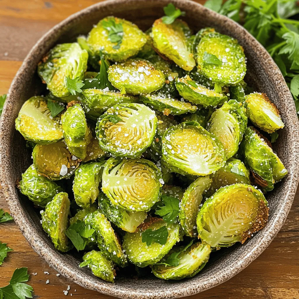 - 1 lb Brussels sprouts - 2 tablespoons olive oil - 1 teaspoon garlic powder - 1 teaspoon paprika - 1/2 teaspoon sea salt - 1/4 teaspoon black pepper - 1/4 teaspoon cayenne pepper (optional) - 1 tablespoon nutritional yeast Crispy Brussels sprout chips are fun to make and tasty to eat. You only need a few simple ingredients to create this healthy snack. Fresh Brussels sprouts are the star here. They add crunch and nutrients. Olive oil helps them crisp up nicely while adding flavor. Garlic powder and paprika give the chips a nice kick. Sea salt and black pepper bring out the taste. If you want a little heat, add cayenne pepper. Nutritional yeast gives the chips a cheesy flavor without any dairy. It's a great way to boost the flavor while keeping it healthy. - High in vitamins and minerals - Low-calorie snack option - Source of dietary fiber Brussels sprouts are not just tasty; they are packed with nutrition. They are high in vitamins C and K. These vitamins help support your immune system and bone health. Plus, they are a low-calorie snack option, making them perfect for any diet. They also provide dietary fiber, which helps with digestion. Eating fiber can keep you full longer, too. So, when you enjoy these crispy chips, you are treating yourself to a snack that's good for your body as well. For the full recipe, check out the instructions that follow! - Rinse and dry the Brussels sprouts. - Trim and halve the Brussels sprouts. First, I rinse the Brussels sprouts under cold water. This step is key to remove dirt and dust. After rinsing, I dry them with a clean kitchen towel. This helps them crisp up later. Next, I trim off the ends of the sprouts. I also remove any yellow or damaged leaves. This ensures I get the best parts of the sprouts. Then, I slice each Brussels sprout in half lengthwise. This creates the perfect shape for chips. - Toss with olive oil and seasonings. - Arrange on baking sheet. In a large bowl, I add the halved Brussels sprouts. I pour in olive oil, garlic powder, paprika, sea salt, black pepper, and cayenne pepper if I want a kick. I toss everything together well. This helps the sprouts absorb the flavors. Once coated, I arrange the Brussels sprout halves on a baking sheet. I place them cut side down for maximum crispiness. Using parchment paper makes for easy cleanup too. - Preheat oven to 375°F. - Bake for 20-25 minutes, flipping halfway. I preheat my oven to 375°F (190°C). This temperature helps them bake evenly. I then place my baking sheet in the oven. I set a timer for 20-25 minutes. Halfway through, I flip the chips for even cooking. I know they are done when the edges turn golden brown and crispy. If you want even more flavor, sprinkle nutritional yeast on top right after they come out. It adds a cheesy taste without the dairy. For the full recipe, refer to the earlier section. To get your Brussels sprout chips really crispy, start by drying them well. Water on the leaves makes them steam instead of crisp up. Use a clean kitchen towel to pat them dry. Next, avoid overcrowding the baking sheet. If the chips touch, they will not bake evenly. Give them space to breathe and crisp up nicely. Don't be afraid to get creative with your spices. Try adding a pinch of cumin or chili powder for a different kick. Nutritional yeast adds a cheesy flavor without any dairy. It balances the spices and makes the chips taste great. Mix and match your favorite seasonings to find the perfect blend. Serve your Crispy Brussels sprout chips in a rustic bowl for a homey feel. This adds charm to your snack. You can also garnish with a sprinkle of sea salt or fresh herbs like parsley. A little color makes the dish pop and looks inviting on your table. {{image_2}} You can boost the flavor of your crispy Brussels sprout chips in fun ways. One easy method is to add cheese or vegan cheese alternatives. Sprinkle some grated Parmesan or nutritional yeast for a cheesy kick. This adds a rich taste without too many calories. You can also try different spices. Cumin gives a warm, earthy flavor, while chili powder adds a nice heat. Mix and match spices to find your favorite blend. You have options when cooking Brussels sprout chips. Air-frying is one great method. It gives you crispy chips with less oil. Simply toss the Brussels sprouts with oil and seasonings, then place them in the air fryer. Cook at 375°F for about 10-15 minutes. Remember to shake the basket halfway for even cooking. Pan-frying is another quick way to prepare these chips. Heat oil in a skillet and add the Brussels sprouts. Stir-fry them until they turn golden and crisp. Incorporating seasonal ingredients can add a fun twist to your chips. For example, in fall, you might add a sprinkle of pumpkin spice. In the summer, toss in some fresh corn for sweetness. You can also enhance your chips with fresh herbs. Rosemary adds a lovely aroma, while thyme gives a hint of earthiness. Mix these in before cooking for an extra layer of flavor in your crispy Brussels sprout chips. Explore these variations to keep your snack exciting! Store leftover Crispy Brussels sprout chips in an airtight container. This keeps them fresh and prevents moisture. Make sure the container seals tightly. You can keep them at room temperature for up to two days. If you want to keep them longer, place them in the fridge. They can last about a week in the fridge, but they may lose some crispiness. To reheat, use an oven or an air fryer. Preheat the oven to 350°F (175°C). Spread the chips in a single layer on a baking sheet. Heat for about 5-10 minutes. This keeps them crispy. The air fryer is also great. Set it to 350°F and cook for about 3-5 minutes. This method works well without adding extra oil. Can you freeze Crispy Brussels sprout chips? Yes, but they may lose crunch. If you want to freeze them, let them cool completely first. Then, place them in a single layer on a baking sheet. Freeze until solid, then transfer to a freezer bag. Remove as much air as possible before sealing. For best taste, use them within a month. When ready to eat, thaw in the fridge and reheat for best results. Yes, you can use frozen Brussels sprouts, but the texture changes. Frozen sprouts often become mushy when cooked. They lack the crunch we want in chips. Fresh Brussels sprouts hold their shape and crisp better. I recommend using fresh ones for the best results. Brussels sprout chips pair well with many snacks. You can serve them with hummus for dipping. They also go great with a yogurt-based dip. Try them alongside a cheese platter or as a side to soups. They make a fun and healthy addition to any snack spread. Look for the edges to turn golden brown. The chips should feel crispy and light when you touch them. If they seem soft, give them a few more minutes. Flipping them halfway helps ensure even crispiness. Trust your eyes and taste; they will tell you when they're perfect. In this blog post, we explored how to make crispy Brussels sprout chips. We covered all the ingredients, including olive oil and spices, and offered detailed steps for preparation and cooking. I shared tips for achieving the perfect texture and how to enhance flavors. We also discussed storage options for leftovers and answered common questions. With these simple steps, you can enjoy a healthy, tasty snack. Don't hesitate to try different spices or cooking methods to make this recipe your own.