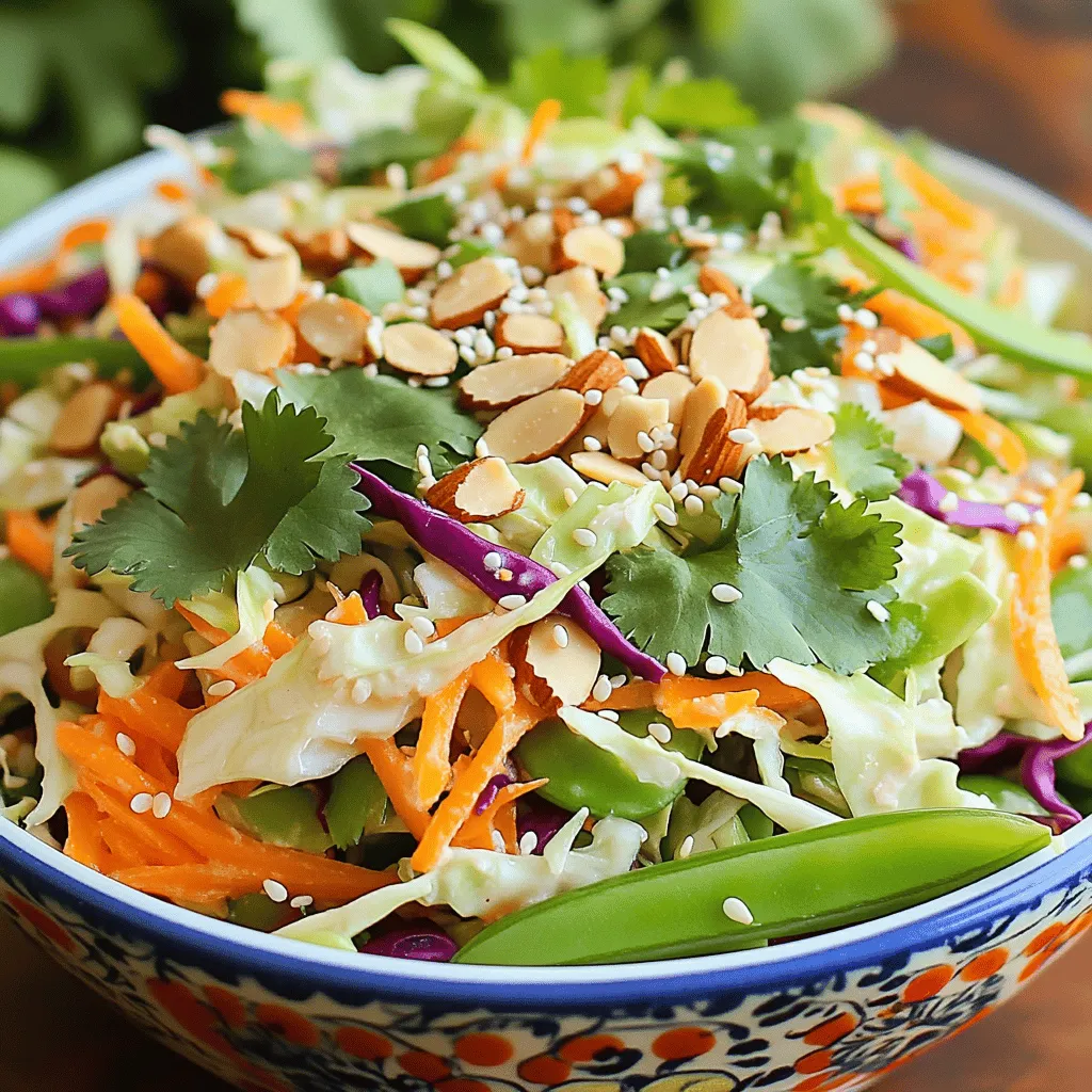 For a fresh and crunchy slaw, gather these main ingredients: - 4 cups green cabbage, finely shredded - 2 cups red cabbage, finely shredded - 1 large carrot, grated - 1 red bell pepper, julienned - 1 cup snap peas, trimmed and halved - 1/4 cup green onions, chopped - 1/4 cup cilantro, chopped - 1/4 cup almonds, toasted and roughly chopped - 1/4 cup sesame seeds, toasted These veggies provide color, crunch, and nutrition. The mix of green and red cabbage makes it pretty and bright. Carrots add sweetness, while snap peas bring a crisp bite. Next, let’s focus on the dressing. You will need: - 1/4 cup rice vinegar - 2 tablespoons soy sauce - 2 tablespoons sesame oil - 1 tablespoon maple syrup - 1 teaspoon fresh ginger, grated - 1 clove garlic, minced - Salt and pepper to taste This dressing balances tangy, sweet, and savory flavors. Rice vinegar gives a tangy kick, and soy sauce adds umami. Maple syrup adds a hint of sweetness, while ginger and garlic bring warmth and depth. To elevate your slaw, consider these optional ingredients: - Sliced jalapeños for heat - Shredded radishes for extra crunch - Chopped peanuts for added texture These extras can take your slaw to the next level. They provide different flavors and textures, making your dish even more exciting! For the full recipe, check out the complete guide to making Crunchy Asian Slaw. Start by shredding the green and red cabbage. Use a sharp knife or a grater. You want fine pieces that mix well. Next, grate the carrot and julienne the red bell pepper. Then, trim and halve your snap peas. Chop the green onions and cilantro. Add all these veggies to a large mixing bowl. Toss them gently. This mix adds great color and crunch. Grab a separate bowl for the dressing. Whisk together rice vinegar, soy sauce, and sesame oil. Add maple syrup, grated ginger, and minced garlic. Mix until smooth. Season with salt and pepper. This dressing brings a bright taste to the slaw. It ties all the flavors together. Pour the dressing over the vegetable mix. Toss everything together until all the veggies are coated. Let the slaw sit for at least 15 minutes. This time helps the flavors blend. Just before serving, sprinkle with toasted almonds and sesame seeds. Toss gently again. This adds an extra crunch. Now, your crunchy Asian slaw is ready to enjoy. For the full recipe, check out the detailed steps! To get the most crunch from your slaw, focus on the veggies. Use fresh cabbage and crisp snap peas. Shred the cabbage thinly; this helps it stay crunchy. Grate the carrot finely, too. A sharp knife or box grater works best. If you soak the cabbage in cold water for 10 minutes, it gets even crisper. After draining, dry the cabbage well before mixing. Serve your slaw cold for the best taste. A colorful bowl makes it pop on the table. Top it with extra sesame seeds and some chopped cilantro for a fresh touch. This dish pairs well with grilled chicken or fish. You can also enjoy it as a side with Asian-style dishes. Don’t shy away from using it as a filling in wraps or tacos! You can make the slaw ahead of time. Just mix the veggies and store them in the fridge. Keep the dressing separate until you are ready to serve. This keeps everything crunchy and fresh. Toss the slaw with the dressing just before serving. It’s a great way to save time on busy days. For the full recipe, check out the detailed steps provided earlier. {{image_2}} If you have special dietary needs, you can easily change some ingredients in this slaw. For a gluten-free version, use tamari instead of soy sauce. If you want a nut-free dish, skip the almonds and sesame seeds. You can also swap out rice vinegar for apple cider vinegar if you prefer. The beauty of this recipe lies in its flexibility, so feel free to tailor it to your needs. Want to make this slaw a full meal? Adding protein is a great way to do that. Grilled chicken or shrimp works well. You can also use tofu or edamame for a plant-based option. Simply toss your chosen protein into the slaw just before serving. This change not only boosts nutrition but adds a nice texture too. If you want to switch up the flavor, try different dressings. A peanut dressing can add richness and depth. You can make one by mixing peanut butter with soy sauce, vinegar, and a bit of honey. Another option is a spicy Sriracha dressing for those who love heat. Just whisk together Sriracha, lime juice, and a touch of sugar. These variations keep the dish exciting and cater to different taste buds. To keep your leftover Crunchy Asian Slaw fresh, transfer it to an airtight container. This helps lock in the flavors and keeps the veggies crisp. If you have leftover dressing, store it in a separate container. Combining the dressing with the slaw too early makes the veggies soggy. Use glass or BPA-free plastic containers for storage. Glass containers are great because they do not stain and are easy to clean. If you use plastic, make sure it is food-grade and airtight. This way, you can avoid any spills and keep your slaw fresh. Crunchy Asian Slaw lasts about 3 to 5 days in the fridge. The exact shelf life depends on how fresh your ingredients were. If you notice any wilting or off smells, it’s best to toss it. Always check for freshness before serving leftovers. Enjoy your slaw at its best! For the full recipe, check back to our earlier sections. Yes, you can make Crunchy Asian Slaw ahead of time. I often prepare it a few hours before serving. Just mix the veggies and dressing together but leave out the almonds and sesame seeds. These toppings stay crunchy when added right before you serve. This way, your slaw remains fresh and crisp. If you can't use almonds, try sunflower seeds or walnuts. Both add a nice crunch. You can also use pumpkin seeds for a nut-free option. Each of these substitutes brings its own flavor and texture to the slaw. Feel free to experiment! Yes, you can make a vegetarian version of the dressing. Simply replace the maple syrup with agave nectar. This keeps the sweet flavor without using animal products. The rest of the dressing ingredients are already vegetarian, so it’s easy to adapt! For the full recipe, check the detailed instructions above. Crunchy Asian Slaw is simple to make and full of flavor. We covered key ingredients for both the slaw and dressing. You learned how to prep, dress, and combine everything for the best taste. Don't forget tips for maximum crunch and how to store leftovers. With several variations, you can easily fit this dish to your needs. Enjoy making your slaw fresh or ahead of time. You can customize it and share it with friends and family. This recipe is sure to please everyone at the table.