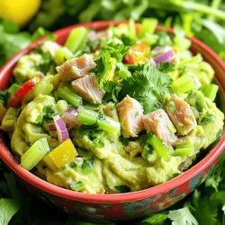 Creating a healthy tuna salad is quick and fun. Here’s what you need: - 1 can (5 oz) tuna in water, drained - 1 ripe avocado, mashed - 1/4 cup Greek yogurt (plain) - 1 tablespoon Dijon mustard - 1 tablespoon lemon juice - 1/2 cup celery, finely chopped - 1/4 cup red onion, finely chopped - 1/4 cup bell pepper (any color), finely chopped - Salt and pepper to taste - Fresh parsley or cilantro, for garnish Each ingredient adds flavor and nutrition. Tuna provides protein and omega-3 fats, while avocado adds healthy fat and creaminess. Greek yogurt gives a tangy taste and more protein. The mustard adds a nice kick, and lemon juice brightens the dish. Fresh veggies like celery, red onion, and bell pepper add crunch and color. Use salt and pepper to bring out the flavors. Finally, herbs like parsley or cilantro make it look and taste fresh. Remember, you can find the full recipe for this dish to guide you through the steps! Start by gathering your ingredients. You'll need tuna, avocado, Greek yogurt, and some fresh veggies. Chop the celery, red onion, and bell pepper into small pieces. This makes the salad easy to eat. Make sure to drain the tuna well so it’s not watery. Take your time prepping each item to ensure even mixing. Tips for easy assembly: - Use a medium bowl for mixing. - Keep a fork handy for mashing the avocado. - A sharp knife works best for chopping veggies quickly. To combine the tuna and avocado, put the drained tuna in the bowl. Add the mashed avocado right on top. Use a fork to mix them together until smooth. This step makes the base creamy and delicious. Next, add the Greek yogurt and Dijon mustard. Stir well until everything is blended. This adds flavor and creaminess. If you prefer a tangy kick, add a bit more mustard or lemon juice. Now it's time to add the chopped vegetables. Gently fold in the celery, red onion, and bell pepper. Be careful not to mash the ingredients. You want to keep a nice crunch in your salad. To finish, season with salt and pepper. Taste it and see if it needs more lemon juice. This adds brightness to the dish. Finally, garnish with parsley or cilantro for color and freshness. You can find the Full Recipe for this zesty avocado tuna salad to make it at home! To make your tuna salad extra creamy, you can swap Greek yogurt for other options. Try using sour cream or mashed cottage cheese. Both will add a nice texture. You could also mix in a bit of mayo if you like that flavor. For more creaminess, consider adding a splash of olive oil or even a dollop of hummus. These options keep it healthy while boosting the taste. Herbs and spices can take your salad to the next level. Fresh dill, parsley, or chives work wonders. Just chop them finely and mix them in. For a zing, add some garlic powder or paprika. Citrus is also key for freshness. A squeeze of lemon juice brightens up the flavors. You can even add lime for a twist. Just be careful not to overpower the other tastes. Storing your ingredients properly keeps your salad fresh. Keep your tuna in a sealed container in the fridge. For veggies, use airtight bags or containers. This helps them stay crisp. Avocado can brown quickly, so use these tips. Squeeze lemon juice on the cut side before storing. You can also wrap it tightly in plastic wrap. This helps slow down the browning process. {{image_2}} The avocado tuna salad stands out for its creamy texture. Instead of mayo, we use ripe avocado. This change enhances both flavor and nutrition. Avocados are rich in healthy fats. They help with heart health and keep you full longer. Plus, they add a buttery taste that pairs well with tuna. Greek yogurt tuna salad is a healthier twist on the classic. It replaces mayo with Greek yogurt. This swap cuts fat and adds protein. Greek yogurt also provides probiotics, which are good for your gut. It gives the salad a nice tang, making every bite delightful. Feel free to get creative with your tuna salad. You can add different vegetables like cucumbers, carrots, or radishes. They add crunch and flavor. For extra protein, consider mixing in beans or hard-boiled eggs. These additions make the salad more filling and nutritious. Try these variations to keep things exciting! For a complete recipe, check out the Full Recipe section. To keep your healthy tuna salad fresh, use an airtight container. Glass containers work great as they do not stain. Plastic containers can also work, but ensure they are BPA-free. Place the container in your fridge right after serving. This helps to maintain the flavor and texture. It's best to eat tuna salad cold, as reheating can change its texture. If you decide to heat it, do so gently in a microwave. Heat for short intervals to avoid overcooking. Always check the temperature to ensure it’s warm but not too hot. If the salad smells off, it's safer to discard it. You can freeze tuna salad, but it may alter the texture. If you want to freeze it, first place it in a freezer-safe container. Leave some space at the top for expansion. To thaw, place it in the fridge overnight. Stir well before serving the thawed salad to regain some texture. For the best flavor, consume it within three months. For the full recipe, check out my Zesty Avocado Tuna Salad! Yes, this Healthy Tuna Salad is low in calories. Here’s the breakdown: - Tuna (1 can, 5 oz): About 100 calories - Avocado (1 ripe): Roughly 250 calories - Greek yogurt (1/4 cup): Around 35 calories - Dijon mustard (1 tbsp): Only 15 calories - Lemon juice (1 tbsp): About 4 calories - Vegetables: Celery (1/2 cup) adds 10 calories, red onion (1/4 cup) adds 15 calories, and bell pepper (1/4 cup) adds 10 calories. Total calories for the salad is roughly 424 calories for the whole recipe. If you serve it for 2-3 people, that’s about 140-212 calories per serving. With healthy fats and protein, it offers nutrition without too many calories. Yes, you can make this recipe ahead of time. I suggest preparing it up to 24 hours in advance. Store it in an airtight container in the fridge. This keeps the salad fresh and tasty. If you want to keep the avocado from browning, add lemon juice before serving. You can serve this Healthy Tuna Salad with many tasty sides. Here are a few ideas: - Mixed greens: A light, fresh bed for the salad. - Whole-grain bread: Great for sandwiches or toast. - Veggie sticks: Carrots, celery, and bell peppers add crunch. - Chips: Whole grain or veggie chips for a fun side. - Pickles: They add a tangy flavor that complements the salad. These options pair well and enhance the meal's flavor and nutrition. For the full recipe, check out the details above. This blog post covered a healthy tuna salad recipe. We explored its key ingredients, from tuna to fresh veggies. I shared step-by-step instructions for easy prep and mixing. Tips helped enhance flavor, creaminess, and freshness. Variations showed you how to customize your salad for taste and health. Lastly, I provided storage advice to keep it fresh. Overall, this tuna salad is a simple, nutritious choice that fits any meal. Enjoy your delicious creation and feel good about what you eat!