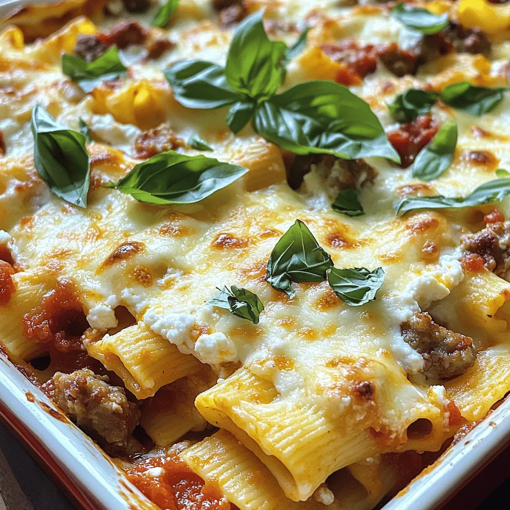 - 12 oz ziti pasta - 1 lb Italian sausage (mild or spicy, casings removed) - 1 medium onion, diced - 3 cloves garlic, minced - 1 can (28 oz) crushed tomatoes - 1 can (15 oz) tomato sauce - 2 teaspoons dried oregano - 1 teaspoon dried basil - 1/2 teaspoon red pepper flakes (optional) - 3 cups ricotta cheese - 2 cups shredded mozzarella cheese - 1/2 cup grated Parmesan cheese - Fresh basil leaves for garnish - Salt and pepper to taste - Olive oil for cooking Gathering the right ingredients makes this baked ziti special. Fresh, high-quality items create the best flavor. I love using both mild and spicy Italian sausage. It gives you the option to adjust the heat. The pasta should be ziti, but you can try penne if you prefer. Fresh garlic and onion add depth to your sauce. Canned crushed tomatoes and tomato sauce form the base. Herbs like oregano and basil bring a nice aroma. Red pepper flakes add a kick but are optional. The ricotta cheese gives creaminess, while mozzarella and Parmesan add that gooey finish. Don't forget salt and pepper for seasoning. Olive oil is essential for sautéing your onions and sausage. Having all these ingredients at hand makes the cooking process smoother. Don’t rush; enjoy the moments in the kitchen while creating this hearty family comfort meal. For the complete cooking steps, check the Full Recipe. - Preheat oven to 375°F (190°C). - Boil salted water and cook ziti pasta until al dente. - In a large skillet, heat a drizzle of olive oil over medium heat. - Sauté onion and garlic until soft, about 5 minutes. - Add Italian sausage to the skillet. Brown the sausage, breaking it apart as it cooks, for about 6-8 minutes. - Stir in crushed tomatoes, tomato sauce, oregano, basil, and red pepper flakes. Simmer for 10 minutes. - Season with salt and pepper to taste. - In a large bowl, mix the cooked ziti, sausage mixture, and ricotta cheese until well combined. - Spread half of the pasta mixture in a greased 9x13 inch baking dish. - Sprinkle 1 cup of shredded mozzarella on top. - Layer the rest of the pasta mixture over the cheese. - Top with the rest of the mozzarella and grated Parmesan cheese. - Cover the dish with foil and bake for 25 minutes. - Uncover and bake for an additional 15 minutes until the cheese is bubbly and golden. - Remove from the oven and let sit for 10 minutes before slicing. - Garnish with fresh basil leaves for a nice touch. To make your baked ziti great, cook the pasta al dente. This means it should be firm yet cooked. Overcooking can lead to mushy pasta. Cooking it just right gives you the best texture. Using fresh herbs will also enhance the flavor. Fresh basil can brighten the dish. You might use fresh oregano too. Dried herbs are fine, but fresh makes a big difference. Serve baked ziti with garlic bread. The warm bread pairs well with the cheesy pasta. Add a fresh salad for color and crunch. It makes a nice balance on the table. For gatherings, consider individual portions. You can use small baking dishes. This makes serving easy and fun for guests. One big mistake is overcooking the sausage. Cook it just until browned. If you cook it too long, it can get dry. Another mistake is not letting the dish rest before serving. Letting it sit for about 10 minutes helps the layers set. This way, each slice holds together better. {{image_2}} You can switch up the meat in baked ziti to fit your taste. Try using chicken or turkey sausage for a lighter option. Both add great flavor without too much fat. If you want more protein, mix in some ground beef or turkey. This adds a hearty touch to the dish. If you want a meatless meal, there are tasty veggie options. Swap out the sausage for mushrooms or lentils. Both add a nice texture and flavor. You can also throw in veggies like spinach or zucchini. These add color and nutrition to your baked ziti. Cheese can change the whole dish! Try goat cheese or cheddar for a unique taste. Each brings its own flavor and creaminess. For those avoiding dairy, plant-based cheeses work well too. They melt nicely and keep your dish creamy without the dairy. Feel free to mix and match these ideas for your own perfect baked ziti creation! For the Full Recipe, check out the complete guide to get started. To keep your baked ziti fresh, store leftovers in airtight containers. Make sure they cool first. This prevents moisture loss and keeps flavors intact. You can keep it in the fridge for about three to four days. When reheating, I recommend using the oven. Preheat it to 350°F (175°C). Place the ziti in an oven-safe dish. Cover it with foil to keep it moist. Heat for about 20 minutes or until it’s warm throughout. You can also microwave it, but the oven gives better texture. You can freeze baked ziti for later. If you freeze it unbaked, prepare it up to the baking step. Cover the dish tightly with foil and plastic wrap. It can stay in the freezer for up to three months. To freeze already baked ziti, let it cool first. Then cut it into portions and place in airtight containers. This way, you can take out only what you need. When you’re ready to eat, thaw the ziti in the fridge overnight. For reheating, preheat your oven to 375°F (190°C). Bake it for about 30 minutes or until bubbly. For the complete instructions, check the Full Recipe. Baked ziti can last for 3 to 5 days in the fridge. To keep it fresh, store it in an airtight container. Before serving, reheat it in the oven or microwave until hot. This helps keep the cheese melty and delicious. Yes, you can make baked ziti ahead of time. Prepare it as directed but do not bake it yet. Cover it and chill in the fridge for up to 24 hours. When you're ready, bake it straight from the fridge. Just add a few extra minutes to the baking time. Baked ziti pairs well with many sides. Here are some great options: - Garlic bread - Fresh green salad - Roasted vegetables - A light soup These sides add flavor and balance to your meal. Baked ziti can be a hearty dish, but it can also be healthy. Use whole wheat pasta and lean sausage for a better choice. You can add veggies like spinach or bell peppers for extra nutrients. Adjust the cheese for fewer calories, too. You can find the Full Recipe [here]. It has detailed steps and fun variations to try. Enjoy your cooking adventure! This blog post covered everything you need for a great baked ziti. You learned about the key ingredients and essential tools. I shared step-by-step instructions to make it easy for you. You also discovered tips to perfect your dish and common mistakes to avoid. Baked ziti is versatile, so feel free to try different meats or veggie options. Remember to store leftovers properly for future meals. With these insights, you can create a comforting dish for any occasion. Enjoy making baked ziti that everyone will love!