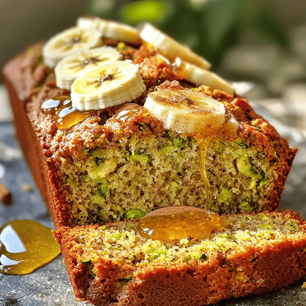 - 1 cup finely grated zucchini (squeeze out excess moisture) - 2 ripe bananas, mashed - 1/3 cup melted coconut oil - 1/2 cup brown sugar - 1/4 cup honey or maple syrup - 2 large eggs - 1 teaspoon vanilla extract - 1 teaspoon baking soda - 1/2 teaspoon baking powder - 1/2 teaspoon salt - 1 teaspoon ground cinnamon - 1 1/2 cups all-purpose flour - 1/2 cup chopped walnuts or pecans (optional) To make zucchini banana bread, gather these key ingredients. This mix gives you a moist and tasty loaf. The zucchini adds great texture and keeps the bread soft. The ripe bananas bring natural sweetness. - Substitutes for coconut oil: You can use butter or sunflower oil. Both give a nice flavor. - Gluten-free flour options: Almond flour or a gluten-free blend works well. Adjust liquid as needed. - Vegan alternatives for eggs and honey: Use flax eggs or applesauce for eggs. Maple syrup can replace honey. These alternatives ensure anyone can enjoy this treat. With the right swaps, you can make it fit your needs. This flexibility makes zucchini banana bread a favorite for many. For the full recipe, check out the details above. 1. Start by preheating your oven to 350°F (175°C). This helps the bread rise well. 2. Next, grease a 9x5 inch loaf pan. You can also line it with parchment paper for easy removal. 3. In a large bowl, mix the melted coconut oil with brown sugar. Stir until smooth. 4. Add the mashed bananas, eggs, honey, and vanilla extract. Mix until everything blends well. 5. Now, fold in the grated zucchini. Make sure it spreads evenly throughout the mixture. 1. In a separate bowl, whisk together the flour, baking soda, baking powder, salt, and ground cinnamon. This step is key for even baking. 2. Slowly add the dry ingredients to the wet mixture. Fold gently to combine. 3. Be careful not to overmix! A few lumps are okay, which keeps the bread light and fluffy. 1. Pour the batter into the prepared loaf pan. Use a spatula to smooth the top. 2. Bake in the preheated oven for 50-60 minutes. Check for doneness by inserting a toothpick. It should come out clean. 3. Once baked, cool the bread in the pan for about 10 minutes. Then, transfer it to a wire rack to cool completely. This recipe creates a moist and flavorful zucchini banana bread, perfect for any time of day. For the full recipe, check out the details above! To make your zucchini banana bread the best it can be, focus on texture. Mix the wet and dry ingredients gently. Overmixing can make the bread dense. Aim for a few lumps in the batter; this helps keep it light and fluffy. Moisture control is key when using zucchini. Squeeze excess moisture out before adding it to the mix. Too much moisture can lead to a soggy loaf. Use a clean kitchen towel for this step. It makes the process simple and effective. The ripeness of your bananas matters. Choose bananas that are very ripe, with brown spots. Riper bananas add natural sweetness and flavor. They also blend well into the batter, ensuring a smooth texture. Pair your zucchini banana bread with butter for a rich taste. Honey drizzled on top adds a sweet touch. You can also serve it warm for a comforting treat. For slicing, use a sharp knife. This ensures clean cuts without squishing the bread. Serve the slices on a plate, and consider garnishing with a sprinkle of cinnamon. Fresh banana slices also make a lovely addition. Get creative with serving! Try adding a scoop of vanilla ice cream on the side. The warm bread and cold ice cream create a delightful contrast. You can also enjoy it as a snack or breakfast with a cup of coffee or tea. For the full recipe, check out the detailed instructions above. {{image_2}} You can make gluten-free zucchini banana bread using different flours. Here are some good ones: - Almond flour - Coconut flour - Oat flour - Gluten-free all-purpose flour mix When using these flours, you might need to adjust the liquid in the recipe. Gluten-free flours absorb more moisture. Add a bit more liquid if the batter looks too thick. A good tip is to let the batter rest for about 10 minutes. This helps it thicken and blend better. To make this bread vegan, you need to replace eggs. Here are some great egg substitutes: - 1/4 cup unsweetened applesauce - 1/4 cup mashed banana - 1 tablespoon ground flaxseed mixed with 2.5 tablespoons water (let sit for 5 minutes) For sweeteners, you can use: - Maple syrup - Agave nectar - Coconut sugar These options keep the bread sweet and moist. Adjust the amount based on your taste. Adding extra flavors makes this bread even better. You can try these options: - Chocolate chips - Dried fruits like raisins or cranberries - Nuts for crunch You can also add spices for more depth: - Nutmeg - Ginger - Cloves These additions make every bite exciting. You can mix and match to find your favorite combination. Each variation makes the bread unique and fun! Store your Zucchini Banana Bread at room temperature for up to three days. Use an airtight container to keep it fresh. If you prefer, you can store it in the fridge. This will help it last a bit longer. However, the cold can make the bread drier. Always wrap it tightly before placing it in the fridge. Freezing is a smart way to save leftover bread. Wrap it well in plastic wrap or foil. Then, place it in a freezer-safe bag. This helps to keep out air and moisture. Your bread can last up to three months in the freezer. When you want to eat it, thaw it overnight in the fridge. This keeps the bread moist and tasty. Reheat your Zucchini Banana Bread in the oven for the best results. Set it to 350°F (175°C) and warm it for about 10 minutes. This way, it stays soft and delicious. If you're in a hurry, you can use a microwave. Heat it in short bursts of 10 to 15 seconds. Be careful not to overheat; this can dry it out. Enjoy it warm for the best flavor. Yes, you can use frozen zucchini. First, defrost it in the fridge overnight. After thawing, squeeze out extra moisture. This step is key to keeping your bread from becoming soggy. You can use several egg replacements. Common options include: - 1/4 cup unsweetened applesauce per egg - 1/2 ripe banana per egg - 1 tablespoon ground flaxseed mixed with 2.5 tablespoons water (let sit for 5 minutes) Each of these options will work well in this recipe. On the counter, zucchini banana bread lasts about 3 to 4 days. If you store it in the fridge, it can last up to a week. Make sure to keep it in an airtight container to maintain freshness. Yes, you can add more zucchini. If you do, reduce the amount of other wet ingredients slightly. This will help keep the bread from getting too moist. Start with an extra 1/4 cup and adjust as needed. Common causes for dense banana bread include: - Overmixing the batter, which develops gluten - Using too much flour - Not enough leavening agents, like baking soda or baking powder To avoid density, mix until just combined and measure flour accurately. Enjoy your baking! For the full recipe, check out the complete section above. Zucchini banana bread is a delightful treat made from fresh ingredients. You learned how to create a moist loaf using ripe bananas and finely grated zucchini. We covered step-by-step instructions, tips for perfecting your bread, and storage solutions. You can also adapt the recipe to fit gluten-free or vegan diets. Incorporate your creative twists and enjoy this simple recipe. Share it with loved ones for a delicious treat everyone will crave. Enjoy every slice and keep experimenting for more fun in the kitchen!