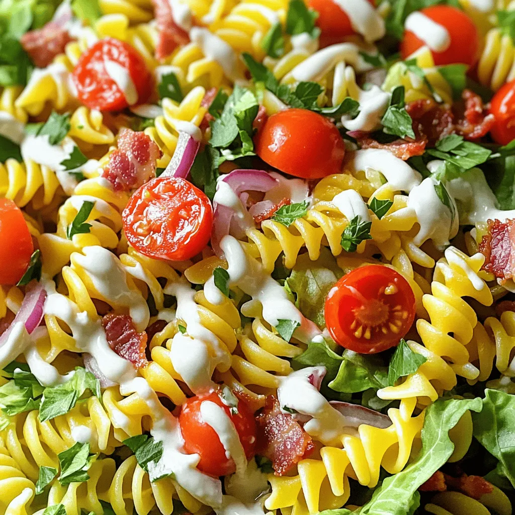 When making a Classic BLT Pasta Salad, you need the right ingredients to make it fresh and tasty. Here’s a complete list of what you’ll need: - Pasta: I recommend using 8 ounces of rotini or fusilli pasta. These shapes hold the dressing well and add a fun twist to the salad. - Vegetables: Use 1 cup of cherry tomatoes, halved, for sweetness. You also need 1 cup of chopped romaine lettuce for crunch. Lastly, add 1/2 cup of finely diced red onion to give it a bit of zing. - Dressing components: For the dressing, mix 1/2 cup of mayonnaise, 2 tablespoons of apple cider vinegar, and 1 tablespoon of Dijon mustard. Don’t forget salt and pepper to taste. Fresh parsley or basil can be used as a garnish to add a pop of color and flavor. With these fresh ingredients, your Classic BLT Pasta Salad will shine. For the full recipe, check out the details above. To start, you need to cook the pasta. I use rotini or fusilli for this salad. Boil water in a large pot. Add a pinch of salt for flavor. Cook the pasta according to the package instructions. I usually cook it for about 8 to 10 minutes. You want it al dente, so it has a nice bite. After cooking, drain the pasta. Rinse it under cold water to stop the cooking process. This cooling method helps keep the pasta from getting mushy. Next, let’s make the dressing. In a small bowl, combine mayonnaise, apple cider vinegar, and Dijon mustard. Whisk these ingredients together until smooth. You want a creamy consistency. If it seems too thick, add a little water to loosen it. Season with salt and pepper to taste. This dressing brings all the flavors together. Now, it’s time to assemble the salad. In a large bowl, add the cooled pasta first. Next, add the chopped turkey bacon. Then, toss in the halved cherry tomatoes, chopped romaine lettuce, and finely diced red onion. Pour the dressing over the top. Toss gently until all the ingredients are well-coated. For the best taste, cover the salad and chill it in the fridge for at least 30 minutes. This allows the flavors to blend. When you’re ready to serve, give it another gentle toss. Garnish with freshly chopped parsley or basil for a pop of color. Enjoy your delicious Classic BLT Pasta Salad! To make your Classic BLT Pasta Salad even better, think about adding herbs. Fresh basil or parsley gives a nice touch. You can also try dill for a tangy twist. If you love heat, add a pinch of crushed red pepper flakes. This will give your salad a spicy kick. Mixing in garlic powder or onion powder can also boost flavor. These small changes make a big difference. Texture is key in any dish. For a crunchy bite, add celery or bell peppers. These veggies add a fresh crunch. If you want creaminess, mix in some avocado or extra mayonnaise. Cream cheese can also work well. Try adding nuts like walnuts for a unique crunch. Each choice brings a new layer to your salad. A great-looking dish makes it more fun to eat. Use a big bowl to show off the colors. Layer the ingredients for a beautiful look. Place the cherry tomatoes on top for a pop of red. A sprinkle of freshly chopped herbs adds a nice touch. You can use a lemon wedge on the side for a bright touch. These tricks make your salad not just tasty, but pretty too. For the full recipe, check out the details above. {{image_2}} You can easily change the bacon in this salad. Try different types, like pork or beef bacon. If you want a vegetarian option, use tempeh or coconut bacon. Both will add a nice flavor. You can even use smoked paprika for a smoky taste. If you need a gluten-free option, choose gluten-free pasta. There are many types, like rice or corn pasta. For the dressing, use gluten-free mayonnaise. This way, everyone can enjoy the salad without worry. In the summer, add fresh corn or zucchini for a sweet crunch. During fall, try roasting butternut squash and mixing it in. You can also add seasonal fruits like strawberries or peaches for a twist. Each season brings new flavors to your Classic BLT Pasta Salad. It keeps the dish exciting and fresh. Don't forget to check the Full Recipe for more ideas! To keep your Classic BLT Pasta Salad fresh, store it in an airtight container. This helps prevent air from wilting the lettuce and making the pasta soggy. Always make sure the salad is cool before sealing the container. You can also layer parchment paper between the salad and the lid to absorb excess moisture. The salad can last up to three days in the fridge. However, for the best taste and texture, enjoy it within two days. If you notice any signs of spoilage, like an off smell or slimy lettuce, it's best to discard it. Keeping it chilled will help keep those flavors bright. If you want to serve the salad later, avoid reheating it. The pasta and veggies do not heat well and can lose their crunch. Instead, take the salad out of the fridge and let it sit for a few minutes. You can add a splash of apple cider vinegar or a bit more mayonnaise to revive the flavors before serving. This will keep your meal fresh and tasty. For more details, check the Full Recipe. Classic BLT Pasta Salad stays fresh for about three to five days in the fridge. Make sure to store it in an airtight container. This keeps the ingredients crispy and prevents odors from other foods. Yes, you can make the salad ahead of time! This salad tastes even better after chilling in the fridge. You can prepare it a day before your gathering. Just be sure to toss it again before serving. This salad pairs well with many dishes. You can serve it with grilled chicken or burgers for a hearty meal. It also goes great with fresh fruit or a light soup for a lighter option. Try serving it at your next picnic or barbecue! For the complete recipe, check out the Full Recipe. In this post, we covered how to create a tasty Classic BLT Pasta Salad. We explored the best ingredients and shared step-by-step cooking tips. You learned ways to enhance flavor and customize texture. We also discussed how to store your salad so it stays fresh. With these tips, you can enjoy this dish anytime. Use your favorite ingredients to make it your own. Happy cooking!