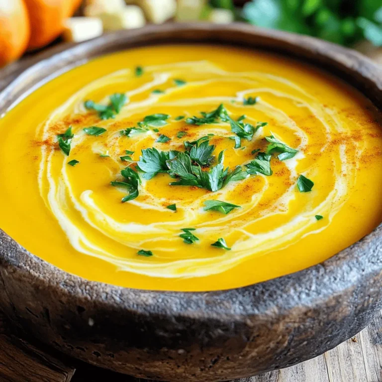 To make this savory pumpkin soup, you will need: - 1 medium pumpkin (about 3-4 pounds), peeled and cubed - 1 medium onion, chopped - 2 cloves garlic, minced - 1 carrot, diced - 1 stalk celery, diced - 4 cups vegetable broth - 1 teaspoon ground cumin - 1 teaspoon ground ginger - 1/2 teaspoon cinnamon - 1/2 teaspoon nutmeg - Salt and pepper to taste - 1 cup coconut milk - 2 tablespoons olive oil - Fresh parsley or cilantro for garnish The pumpkin is the star here. It brings a rich flavor and a lovely color. For a fun twist, try adding 81 grams of a unique spice blend, such as ras el hanout. This blend can give your soup an exciting taste. If you have dietary needs, you can swap some ingredients: - Pumpkin: Use butternut squash or sweet potatoes if pumpkin is hard to find. - Vegetable broth: Chicken broth works too if you're not vegan. - Coconut milk: Use almond milk or cream for a different flavor. - Olive oil: Substitute with avocado oil or butter for cooking. These swaps help you enjoy this recipe, even if you have restrictions. Remember, cooking is all about being creative! Start by gathering all your ingredients. You need the pumpkin, onion, garlic, carrot, and celery. - Peel and cube the medium pumpkin. Aim for small, even pieces. - Chop the onion and mince the garlic. - Dice the carrot and celery into small chunks. This prep makes cooking easier. You want all your ingredients ready to go. Heat two tablespoons of olive oil in a large pot over medium heat. 1. Add the chopped onion and minced garlic. Sauté for 5-7 minutes. The onion should turn soft and clear. 2. Toss in the diced carrot and celery. Cook for another 5 minutes until they start to soften. 3. Next, add the cubed pumpkin and mix well. Let it cook for about 5 minutes. 4. Pour in 4 cups of vegetable broth. Add 1 teaspoon of ground cumin, 1 teaspoon of ground ginger, 1/2 teaspoon of cinnamon, and 1/2 teaspoon of nutmeg. Season with salt and pepper to taste. 5. Bring the mixture to a boil. Then, reduce the heat and let it simmer for 25-30 minutes. The pumpkin should become tender. Once the pumpkin is soft, it’s time to puree the soup. Use an immersion blender for a smooth texture. - If you don’t have one, transfer the soup in batches to a traditional blender. Be careful with hot liquids! - After blending, return the soup to low heat. - Stir in 1 cup of coconut milk. Let it warm for another 5-10 minutes. Adjust the seasoning with more salt and pepper, if needed. Your savory pumpkin soup is now ready to enjoy! To make the best savory pumpkin soup, always start with fresh ingredients. Use a medium pumpkin and peel it well. This helps reduce bitterness. Sauté your onions, garlic, carrot, and celery first. This builds a strong flavor base. The key is to cook them until soft, about five to seven minutes. Then, add the pumpkin. Let it cook for five minutes to blend those flavors. Use vegetable broth, as it adds depth without overpowering the pumpkin. Enhance your soup by adding spices at the right time. Adding ground cumin, ginger, cinnamon, and nutmeg will create a warm aroma. Make sure to taste as you go. Adjust the salt and pepper to your liking. Finally, stir in coconut milk for creaminess. This gives a nice balance to the soup. For a delightful presentation, serve the soup in bowls that contrast the color. White or light-colored bowls work well. Add a swirl of coconut milk on top for a beautiful finish. Fresh parsley or cilantro can also brighten the dish. Pair your pumpkin soup with crusty bread or a fresh salad. A dollop of yogurt or sour cream adds a tangy touch. These sides make the meal more filling and enjoyable. One common mistake is not cooking the pumpkin long enough. If it’s not soft, the soup won't blend well. Always check if the pumpkin is tender before pureeing. Another pitfall is not adjusting the seasoning. Always taste your soup before serving. If it seems flat, it might need more salt or spices. Lastly, don’t rush the blending process. If your soup is too hot, it can splatter. Use an immersion blender if you have one. If not, let it cool down a bit before transferring it to a regular blender. For more guidance, check out the Full Recipe for all the details you need! {{image_2}} When making your savory pumpkin soup, you can play with different types of pumpkin or squash. Butternut squash adds a sweet taste. Acorn squash has a nutty flavor that works well too. Each option gives the soup a unique twist, so don't be afraid to experiment with what you have. You can also adjust the spice levels. If you like heat, add a pinch of cayenne pepper. For a more subtle flavor, reduce the ginger or cinnamon. Mixing in fresh herbs, like thyme or sage, can add great depth. You can even swirl in some cream or yogurt for a richer texture. Making this soup fit your diet is easy. For a vegan version, just swap coconut milk for dairy. Use vegetable broth to keep it plant-based. If you're gluten-free, this recipe is already safe as is. Want a low-carb option? Skip the carrots and stick to pumpkin. For a gourmet touch, try topping your soup with toasted pumpkin seeds or a drizzle of truffle oil. Each variation can make this comforting soup feel fresh and new. You can find the full recipe above to guide your cooking adventure. To store leftover savory pumpkin soup, let it cool first. Then, pour it into an airtight container. You can keep it in the fridge for about 3 to 5 days. If you want to save it for longer, freeze the soup. Use freezer-safe containers or bags to avoid freezer burn. Make sure to label the containers with the date. This helps you know when to use it. To maximize freshness, store the soup without any toppings. Add garnishes like parsley or cilantro just before serving. This keeps them bright and tasty. The best way to reheat savory pumpkin soup is on the stove. Pour the soup into a pot and heat over medium-low heat. Stir often to prevent it from sticking. You can also microwave it in a microwave-safe bowl. Heat it in short intervals, stirring in between. When reheating, the texture might change slightly. It may thicken due to cooling. If this happens, just add a little water or broth to reach your desired consistency. Enjoy your warm, comforting soup! What types of pumpkin are best for soup? The best pumpkins for soup are sugar pumpkins or pie pumpkins. They have a sweet flavor and smooth texture. Other options include butternut squash or kabocha squash. These types also work great and give a nice taste. Can I make this soup ahead of time and freeze it? Yes, you can make this soup ahead of time. Just let it cool completely before freezing. Store it in airtight containers. When you’re ready to eat, thaw it overnight in the fridge. Heat it on the stove until warm. This savory pumpkin soup is not only tasty but also good for you. A serving has about 200 calories. The soup is rich in vitamins A and C. Pumpkins are high in fiber, which helps digestion. Coconut milk adds healthy fats that can boost heart health. To make this soup, you’ll need a few key tools: - Large pot - Knife and cutting board - Immersion blender or regular blender - Measuring cups and spoons Using an immersion blender makes it easy to puree the soup right in the pot. If you don’t have one, a regular blender works too, but be careful with hot soup! To wrap up, we've explored all the essential steps to create a delicious pumpkin soup. You learned about the ingredients, possible substitutions, and unique touches that make your dish special. I shared tips to avoid common mistakes and presented variations for all diets. Knowing how to store and reheat your soup ensures it stays fresh. By following these guidelines, you can confidently prepare a flavorful soup that anyone will love. Enjoy your cooking and impress your guests with this warm, comforting dish!