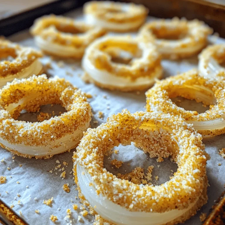 To make crispy baked onion rings, gather the following ingredients: - 2 large onions - 1 cup all-purpose flour - 1 teaspoon garlic powder - 1 teaspoon onion powder - 1 teaspoon smoked paprika - 1/2 teaspoon cayenne pepper (optional) - 1 teaspoon salt - 1/2 teaspoon black pepper - 2 large eggs - 1 cup breadcrumbs (panko for extra crunch) - Olive oil spray Each ingredient plays a key role in achieving that perfect crunch. The onions give flavor and texture. The flour and eggs help the breadcrumbs stick. Spices like garlic powder and smoked paprika add depth. If you like heat, add cayenne pepper. Panko breadcrumbs provide a nice crunch, making every bite satisfying. For the best results, use fresh ingredients. This way, you’ll ensure maximum flavor and crispiness. Check your pantry before starting to ensure you have everything. You’ll find that with this simple list, you can create a delicious snack or side dish in no time. For the full recipe, you can refer to the detailed instructions that follow. - Preheat your oven to 425°F (220°C). This helps the onion rings cook evenly. - Prepare and slice onions into rings. Aim for 1/4-inch thick rings for the best crunch. - Prepare the flour, egg, and breadcrumb stations. Place each in shallow bowls. - Coat the onion rings sequentially. First, dip each ring in the flour mix. Shake off any extra flour. - Next, dip the floured ring into the beaten eggs. Let excess egg drip off before moving on. - Finally, coat the ring in breadcrumbs. Press gently to help them stick well. - Arrange onion rings on a baking sheet. Make sure they do not touch to avoid steaming. - Bake until golden brown and crispy, about 15-20 minutes. Flip halfway through for even cooking. For the full recipe, check the details above. Enjoy your crispy baked onion rings! To get the best crunch, use olive oil spray. It helps the onion rings turn golden and crispy. Panko breadcrumbs are key too. They add extra texture compared to regular breadcrumbs. If you want more crunch, panko is your friend. Breading can be messy, but I have some tips. Set up your stations in a line: flour, eggs, and breadcrumbs. This way, you can dip each ring quickly. To prevent sticking, make sure to shake off excess flour and egg. This helps them bake evenly. You can customize your flavors easily. Add spices to the flour mix for a twist. Try adding cumin or Italian herbs for fun flavors. A pinch of chili powder can make them spicy. Get creative with your seasonings to find what you love! {{image_2}} You can easily mix things up with different flavors for your onion rings. - Cheese-stuffed onion rings: For a cheesy twist, place a slice of cheese between two onion rings. This gives you a delightful surprise with each bite. - Spicy jalapeño onion rings: Add some heat by mixing chopped jalapeños into your breadcrumb mixture. This adds a nice kick that spice lovers will enjoy. The right dip can take your onion rings to the next level. - Homemade ranch dressing: Whip up a quick ranch with sour cream, mayo, and a few herbs. It’s creamy and cool, perfect for balancing the crunch of the rings. - Spicy mayo or sriracha sauce: Mix mayo with sriracha for a spicy dip. This adds a zesty flavor that pairs well with the onion's sweetness. You can make these onion rings healthier while keeping them tasty. - Baking instead of frying: Baking gives you the crunch without the oil. This way, you reduce fat and calories while still enjoying that crispy texture. - Gluten-free alternatives: Use almond flour or gluten-free breadcrumbs. This makes the dish friendly for those avoiding gluten, allowing everyone to enjoy delicious onion rings. For the full recipe, check out the Crispy Baked Onion Rings section. To keep your leftover onion rings fresh, store them in the fridge. Place them in an airtight container. This helps to keep them crispy and tasty. Use parchment paper between layers to absorb moisture. This way, they stay crunchy longer. The best way to reheat onion rings is in the oven. Set your oven to 375°F (190°C). Place the rings on a baking sheet for 10 minutes. This method keeps them crispy. You can also use a microwave, but the rings may get soggy. The oven is the clear winner here. You can freeze onion rings before or after baking. If you freeze them raw, coat them first and then freeze. Lay them flat on a tray, then transfer to a bag. To thaw, leave them in the fridge overnight. If baked, reheat them in the oven. This keeps their crunch intact. To make onion rings crispy, focus on the breading and oil. The breading forms a crunchy shell that seals in moisture. Use a mix of flour, spices, and breadcrumbs for flavor and texture. The oil spray helps the coating brown evenly. This adds a golden color and keeps the rings light and crispy. Yes, you can use different types of onions. Yellow onions are the most common. They have a strong flavor and get sweet when cooked. Red onions add a mild taste and a nice color. Sweet onions, like Vidalia, are milder and sweeter. Each onion type gives a unique flavor to the rings. Bake onion rings for 15 to 20 minutes at 425°F (220°C). Flip them halfway through for even browning. The rings should turn golden brown and crispy. Keep an eye on them to avoid burning. If needed, adjust the baking time based on your oven's performance. Yes, you can easily make onion rings gluten-free. Use almond flour or gluten-free flour in place of all-purpose flour. For breadcrumbs, use gluten-free options or crushed rice cereal. These substitutions keep the flavor and crunch while making the dish safe for those with gluten intolerance. For the full recipe, check here: [Full Recipe]. In this post, we covered the steps to make delicious onion rings. We explored ingredients, cooking methods, and tips for extra crunch. You learned how to customize flavors and make healthier variations. Onion rings can be a fun treat. With the right techniques, you can make them just how you like. Enjoy experimenting and sharing them with friends and family. Happy cooking!