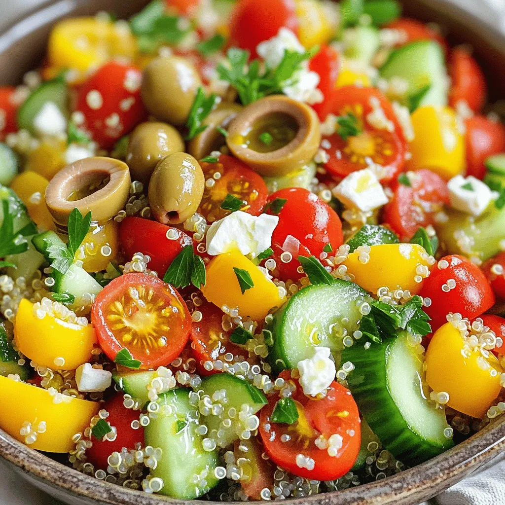 To make this salad, you need a few key ingredients that bring bright flavors and textures. Here's what you'll need: - 1 cup quinoa, rinsed and drained - 2 cups water or vegetable broth - 1 cup cherry tomatoes, halved - 1 cucumber, diced - 1/2 red onion, finely chopped - 1 bell pepper (red or yellow), diced - 1/2 cup Kalamata olives, pitted and sliced - 1/2 cup feta cheese, crumbled (optional) - 1/4 cup fresh parsley, chopped - 1/4 cup olive oil - 2 tablespoons lemon juice - 1 teaspoon dried oregano - Salt and pepper to taste These ingredients create a colorful and tasty salad. The quinoa serves as a great base. It is light yet filling. The veggies add crunch and freshness, while olives and feta give a salty kick. You can make this salad your own by adding optional ingredients. Some ideas include: - Avocado for creaminess - Chickpeas or black beans for protein - Artichoke hearts for extra flavor - Spinach or arugula for greens Feel free to experiment with what you like. Customizing keeps the salad fresh each time you make it. Fresh herbs and spices can elevate your salad. Here are some great options: - Fresh basil for a sweet note - Mint for a refreshing twist - Dill for a unique flavor Using fresh herbs adds depth to the dish. They also make the salad look beautiful. Don't be afraid to mix and match herbs to find your favorite combination. For the full recipe, check out the Easy Mediterranean Quinoa Salad . Start by rinsing one cup of quinoa under cold water. This will help remove bitterness. Next, add the quinoa to a medium saucepan with two cups of water or vegetable broth. Bring this mixture to a boil over high heat. Once boiling, reduce the heat to low and cover the pan. Let it simmer for 15 to 20 minutes. You will know it's ready when the quinoa is fluffy and the water is absorbed. After cooking, take it off the heat and let it cool slightly. While the quinoa cooks, you can prepare your fresh vegetables. Gather your ingredients: one cup of halved cherry tomatoes, one diced cucumber, half a finely chopped red onion, and one diced bell pepper, either red or yellow. You can also add half a cup of Kalamata olives, pitted and sliced, and a quarter cup of chopped fresh parsley. Place all these vegetables in a large mixing bowl. This mix adds bright colors and crunchy textures to your salad. In a small bowl, whisk together a quarter cup of olive oil, two tablespoons of lemon juice, one teaspoon of dried oregano, and a sprinkle of salt and pepper. This dressing will bring all the flavors together. Once the quinoa has cooled, add it to the bowl with the vegetables. Pour the dressing over the quinoa salad. Toss everything gently until all the ingredients are well combined. If you like, you can sprinkle crumbled feta cheese on top before serving. This step adds a creamy touch to the dish. For the full recipe, refer to the beginning of this article. To cook quinoa perfectly, rinse it first. Rinsing removes the bitter coating called saponin. Next, use a 2:1 ratio of liquid to quinoa. I often use vegetable broth for added flavor. Bring the water or broth to a boil. Then, lower the heat and cover. Cook for about 15 to 20 minutes. The quinoa is done when it’s fluffy and the liquid is gone. Let it cool before mixing it into your salad. If you have leftovers, store them in an airtight container. Place them in the fridge right away. The salad stays fresh for up to three days. You might notice the quinoa absorbs some dressing. If it seems dry, add a splash of olive oil or lemon juice before eating. This will bring back the flavor and moisture. Taste your salad before serving. You may want to add more salt or lemon juice. If you like more spice, add crushed red pepper flakes. Personalizing the flavor makes the salad your own. Don’t be afraid to experiment! Try adding fresh herbs for extra zing. For the complete recipe, check out Full Recipe. {{image_2}} You can make this salad even heartier by adding protein. Here are some ideas: - Grilled chicken: This adds great flavor and makes it filling. - Chickpeas: These are a perfect plant-based choice. They add texture and protein. - Shrimp: Cooked shrimp gives a nice touch of seafood flavor. - Tofu: For a vegan option, cubed tofu soaks up the salad dressing well. Feel free to mix and match! Adding protein not only makes the dish more filling but also packs in more nutrients. The dressing makes a big difference in flavor. While the basic olive oil and lemon dressing is fresh and zesty, you can try others, like: - Balsamic vinaigrette: This adds a sweet and tangy twist. - Tahini dressing: This adds a rich, nutty flavor that is creamy. - Yogurt dressing: A cool yogurt-based dressing gives a nice contrast to the salad. Experiment with different dressings to suit your taste. Just remember to keep it light, so it doesn’t overwhelm the fresh ingredients. Using seasonal vegetables not only enhances flavor but also keeps the salad fresh. You can swap out ingredients based on what’s available: - Spring: Add asparagus or peas for a bright touch. - Summer: Use zucchini or corn for a sweet crunch. - Fall: Roasted sweet potatoes or butternut squash add warmth. - Winter: Kale or Brussels sprouts give a hearty feel. Using seasonal vegetables keeps your salad vibrant and interesting throughout the year. Check out the Full Recipe for more ways to customize your salad! To keep your Easy Mediterranean Quinoa Salad fresh, store it in an airtight container. This will help keep flavors intact and prevent spoilage. Place the salad in the fridge right after serving. When you are ready to eat it again, use a fork to fluff it up. If the salad seems dry, add a splash of olive oil or lemon juice to bring back its freshness. The salad can last about 3 to 5 days in the fridge. However, some ingredients have shorter shelf lives. Here’s a quick guide: - Quinoa: Lasts up to 5 days. - Fresh veggies: About 3 days. - Feta cheese: About 5 days if you keep it sealed. - Olives: Lasts well for a week or more. Always check for any changes in smell or texture before eating. If you want to keep your salad longer, you can freeze it. However, I don’t recommend freezing the salad with the fresh veggies. They can become mushy when thawed. Instead, freeze just the quinoa and dressing. When you want to eat it, thaw it in the fridge overnight. Then, mix in fresh veggies and enjoy! For the full recipe, check back to make sure you have all the steps right. You can use rice or couscous as a substitute for quinoa. Both options work well. If you want a low-carb choice, try cauliflower rice. Each substitute brings a unique flavor and texture. Make sure to adjust the cooking time based on what you choose. Yes, this salad is gluten-free! Quinoa is a great grain for those avoiding gluten. Just ensure any added ingredients, like dressings or feta, are also gluten-free. Always check labels if you buy pre-made items. This salad stays fresh for about 3 to 5 days in the fridge. Store it in an airtight container. The flavors will blend more as it sits. If you notice any change in smell or texture, it’s best to toss it out. For the full recipe, check the earlier section. This blog post shared ingredients and steps for an Easy Mediterranean Quinoa Salad. You learned about key ingredients and how to customize your dish. We covered tips for cooking quinoa and storing leftovers too. Finally, I discussed variations to make your salad shine. Embrace these ideas and create a unique salad. Enjoy fresh flavors and healthy options. Your meal will be tasty and satisfying.