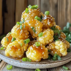 To make this tasty snack, you need a few key ingredients: - 1 large head of cauliflower, cut into florets - 1 cup all-purpose flour - 1 teaspoon garlic powder - 1 teaspoon onion powder - ½ teaspoon paprika - ½ teaspoon salt - ½ teaspoon black pepper - 1 cup cold sparkling water (or regular water) - 1 cup breadcrumbs (panko for extra crunch) - 3 tablespoons honey - 3 tablespoons soy sauce - 2 tablespoons apple cider vinegar - 2 cloves garlic, minced - 1 tablespoon fresh ginger, grated - 1 tablespoon sesame oil - Green onions, sliced (for garnish) - Sesame seeds (for garnish) These ingredients work together to create a wonderful blend of flavors. The cauliflower gives a nice crunch, while the honey and garlic sauce adds a sweet and savory touch. While the dish is tasty as is, you can enhance it with some garnishes: - Green onions: They add a fresh and oniony flavor. - Sesame seeds: These give a nice crunch and look great. These extra touches make your dish pop with color and taste! You might have different needs or preferences. Here are some swaps you can try: - Gluten-free flour options: You can use almond flour or a gluten-free blend. - Vegan substitutions for honey: Maple syrup or agave nectar works well instead of honey. These alternatives allow everyone to enjoy this dish, no matter their diet! For the full recipe, check out the link. First, you need to heat your oven to 425°F (220°C). This high heat helps create that crispy texture we all love. Line a baking sheet with parchment paper to prevent sticking. Next, in a large bowl, mix together 1 cup of all-purpose flour, 1 teaspoon of garlic powder, 1 teaspoon of onion powder, ½ teaspoon of paprika, ½ teaspoon of salt, and ½ teaspoon of black pepper. This is your dry mix. Gradually whisk in 1 cup of cold sparkling water until the batter is smooth. It should be like pancake batter. Adjust it with more flour or water if needed. Now, take your cauliflower florets and dip each one into the batter. Make sure to let any extra batter drip off. After that, coat each floret with breadcrumbs for that extra crunch. Place the coated florets in a single layer on the prepared baking sheet. This helps them cook evenly. Put the baking sheet in your preheated oven. Bake the cauliflower for about 25-30 minutes. To ensure they get crispy, flip them halfway through. This way, every side gets that golden color. While the cauliflower bakes, it’s time to make the sauce. In a small saucepan over medium heat, combine 3 tablespoons of honey, 3 tablespoons of soy sauce, 2 tablespoons of apple cider vinegar, 2 cloves of minced garlic, 1 tablespoon of grated ginger, and 1 tablespoon of sesame oil. Stir it well and bring the mix to a simmer. Cook for about 3-5 minutes until it thickens slightly. Stir frequently to avoid burning. Once the cauliflower is crispy, take it out of the oven. Drizzle the honey garlic sauce over the florets. Toss them lightly to coat all sides. Then, put the sauced cauliflower back in the oven for another 5 minutes. This step helps set the glaze, making each bite delicious. Finally, garnish with sliced green onions and sesame seeds before serving. You can make this snack even more special by checking out the Full Recipe for more details! To get that perfect crunch, aim for a cooking temperature of 425°F. This high heat helps the cauliflower become golden and crispy. Bake for 25-30 minutes, flipping halfway through. Flipping ensures all sides get nice and browned. Use tongs to turn each piece carefully; this helps keep the coating intact. Adjust the sweetness and saltiness to match your taste. If you like it sweeter, add more honey. For a saltier kick, increase the soy sauce just a bit. Don’t forget about spices! Try adding a pinch of chili powder or cayenne for heat. A dash of smoked paprika can also add depth to the flavor. Serving this dish beautifully makes it even more appealing. Use a large plate or a shallow bowl. Spread the cauliflower out so it looks full. Garnish with sliced green onions and a sprinkle of sesame seeds. This adds color and texture. Serve it hot and watch everyone enjoy your crispy honey garlic cauliflower! For the full recipe, check out the details above. {{image_2}} To make your crispy honey garlic cauliflower spicy, add chili flakes or sriracha. Start with a teaspoon of chili flakes in the honey garlic sauce. If you like it hotter, feel free to add more. Sriracha can also work well. Just mix it into the sauce. This spicy twist adds an exciting kick. It pairs perfectly with the sweet honey flavor. You can switch up the sauce for more fun. Try using teriyaki or barbecue sauce. Both add their unique taste. For teriyaki, simply replace the honey garlic sauce. This gives you a sweet, tangy flavor. Barbecue sauce brings a smoky taste. You can use store-bought or make your own for more fun. Experimenting with sauces lets you find your favorite flavor. Want to add more veggies? Broccoli or Brussels sprouts work great! You can follow the same steps as the cauliflower. Just cut them into bite-sized pieces. They will get crispy and tasty too. Mixing in different veggies makes the dish colorful and healthy. It’s a fun way to enjoy more greens while snacking. To store leftovers, let the cauliflower cool first. Place it in an airtight container. This helps keep it fresh. You can store it in the fridge for up to three days. Make sure to seal it well. This prevents moisture from making it soggy. To keep your cauliflower crispy, use an oven or an air fryer. Preheat the oven to 350°F (175°C). Spread the florets on a baking sheet. Heat them for about 10-15 minutes. If using an air fryer, set it to 350°F (175°C) and cook for about 5-7 minutes. This helps restore the crunch. If you want to freeze the cauliflower, do it before cooking. Place the raw coated florets on a baking sheet. Freeze them for about an hour until firm. Then, transfer them to a freezer bag. They can last up to three months. When ready to cook, bake from frozen, adding a few extra minutes to the cooking time. Yes, you can make this recipe gluten-free. Use gluten-free flour instead of all-purpose flour. Some good options are almond flour or chickpea flour. These flours will still give you a nice texture. Be sure to check that your breadcrumbs are also gluten-free if you use them. To keep your cauliflower crispy, store it in an airtight container in the fridge. When reheating, use an oven or an air fryer. The microwave will make it soggy. Heat it at 375°F (190°C) for about 10 minutes. This helps restore the crispiness. Yes, frozen cauliflower works well too. Just make sure to thaw it and drain any excess water. You might need to bake a bit longer to get it crispy. Follow the same steps as in the Full Recipe for coating and baking. This blog post covers the ingredients, steps, tips, and variations for making crispy honey garlic cauliflower. You learned how to prepare and bake the cauliflower, create a tasty sauce, and the importance of garnishes. Remember, you can substitute ingredients for a gluten-free or vegan option. With these tips, you're set to impress with perfect flavor and crispiness. Enjoy experimenting with variations like spicy or teriyaki sauces. Now, go ahead and make a dish that's easy, tasty, and sure to please!