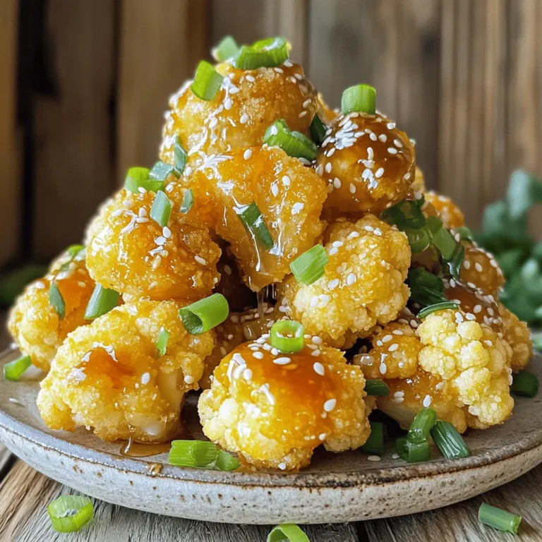 To make this tasty snack, you need a few key ingredients: - 1 large head of cauliflower, cut into florets - 1 cup all-purpose flour - 1 teaspoon garlic powder - 1 teaspoon onion powder - ½ teaspoon paprika - ½ teaspoon salt - ½ teaspoon black pepper - 1 cup cold sparkling water (or regular water) - 1 cup breadcrumbs (panko for extra crunch) - 3 tablespoons honey - 3 tablespoons soy sauce - 2 tablespoons apple cider vinegar - 2 cloves garlic, minced - 1 tablespoon fresh ginger, grated - 1 tablespoon sesame oil - Green onions, sliced (for garnish) - Sesame seeds (for garnish) These ingredients work together to create a wonderful blend of flavors. The cauliflower gives a nice crunch, while the honey and garlic sauce adds a sweet and savory touch. While the dish is tasty as is, you can enhance it with some garnishes: - Green onions: They add a fresh and oniony flavor. - Sesame seeds: These give a nice crunch and look great. These extra touches make your dish pop with color and taste! You might have different needs or preferences. Here are some swaps you can try: - Gluten-free flour options: You can use almond flour or a gluten-free blend. - Vegan substitutions for honey: Maple syrup or agave nectar works well instead of honey. These alternatives allow everyone to enjoy this dish, no matter their diet! For the full recipe, check out the link. First, you need to heat your oven to 425°F (220°C). This high heat helps create that crispy texture we all love. Line a baking sheet with parchment paper to prevent sticking. Next, in a large bowl, mix together 1 cup of all-purpose flour, 1 teaspoon of garlic powder, 1 teaspoon of onion powder, ½ teaspoon of paprika, ½ teaspoon of salt, and ½ teaspoon of black pepper. This is your dry mix. Gradually whisk in 1 cup of cold sparkling water until the batter is smooth. It should be like pancake batter. Adjust it with more flour or water if needed. Now, take your cauliflower florets and dip each one into the batter. Make sure to let any extra batter drip off. After that, coat each floret with breadcrumbs for that extra crunch. Place the coated florets in a single layer on the prepared baking sheet. This helps them cook evenly. Put the baking sheet in your preheated oven. Bake the cauliflower for about 25-30 minutes. To ensure they get crispy, flip them halfway through. This way, every side gets that golden color. While the cauliflower bakes, it’s time to make the sauce. In a small saucepan over medium heat, combine 3 tablespoons of honey, 3 tablespoons of soy sauce, 2 tablespoons of apple cider vinegar, 2 cloves of minced garlic, 1 tablespoon of grated ginger, and 1 tablespoon of sesame oil. Stir it well and bring the mix to a simmer. Cook for about 3-5 minutes until it thickens slightly. Stir frequently to avoid burning. Once the cauliflower is crispy, take it out of the oven. Drizzle the honey garlic sauce over the florets. Toss them lightly to coat all sides. Then, put the sauced cauliflower back in the oven for another 5 minutes. This step helps set the glaze, making each bite delicious. Finally, garnish with sliced green onions and sesame seeds before serving. You can make this snack even more special by checking out the Full Recipe for more details! To get that perfect crunch, aim for a cooking temperature of 425°F. This high heat helps the cauliflower become golden and crispy. Bake for 25-30 minutes, flipping halfway through. Flipping ensures all sides get nice and browned. Use tongs to turn each piece carefully; this helps keep the coating intact. Adjust the sweetness and saltiness to match your taste. If you like it sweeter, add more honey. For a saltier kick, increase the soy sauce just a bit. Don’t forget about spices! Try adding a pinch of chili powder or cayenne for heat. A dash of smoked paprika can also add depth to the flavor. Serving this dish beautifully makes it even more appealing. Use a large plate or a shallow bowl. Spread the cauliflower out so it looks full. Garnish with sliced green onions and a sprinkle of sesame seeds. This adds color and texture. Serve it hot and watch everyone enjoy your crispy honey garlic cauliflower! For the full recipe, check out the details above. {{image_2}} To make your crispy honey garlic cauliflower spicy, add chili flakes or sriracha. Start with a teaspoon of chili flakes in the honey garlic sauce. If you like it hotter, feel free to add more. Sriracha can also work well. Just mix it into the sauce. This spicy twist adds an exciting kick. It pairs perfectly with the sweet honey flavor. You can switch up the sauce for more fun. Try using teriyaki or barbecue sauce. Both add their unique taste. For teriyaki, simply replace the honey garlic sauce. This gives you a sweet, tangy flavor. Barbecue sauce brings a smoky taste. You can use store-bought or make your own for more fun. Experimenting with sauces lets you find your favorite flavor. Want to add more veggies? Broccoli or Brussels sprouts work great! You can follow the same steps as the cauliflower. Just cut them into bite-sized pieces. They will get crispy and tasty too. Mixing in different veggies makes the dish colorful and healthy. It’s a fun way to enjoy more greens while snacking. To store leftovers, let the cauliflower cool first. Place it in an airtight container. This helps keep it fresh. You can store it in the fridge for up to three days. Make sure to seal it well. This prevents moisture from making it soggy. To keep your cauliflower crispy, use an oven or an air fryer. Preheat the oven to 350°F (175°C). Spread the florets on a baking sheet. Heat them for about 10-15 minutes. If using an air fryer, set it to 350°F (175°C) and cook for about 5-7 minutes. This helps restore the crunch. If you want to freeze the cauliflower, do it before cooking. Place the raw coated florets on a baking sheet. Freeze them for about an hour until firm. Then, transfer them to a freezer bag. They can last up to three months. When ready to cook, bake from frozen, adding a few extra minutes to the cooking time. Yes, you can make this recipe gluten-free. Use gluten-free flour instead of all-purpose flour. Some good options are almond flour or chickpea flour. These flours will still give you a nice texture. Be sure to check that your breadcrumbs are also gluten-free if you use them. To keep your cauliflower crispy, store it in an airtight container in the fridge. When reheating, use an oven or an air fryer. The microwave will make it soggy. Heat it at 375°F (190°C) for about 10 minutes. This helps restore the crispiness. Yes, frozen cauliflower works well too. Just make sure to thaw it and drain any excess water. You might need to bake a bit longer to get it crispy. Follow the same steps as in the Full Recipe for coating and baking. This blog post covers the ingredients, steps, tips, and variations for making crispy honey garlic cauliflower. You learned how to prepare and bake the cauliflower, create a tasty sauce, and the importance of garnishes. Remember, you can substitute ingredients for a gluten-free or vegan option. With these tips, you're set to impress with perfect flavor and crispiness. Enjoy experimenting with variations like spicy or teriyaki sauces. Now, go ahead and make a dish that's easy, tasty, and sure to please!