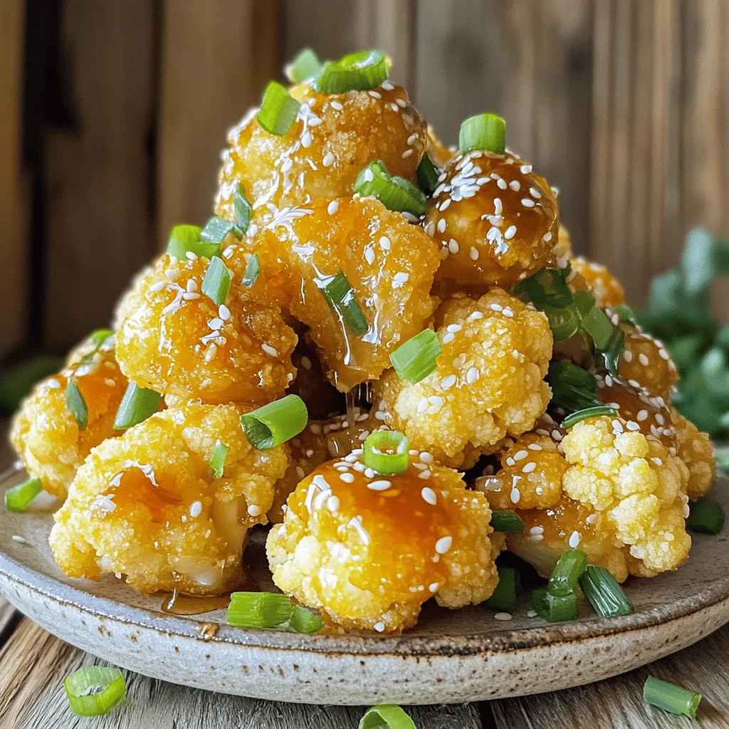 To make this tasty snack, you need a few key ingredients: - 1 large head of cauliflower, cut into florets - 1 cup all-purpose flour - 1 teaspoon garlic powder - 1 teaspoon onion powder - ½ teaspoon paprika - ½ teaspoon salt - ½ teaspoon black pepper - 1 cup cold sparkling water (or regular water) - 1 cup breadcrumbs (panko for extra crunch) - 3 tablespoons honey - 3 tablespoons soy sauce - 2 tablespoons apple cider vinegar - 2 cloves garlic, minced - 1 tablespoon fresh ginger, grated - 1 tablespoon sesame oil - Green onions, sliced (for garnish) - Sesame seeds (for garnish) These ingredients work together to create a wonderful blend of flavors. The cauliflower gives a nice crunch, while the honey and garlic sauce adds a sweet and savory touch. While the dish is tasty as is, you can enhance it with some garnishes: - Green onions: They add a fresh and oniony flavor. - Sesame seeds: These give a nice crunch and look great. These extra touches make your dish pop with color and taste! You might have different needs or preferences. Here are some swaps you can try: - Gluten-free flour options: You can use almond flour or a gluten-free blend. - Vegan substitutions for honey: Maple syrup or agave nectar works well instead of honey. These alternatives allow everyone to enjoy this dish, no matter their diet! For the full recipe, check out the link. First, you need to heat your oven to 425°F (220°C). This high heat helps create that crispy texture we all love. Line a baking sheet with parchment paper to prevent sticking. Next, in a large bowl, mix together 1 cup of all-purpose flour, 1 teaspoon of garlic powder, 1 teaspoon of onion powder, ½ teaspoon of paprika, ½ teaspoon of salt, and ½ teaspoon of black pepper. This is your dry mix. Gradually whisk in 1 cup of cold sparkling water until the batter is smooth. It should be like pancake batter. Adjust it with more flour or water if needed. Now, take your cauliflower florets and dip each one into the batter. Make sure to let any extra batter drip off. After that, coat each floret with breadcrumbs for that extra crunch. Place the coated florets in a single layer on the prepared baking sheet. This helps them cook evenly. Put the baking sheet in your preheated oven. Bake the cauliflower for about 25-30 minutes. To ensure they get crispy, flip them halfway through. This way, every side gets that golden color. While the cauliflower bakes, it’s time to make the sauce. In a small saucepan over medium heat, combine 3 tablespoons of honey, 3 tablespoons of soy sauce, 2 tablespoons of apple cider vinegar, 2 cloves of minced garlic, 1 tablespoon of grated ginger, and 1 tablespoon of sesame oil. Stir it well and bring the mix to a simmer. Cook for about 3-5 minutes until it thickens slightly. Stir frequently to avoid burning. Once the cauliflower is crispy, take it out of the oven. Drizzle the honey garlic sauce over the florets. Toss them lightly to coat all sides. Then, put the sauced cauliflower back in the oven for another 5 minutes. This step helps set the glaze, making each bite delicious. Finally, garnish with sliced green onions and sesame seeds before serving. You can make this snack even more special by checking out the Full Recipe for more details! To get that perfect crunch, aim for a cooking temperature of 425°F. This high heat helps the cauliflower become golden and crispy. Bake for 25-30 minutes, flipping halfway through. Flipping ensures all sides get nice and browned. Use tongs to turn each piece carefully; this helps keep the coating intact. Adjust the sweetness and saltiness to match your taste. If you like it sweeter, add more honey. For a saltier kick, increase the soy sauce just a bit. Don’t forget about spices! Try adding a pinch of chili powder or cayenne for heat. A dash of smoked paprika can also add depth to the flavor. Serving this dish beautifully makes it even more appealing. Use a large plate or a shallow bowl. Spread the cauliflower out so it looks full. Garnish with sliced green onions and a sprinkle of sesame seeds. This adds color and texture. Serve it hot and watch everyone enjoy your crispy honey garlic cauliflower! For the full recipe, check out the details above. {{image_2}} To make your crispy honey garlic cauliflower spicy, add chili flakes or sriracha. Start with a teaspoon of chili flakes in the honey garlic sauce. If you like it hotter, feel free to add more. Sriracha can also work well. Just mix it into the sauce. This spicy twist adds an exciting kick. It pairs perfectly with the sweet honey flavor. You can switch up the sauce for more fun. Try using teriyaki or barbecue sauce. Both add their unique taste. For teriyaki, simply replace the honey garlic sauce. This gives you a sweet, tangy flavor. Barbecue sauce brings a smoky taste. You can use store-bought or make your own for more fun. Experimenting with sauces lets you find your favorite flavor. Want to add more veggies? Broccoli or Brussels sprouts work great! You can follow the same steps as the cauliflower. Just cut them into bite-sized pieces. They will get crispy and tasty too. Mixing in different veggies makes the dish colorful and healthy. It’s a fun way to enjoy more greens while snacking. To store leftovers, let the cauliflower cool first. Place it in an airtight container. This helps keep it fresh. You can store it in the fridge for up to three days. Make sure to seal it well. This prevents moisture from making it soggy. To keep your cauliflower crispy, use an oven or an air fryer. Preheat the oven to 350°F (175°C). Spread the florets on a baking sheet. Heat them for about 10-15 minutes. If using an air fryer, set it to 350°F (175°C) and cook for about 5-7 minutes. This helps restore the crunch. If you want to freeze the cauliflower, do it before cooking. Place the raw coated florets on a baking sheet. Freeze them for about an hour until firm. Then, transfer them to a freezer bag. They can last up to three months. When ready to cook, bake from frozen, adding a few extra minutes to the cooking time. Yes, you can make this recipe gluten-free. Use gluten-free flour instead of all-purpose flour. Some good options are almond flour or chickpea flour. These flours will still give you a nice texture. Be sure to check that your breadcrumbs are also gluten-free if you use them. To keep your cauliflower crispy, store it in an airtight container in the fridge. When reheating, use an oven or an air fryer. The microwave will make it soggy. Heat it at 375°F (190°C) for about 10 minutes. This helps restore the crispiness. Yes, frozen cauliflower works well too. Just make sure to thaw it and drain any excess water. You might need to bake a bit longer to get it crispy. Follow the same steps as in the Full Recipe for coating and baking. This blog post covers the ingredients, steps, tips, and variations for making crispy honey garlic cauliflower. You learned how to prepare and bake the cauliflower, create a tasty sauce, and the importance of garnishes. Remember, you can substitute ingredients for a gluten-free or vegan option. With these tips, you're set to impress with perfect flavor and crispiness. Enjoy experimenting with variations like spicy or teriyaki sauces. Now, go ahead and make a dish that's easy, tasty, and sure to please!