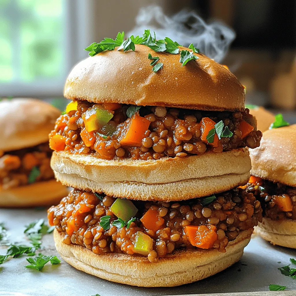 To make Vegan Lentil Sloppy Joes, you will need to gather some key ingredients. Let's break them down into categories for clarity. - Lentils and legumes - 1 cup green or brown lentils, rinsed - Vegetables - 1 small onion, diced - 2 cloves garlic, minced - 1 bell pepper (red or green), diced - 1 cup carrot, finely chopped - Sauces and seasonings - 1 can (15 oz) tomato sauce - 2 tablespoons tomato paste - 2 tablespoons maple syrup - 2 tablespoons apple cider vinegar - 1 tablespoon soy sauce or tamari - 1 teaspoon smoked paprika - 1/2 teaspoon chili powder - Salt and pepper to taste - Bun options - 4 whole grain or gluten-free buns - Fresh parsley or cilantro for garnish (optional) These ingredients come together to create a flavorful and hearty meal. Each ingredient adds its own unique taste, making your Sloppy Joes satisfying and delicious. Don't forget to check out the Full Recipe for detailed instructions on how to bring this dish to life! 1. Start by cooking the lentils. In a medium pot, add 1 cup of rinsed lentils and 3 cups of water. Bring to a boil. 2. Once boiling, reduce the heat to low. Cover the pot and simmer for 25-30 minutes. 3. When the lentils are tender, drain any excess liquid. Set the lentils aside for later use. 1. In a large skillet, heat 1 tablespoon of olive oil over medium heat. 2. Add 1 small diced onion and 2 cloves of minced garlic. Sauté for about 3-4 minutes until the onion turns translucent. 3. Next, add 1 diced bell pepper and 1 cup of finely chopped carrots to the skillet. Cook for 5-6 minutes. Stir often until the vegetables are soft. 1. Now, mix the cooked lentils into the skillet with the vegetables. 2. Add the following ingredients: - 1 can (15 oz) tomato sauce - 2 tablespoons tomato paste - 2 tablespoons maple syrup - 2 tablespoons apple cider vinegar - 1 tablespoon soy sauce or tamari - 1 teaspoon smoked paprika - 1/2 teaspoon chili powder - Salt and pepper to taste 3. Stir everything well until combined. 4. Let the mixture simmer for about 10 minutes. This helps all the flavors blend and the sauce thicken. Stir occasionally to avoid sticking. Now you are ready to serve your Vegan Lentil Sloppy Joes! For the full recipe, check out the complete guide. To make your Vegan Lentil Sloppy Joes pop, use the right spices. I suggest smoked paprika for a deep, smoky taste. Add chili powder for some heat. If you want a touch of sweetness, maple syrup works great. You can also mix in a dash of cayenne pepper if you like it spicy. When serving, consider tasty accompaniments. Coleslaw adds a nice crunch. You can also serve potato chips on the side for a classic feel. For garnishing, fresh parsley or cilantro elevates the dish. Just sprinkle some on top for color and flavor. You need a few essential tools to make this recipe shine. A medium pot is key for cooking lentils. A large skillet is perfect for sautéing the veggies. Don't forget measuring cups and spoons for accuracy. A wooden spoon helps mix everything well. For serving, use sturdy plates to hold the hearty sloppy joes. For the full recipe, check out the [Full Recipe]. {{image_2}} You can change some ingredients to suit your taste. For a different legume, try black beans or chickpeas. They add unique flavors and textures. You can also use canned lentils for a quicker option. For sauces, use tamari instead of soy sauce for a gluten-free choice. You can switch the maple syrup with agave nectar for a different sweetness. If you want a spicier kick, add a few drops of hot sauce or sriracha. If you need a gluten-free meal, use gluten-free buns. Many stores sell these now, so it's easy to find. You can also skip the sauce that contains gluten. If you want to lower the sodium, choose low-sodium soy sauce or tamari. You can also reduce the amount of salt added to the dish. This way, you can enjoy the flavors without worrying about high sodium levels. Try something new with your sloppy joes. Serve the lentil mixture over a fresh salad. This adds crunch and freshness. You can also make stuffed peppers. Fill halved bell peppers with the lentil mix and bake until soft. Both options offer a fun twist on the classic sloppy joe. For the full recipe, check out the main article section. Enjoy cooking! To keep your Vegan Lentil Sloppy Joes fresh, store them in an airtight container. Place them in the fridge if you plan to eat them within three days. Make sure to cool the dish before sealing it. For longer storage, freeze the sloppy joe mixture. Transfer it into freezer-safe bags. Squeeze out the air before sealing. This helps prevent freezer burn. You can freeze it for up to three months. When you're ready to eat leftovers, reheat them on the stove. Pour the mixture into a pan over medium heat. Stir it often to keep it from sticking. If the mixture looks dry, add a splash of water or broth. This keeps it moist and flavorful. You can also use the microwave. Place the mixture in a microwave-safe bowl and cover it. Heat for 1-2 minutes. Stir halfway through to ensure even heating. Enjoy the same great flavor as when it was fresh! You can prepare the lentil mix a day early. Store it in an airtight container in the fridge. Keep the buns separate until you are ready to serve. This helps maintain their crunch. Reheat the lentil mixture on low heat. Stir gently to avoid sticking. You can also freeze the lentil mix for later use. Just thaw it overnight in the fridge before reheating. This meal is perfect for busy weeknights. Yes, you can use black beans or kidney beans. Chickpeas also work well. Each bean brings its own taste and texture. Just make sure to cook them until soft. You can mash them slightly for a different feel. Mixing lentils with other beans can add flavor. It’s a fun way to try new things in your sloppy joes! These sloppy joes taste great with sweet potato fries. You can also serve them with a side salad. Coleslaw adds a nice crunch and fresh flavor. For a heartier meal, try them with roasted vegetables. Pickles or avocado make great toppings too. Enjoy your meal with a refreshing drink like iced tea! Vegan lentil sloppy joes are simple and tasty. We explored key ingredients, including lentils, veggies, and sauces. I provided step-by-step instructions for preparation and cooking. Tips on flavor, storage, and variations give you plenty of options. You can adapt this dish for any diet. Whether you go with spicy, sweet, or creative serving ideas, you will enjoy this meal. Now, it’s your turn to try it out. Enjoy cooking and experimenting with your own twist!