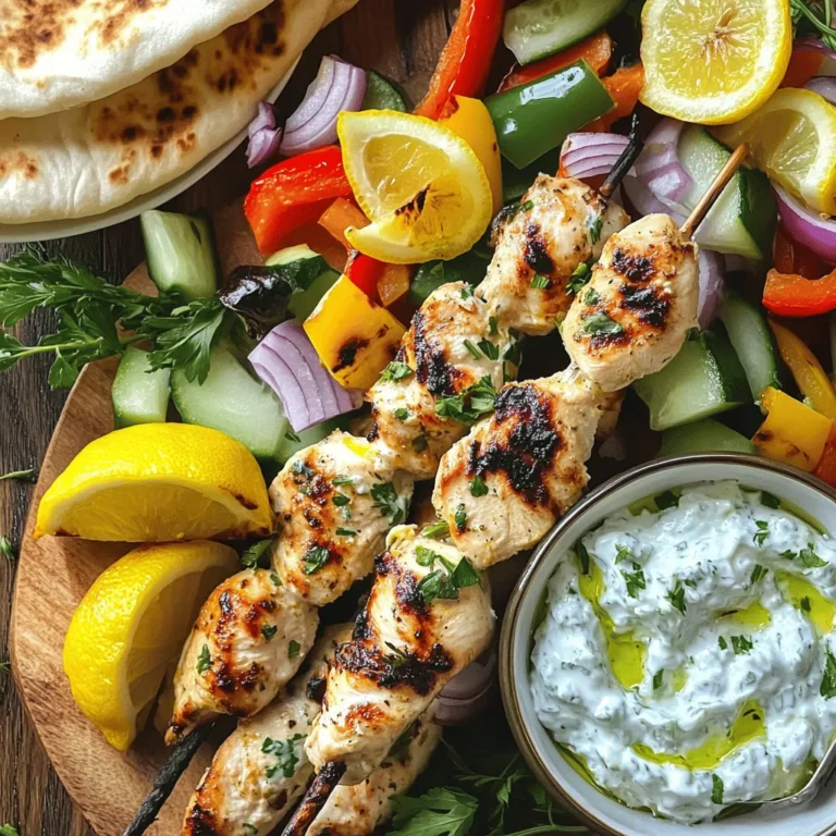 For these tasty skewers, you need simple, fresh ingredients. Here’s what you will need: - 1 lb boneless, skinless chicken breast, cut into 1-inch cubes - Wooden or metal skewers (if using wooden skewers, soak in water for 30 minutes) The marinade brings flavor and juiciness to the chicken. You will need: - 3 tablespoons olive oil - 3 tablespoons lemon juice - 2 cloves garlic, minced - 1 tablespoon dried oregano - 1 teaspoon cumin - Salt and pepper to taste Serve your chicken souvlaki with these tasty extras: - Pita bread - Tzatziki sauce - Fresh vegetables, like bell peppers, red onion, and cucumbers These ingredients make your Greek Chicken Souvlaki Skewers shine. You can find the full recipe in the article above. To start, gather your ingredients. In a medium bowl, mix together 3 tablespoons of olive oil, 3 tablespoons of lemon juice, and 2 minced garlic cloves. Then, add 1 tablespoon of dried oregano and 1 teaspoon of cumin. Season with salt and pepper to taste. Whisk everything until it blends well. This marinade gives the chicken great flavor. Next, take 1 pound of boneless, skinless chicken breast and cut it into 1-inch cubes. Place the chicken into the marinade. Make sure each piece gets coated. Cover the bowl with plastic wrap and refrigerate. Let it marinate for at least 30 minutes. For even more flavor, you can let it sit for up to 2 hours. After marinating, it's time to grill. Preheat your grill or grill pan over medium-high heat. Thread the marinated chicken onto wooden or metal skewers. If you use wooden skewers, soak them in water for 30 minutes first. Leave a little space between each piece for even cooking. Once your grill is hot, place the skewers on it. Cook for about 10-12 minutes, turning occasionally. You want the chicken to be cooked through and have a nice char. After grilling, let the skewers rest for a few minutes. Serve them with warm pita bread and Tzatziki sauce. Enjoy this tasty grilled dish! You can find the Full Recipe for more detailed steps. To make the best marinade, use fresh ingredients. Combine olive oil, lemon juice, and garlic. Add dried oregano and cumin for flavor. Mix in salt and pepper to taste. The chicken needs time to soak up these flavors. Marinate for at least 30 minutes, but longer is better. For juicy chicken, avoid using too much salt in the marinade. This helps keep the chicken tender. Preheat your grill to medium-high heat for even cooking. Make sure the grill grates are clean. This helps prevent sticking. Place the skewers on the grill and keep a close eye on them. Turn them every few minutes for even grilling. Cook for about 10-12 minutes until they are golden brown. If you use metal skewers, they can get very hot. Use tongs to handle them safely. To impress your guests, arrange the skewers on a large platter. Drizzle them with extra olive oil for shine. Add lemon wedges and fresh herbs for color. Serve with warm pita bread and Tzatziki sauce. You can also add colorful veggies like bell peppers and cucumbers. This makes for a beautiful, inviting dish. For the full recipe, you can refer back to the recipe section. {{image_2}} You can switch up the protein in this dish easily. Chicken is a classic, but beef or pork works well too. For beef, use tender cuts for best results. Pork can add a nice twist with its juicy flavor. Simply follow the same marinating process. You can also use shrimp for a lighter option. Just remember to adjust the grilling time since shrimp cooks faster. If you want a meat-free option, try using veggies or tofu. Bell peppers, zucchini, and mushrooms make great choices. You can also use firm tofu, cut into cubes. Marinate them just like the chicken. For a heartier option, use halloumi cheese. This cheese grills well and adds a rich flavor. To change the flavor of your marinade, try different herbs. You can use thyme or rosemary instead of oregano. Adding a bit of honey can give a sweet touch. For spice lovers, consider adding red pepper flakes or paprika. You can also swap lemon juice for orange juice for a fruity twist. These variations can make your Greek Chicken Souvlaki Skewers even more exciting! For the full recipe, check out the instructions above. After enjoying your Greek Chicken Souvlaki Skewers, let them cool to room temperature. Place the leftovers in an airtight container. This keeps the chicken fresh. Store it in the fridge for up to three days. Make sure the lid seals tight. This helps avoid any bad smells or flavors. When you are ready to eat the leftovers, use the oven or grill. Preheat your oven to 350°F (175°C). Place the skewers on a baking sheet. Heat them for about 10 minutes. If using a grill, heat it to medium. Grill for a few minutes until warm. This keeps the chicken juicy and tasty. Avoid using a microwave, as it can make the chicken rubbery. You can also freeze the leftovers! Wrap the skewers tightly in plastic wrap. Then, place them in a freezer bag. Make sure to remove as much air as possible. Label the bag with the date. You can freeze the skewers for up to three months. When you want to eat them, thaw in the fridge overnight. Then, reheat as mentioned above. This way, you can enjoy your souvlaki later! For the full recipe, check out the details above. The best way to marinate chicken for souvlaki is to mix olive oil, lemon juice, garlic, and herbs. For my recipe, I use: - 3 tablespoons olive oil - 3 tablespoons lemon juice - 2 cloves garlic, minced - 1 tablespoon dried oregano - 1 teaspoon cumin - Salt and pepper to taste This mix gives the chicken a bright flavor. It also helps keep it juicy. Make sure to coat all the chicken pieces well. For best results, let the chicken marinate for at least 30 minutes. Yes, you can prepare Greek Chicken Souvlaki Skewers ahead of time. You can marinate the chicken and store it in the fridge for up to two hours. If you want to make them even earlier, you can marinate the chicken a day ahead. Just store it in an airtight container. When ready to grill, thread the chicken onto skewers and cook. Many sides pair well with souvlaki. Here are some great options: - Warm pita bread - Tzatziki sauce - Fresh vegetables like bell peppers, red onion, or cucumbers These sides add flavor and freshness. You can also serve a simple Greek salad for more color and crunch. Enjoy! In this guide, we explored the main ingredients for Greek chicken souvlaki and discussed how to prepare them. You learned about making a tasty marinade and grilling the skewers to perfection. I shared tips to improve your souvlaki and suggested variations, like using different proteins or making vegetarian options. Now you can store and reheat leftovers easily too. Enjoy crafting your perfect souvlaki and impressing your friends and family with every bite. It’s a fun dish that brings great flavor and joy to your table.