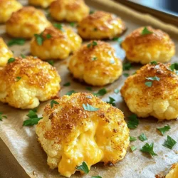 To make tasty Cheesy Cauliflower Bites, you will need: - 1 medium head of cauliflower, cut into bite-sized florets - 1 cup shredded cheddar cheese - 1/2 cup grated Parmesan cheese - 1/2 cup almond flour (or regular flour) - 2 large eggs - 1 teaspoon garlic powder - 1 teaspoon onion powder - 1/2 teaspoon paprika - Salt and pepper to taste - 1/4 cup chopped fresh parsley (for garnish) You can swap some ingredients for different flavors or dietary needs: - Use regular flour if you don't have almond flour. - Try different cheese like mozzarella for a milder taste. - For a dairy-free option, use vegan cheese and flaxseed eggs. - Add your favorite spices, like chili powder or oregano, for a twist. Each serving of Cheesy Cauliflower Bites gives you a great snack. Here is a quick look: - Calories: Approximately 150 per serving - Protein: About 8 grams - Carbohydrates: Roughly 10 grams - Fiber: 3 grams - Fat: Around 10 grams For a full recipe, check out the [Full Recipe]. Start by washing your cauliflower. Cut it into bite-sized florets. Each piece should be easy to grab. A medium head of cauliflower works best. Ensure all the florets are roughly the same size. This helps them cook evenly. In a large bowl, mix the cheeses. Combine the shredded cheddar and grated Parmesan. Add the almond flour, garlic powder, onion powder, paprika, salt, and pepper. Stir well until everything blends. This mixture gives a great flavor and crust. Preheat your oven to 425°F (220°C). Line a baking sheet with parchment paper. In another bowl, whisk the eggs until they are smooth. Toss the cauliflower florets in the egg mixture. Make sure they are fully coated. Gradually add the cheese mix to the florets. Stir carefully until each floret is coated. Spread them on the baking sheet in a single layer. Bake for 20-25 minutes. Look for a golden brown color and crispy texture. Once done, take them out and let them cool. Garnish with parsley before you serve. For the full recipe, check out the provided details. To get your cheesy cauliflower bites extra crispy, try a few simple tricks. First, make sure to cut your cauliflower into small, even florets. Smaller pieces cook faster and crisp up better. Next, ensure that you dry the florets well before mixing them with the egg and cheese. Moisture can keep them from getting crisp. Lastly, spread them out on the baking sheet. If they are crowded, they will steam instead of bake. There are a few common mistakes to watch for. One mistake is using too much egg. This can make the bites soggy instead of crispy. Another mistake is not preheating your oven. A hot oven helps achieve that golden brown color. Lastly, don’t skip the parchment paper. It prevents sticking and makes cleanup easier. Cheesy cauliflower bites are great on their own or with dips. You can serve them with ranch dressing, marinara, or even a spicy aioli. For a fun twist, try pairing them with a fresh salad. You can also sprinkle extra herbs on top for added flavor. If you want to make it a meal, serve them alongside grilled chicken or fish. For the full recipe, check out the detailed steps above! {{image_2}} You can change the taste of your cheesy cauliflower bites easily. For a spicy kick, add cayenne pepper or crushed red pepper flakes. You can also mix in Italian herbs like oregano and basil for a fresh flavor. Want a smoky taste? Use smoked paprika instead of regular paprika. These little tweaks can take your bites to a new level. You can easily make these bites vegan. Swap the cheddar and Parmesan cheese with your favorite vegan cheese. For the eggs, use flaxseed meal. Mix one tablespoon of flaxseed meal with three tablespoons of water. Let it sit for five minutes until it thickens. This acts as a great binder in the recipe. Adjust the baking time as needed, but they will still be just as tasty! These cheesy bites pair well with many dips. Try serving them with ranch, spicy mayo, or a tangy yogurt dip. You can also serve them with a fresh salad or on a platter with veggies. They make a great party snack or game day treat. The flavors and textures will please everyone! For the full recipe, check out the complete guide. To keep your cheesy cauliflower bites fresh, let them cool first. Then, place them in an airtight container. They stay good in the fridge for up to three days. Make sure to store them away from strong smells. This keeps their tasty flavor intact. When you're ready to enjoy leftovers, reheat them for best flavor. Preheat your oven to 350°F (175°C). Place the bites on a baking sheet. Heat them for about 10-15 minutes until warm. This helps them regain their crispy texture. You can also use an air fryer for a quick reheat. If you want to save some for later, freezing works well. Place the cooled bites on a baking sheet in a single layer. Freeze them for about an hour, then transfer them to a freezer bag. They can last up to three months in the freezer. To use, simply thaw them overnight in the fridge before reheating. Enjoy every bite! Yes, you can use frozen cauliflower. Just make sure to thaw it first. Drain any excess water to avoid sogginess. Frozen cauliflower may be softer, so adjust your baking time. Check for crispiness to ensure great texture. Cheesy cauliflower bites pair well with many foods. Try serving them with a spicy dip for added flavor. Ranch dressing or marinara sauce also makes a nice match. You can add a side salad or some roasted veggies for a complete meal. To cut calories, use less cheese or a low-fat cheese option. You can also swap almond flour for whole wheat flour. Another option is to bake them without oil. Each small change helps make your snack lighter and still tasty. In this article, we explored how to make cheesy cauliflower bites. We covered all the ingredients, substitutions, and their nutrition. Next, I provided easy step-by-step prep and baking instructions. I shared tips for extra crispiness and common mistakes to avoid. We also discussed fun flavor variations and how to store leftovers. This tasty snack fits many diets and is easy to customize. Enjoy making these bites your own!