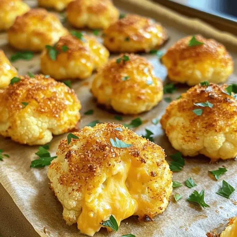 To make tasty Cheesy Cauliflower Bites, you will need: - 1 medium head of cauliflower, cut into bite-sized florets - 1 cup shredded cheddar cheese - 1/2 cup grated Parmesan cheese - 1/2 cup almond flour (or regular flour) - 2 large eggs - 1 teaspoon garlic powder - 1 teaspoon onion powder - 1/2 teaspoon paprika - Salt and pepper to taste - 1/4 cup chopped fresh parsley (for garnish) You can swap some ingredients for different flavors or dietary needs: - Use regular flour if you don't have almond flour. - Try different cheese like mozzarella for a milder taste. - For a dairy-free option, use vegan cheese and flaxseed eggs. - Add your favorite spices, like chili powder or oregano, for a twist. Each serving of Cheesy Cauliflower Bites gives you a great snack. Here is a quick look: - Calories: Approximately 150 per serving - Protein: About 8 grams - Carbohydrates: Roughly 10 grams - Fiber: 3 grams - Fat: Around 10 grams For a full recipe, check out the [Full Recipe]. Start by washing your cauliflower. Cut it into bite-sized florets. Each piece should be easy to grab. A medium head of cauliflower works best. Ensure all the florets are roughly the same size. This helps them cook evenly. In a large bowl, mix the cheeses. Combine the shredded cheddar and grated Parmesan. Add the almond flour, garlic powder, onion powder, paprika, salt, and pepper. Stir well until everything blends. This mixture gives a great flavor and crust. Preheat your oven to 425°F (220°C). Line a baking sheet with parchment paper. In another bowl, whisk the eggs until they are smooth. Toss the cauliflower florets in the egg mixture. Make sure they are fully coated. Gradually add the cheese mix to the florets. Stir carefully until each floret is coated. Spread them on the baking sheet in a single layer. Bake for 20-25 minutes. Look for a golden brown color and crispy texture. Once done, take them out and let them cool. Garnish with parsley before you serve. For the full recipe, check out the provided details. To get your cheesy cauliflower bites extra crispy, try a few simple tricks. First, make sure to cut your cauliflower into small, even florets. Smaller pieces cook faster and crisp up better. Next, ensure that you dry the florets well before mixing them with the egg and cheese. Moisture can keep them from getting crisp. Lastly, spread them out on the baking sheet. If they are crowded, they will steam instead of bake. There are a few common mistakes to watch for. One mistake is using too much egg. This can make the bites soggy instead of crispy. Another mistake is not preheating your oven. A hot oven helps achieve that golden brown color. Lastly, don’t skip the parchment paper. It prevents sticking and makes cleanup easier. Cheesy cauliflower bites are great on their own or with dips. You can serve them with ranch dressing, marinara, or even a spicy aioli. For a fun twist, try pairing them with a fresh salad. You can also sprinkle extra herbs on top for added flavor. If you want to make it a meal, serve them alongside grilled chicken or fish. For the full recipe, check out the detailed steps above! {{image_2}} You can change the taste of your cheesy cauliflower bites easily. For a spicy kick, add cayenne pepper or crushed red pepper flakes. You can also mix in Italian herbs like oregano and basil for a fresh flavor. Want a smoky taste? Use smoked paprika instead of regular paprika. These little tweaks can take your bites to a new level. You can easily make these bites vegan. Swap the cheddar and Parmesan cheese with your favorite vegan cheese. For the eggs, use flaxseed meal. Mix one tablespoon of flaxseed meal with three tablespoons of water. Let it sit for five minutes until it thickens. This acts as a great binder in the recipe. Adjust the baking time as needed, but they will still be just as tasty! These cheesy bites pair well with many dips. Try serving them with ranch, spicy mayo, or a tangy yogurt dip. You can also serve them with a fresh salad or on a platter with veggies. They make a great party snack or game day treat. The flavors and textures will please everyone! For the full recipe, check out the complete guide. To keep your cheesy cauliflower bites fresh, let them cool first. Then, place them in an airtight container. They stay good in the fridge for up to three days. Make sure to store them away from strong smells. This keeps their tasty flavor intact. When you're ready to enjoy leftovers, reheat them for best flavor. Preheat your oven to 350°F (175°C). Place the bites on a baking sheet. Heat them for about 10-15 minutes until warm. This helps them regain their crispy texture. You can also use an air fryer for a quick reheat. If you want to save some for later, freezing works well. Place the cooled bites on a baking sheet in a single layer. Freeze them for about an hour, then transfer them to a freezer bag. They can last up to three months in the freezer. To use, simply thaw them overnight in the fridge before reheating. Enjoy every bite! Yes, you can use frozen cauliflower. Just make sure to thaw it first. Drain any excess water to avoid sogginess. Frozen cauliflower may be softer, so adjust your baking time. Check for crispiness to ensure great texture. Cheesy cauliflower bites pair well with many foods. Try serving them with a spicy dip for added flavor. Ranch dressing or marinara sauce also makes a nice match. You can add a side salad or some roasted veggies for a complete meal. To cut calories, use less cheese or a low-fat cheese option. You can also swap almond flour for whole wheat flour. Another option is to bake them without oil. Each small change helps make your snack lighter and still tasty. In this article, we explored how to make cheesy cauliflower bites. We covered all the ingredients, substitutions, and their nutrition. Next, I provided easy step-by-step prep and baking instructions. I shared tips for extra crispiness and common mistakes to avoid. We also discussed fun flavor variations and how to store leftovers. This tasty snack fits many diets and is easy to customize. Enjoy making these bites your own!