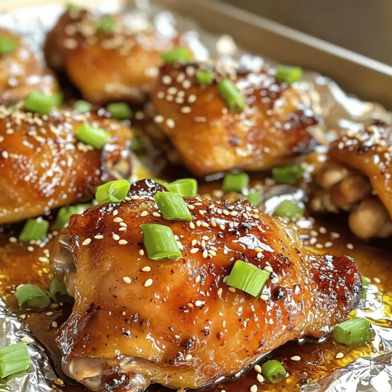 To make Honey Garlic Chicken Thighs, gather these key ingredients: - 4 bone-in chicken thighs, skin on - 1/4 cup honey - 1/4 cup soy sauce (low sodium preferred) - 4 cloves garlic, minced - 1 tablespoon fresh ginger, grated - 2 tablespoons olive oil - 1 teaspoon sesame oil - Salt and pepper to taste - 1 tablespoon rice vinegar These ingredients work together to create a rich and tasty marinade. The bone-in chicken thighs add moisture and flavor. Honey gives sweetness, while soy sauce brings saltiness. For extra flair, consider these garnishes: - 2 green onions, sliced (for garnish) - Sesame seeds (for garnish) You can pair your Honey Garlic Chicken Thighs with sides like rice or steamed vegetables. Rice soaks up the sauce well and balances the meal. Vegetables add color and nutrients. Check the Full Recipe for more details! To make the honey garlic marinade, start by mixing these ingredients in a bowl: - 1/4 cup honey - 1/4 cup soy sauce - 4 cloves garlic, minced - 1 tablespoon fresh ginger, grated - 2 tablespoons olive oil - 1 teaspoon sesame oil - 1 tablespoon rice vinegar - Salt and pepper to taste Whisk until everything blends well. This marinade adds rich flavor to the chicken. Marinating the chicken is key. I recommend marinating for at least 30 minutes. If you have time, aim for 2 hours. This helps the chicken soak up the flavors deeply. Next, preheat your oven to 400°F (200°C). This step is vital for getting that crispy skin we all love. While the oven heats, take the marinated chicken thighs out of the fridge. Place them, skin-side up, on a lined baking sheet. Make sure to keep the marinade for later. Bake the chicken for 25 to 30 minutes. You want the internal temperature to reach 165°F (75°C). This is the safe cooking point for chicken. Look for crispy, caramelized skin. If the skin isn’t as crispy as you want, you can broil the chicken for a few minutes at the end. While the chicken bakes, pour the reserved marinade into a saucepan. Bring it to a simmer over medium heat. Cook it for about 10 minutes until it thickens a bit. This thickened sauce will enhance the flavors when you brush it over the chicken. Once the chicken is done, take it out of the oven. Brush the thickened marinade over the top for extra flavor. To make your dish look great, garnish with sliced green onions and a sprinkle of sesame seeds. Enjoy your honey garlic chicken thighs! For the full recipe, refer to the earlier section. To get the best flavor, marinate your chicken thighs for at least 30 minutes. If you have time, let them sit for up to 2 hours. This extra time allows the honey, garlic, and ginger to soak in. If you want to store leftover marinade, keep it in an airtight container. You can use it within three days. Always keep it in the fridge. This way, you can use it for other dishes too. You can grill or bake your chicken thighs. Grilling will give them a smoky flavor while baking makes them crispy. If you choose to bake, preheat your oven to 400°F (200°C). For a great caramelized finish, brush the thickened marinade on the chicken during the last few minutes of cooking. This adds shine and a rich flavor. Remember to check the internal temperature. It should reach 165°F (75°C) for safe eating. {{image_2}} For oven-baking, follow the same marinade steps. Preheat your oven to 400°F (200°C). Place the marinated chicken thighs on a baking sheet with the skin side up. Bake for 25-30 minutes. Check that the chicken reaches 165°F (75°C) inside. This method gives a nice crispy skin and a sweet glaze. Using a slow cooker is easy. First, prepare the marinade as before. Place the chicken thighs in the slow cooker and pour the marinade over them. Cook on low for 6-8 hours or on high for 3-4 hours. The chicken becomes tender and full of flavor. You can serve it with rice or veggies. For a quick meal, use an Instant Pot. Start by mixing the marinade. Place the chicken in the pot and cover it with the sauce. Cook on high pressure for 10 minutes and allow a natural release for 5 minutes. This method saves time and keeps the chicken juicy. You can also thicken the sauce afterward on the sauté setting for added flavor. For the full recipe, check the details above. To store leftovers safely, let the chicken cool first. Place it in an airtight container. Make sure to cover it tightly. Proper storage helps keep it fresh. You can store it in the fridge for about 3 to 4 days. For best taste, consume it within this time. For freezing, let the chicken cool completely. Wrap each piece in plastic wrap. Then, place them in a freezer bag. Remove as much air as possible before sealing. This helps prevent freezer burn. You can freeze the chicken for up to 3 months. To reheat, thaw it overnight in the fridge. Then, heat it in the oven or microwave until hot. Honey garlic chicken thighs can last about 3 to 4 days in the fridge. Always check for any off smells or changes in texture before eating. Properly stored, they remain safe and tasty. For the best flavor, eat them sooner rather than later. Enjoy this savory dish while it's fresh! You can use several sweeteners in place of honey. Maple syrup works well and gives a nice flavor. Agave nectar is another good option. If you want a low-calorie choice, try stevia or monk fruit sweetener. Just remember, each sweetener has its own taste, so pick one you enjoy. Yes, you can use boneless chicken thighs. They will cook faster than bone-in thighs. I recommend reducing the baking time by about five to ten minutes. Make sure to check the chicken’s doneness. Aim for an internal temperature of 165°F (75°C). To check if the chicken is done, use a meat thermometer. Insert it into the thickest part of the thigh. If it reads 165°F (75°C), the chicken is safe to eat. You can also cut into the thickest part. The juices should run clear, not pink. If they are still pink, cook it a little longer. This recipe serves four people. The prep time is just 10 minutes, and the total cooking time is about 50 minutes. Here’s how it breaks down: - Marination Time: At least 30 minutes, but 2 hours is best. - Baking Time: 25-30 minutes in a 400°F (200°C) oven. This timing helps create juicy, flavorful chicken with crispy skin. Always check the chicken’s internal temperature. It should reach 165°F (75°C) to ensure it is safe to eat. Each serving of honey garlic chicken thighs contains: - Calories: Approximately 350 - Protein: 24g - Fat: 22g - Carbohydrates: 15g - Sugars: 10g This dish is protein-rich and has a nice balance of healthy fats and carbs. The honey adds natural sweetness while the soy sauce gives it a savory kick. Here are some great tips from home cooks who have tried this recipe: - Marinate Longer: Many suggest marinating the chicken overnight for deeper flavor. - Use Fresh Garlic: Fresh garlic increases the dish's aroma and taste, making it more vibrant. - Crispier Skin: For even crispier skin, broil the chicken for the last 2-3 minutes of baking. - Serve with Rice: A few cooks recommend serving these thighs with rice or steamed veggies for a complete meal. These tips enhance the dish and make it more enjoyable. Feel free to add your spin! Honey garlic chicken thighs offer a tasty dish that’s easy to make. You learned about key ingredients like bone-in chicken, honey, soy sauce, and garlic. We discussed marinating for flavor and cooking methods that keep the chicken juicy. You can experiment with variations like slow cooking or using an Instant Pot. Remember to store leftovers properly to enjoy them later. With the tips and recipes provided, you can create a delicious dinner that impresses everyone. Enjoy the cooking journey!