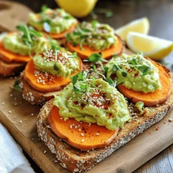 To make sweet potato avocado toast, you need some key ingredients. Here’s what you’ll need: - 1 medium sweet potato - 1 ripe avocado - 1 tablespoon lemon juice - 1/4 teaspoon garlic powder - 1/4 teaspoon smoked paprika - Salt and pepper to taste - 2 slices whole grain bread These ingredients come together to create a tasty, healthy meal. The sweet potato gives a sweet, earthy flavor. The avocado adds creaminess and healthy fats. You can add extra toppings to make your toast even more exciting. Here are some tasty options: - Crushed red pepper flakes for a spicy kick - Hemp seeds for a nutty crunch - Microgreens for a fresh touch Feel free to mix and match. You can also try different bread types, like sourdough or rye, for unique flavors. Each ingredient in this recipe offers great nutrition. Sweet potatoes are high in vitamins and fiber. They help support good digestion and boost your immune system. Avocados are rich in healthy fats, which are good for your heart. They also have vitamins that help your skin and eyes. Whole grain bread provides complex carbs and fiber. This helps keep you full longer. Adding toppings like hemp seeds can boost protein and omega-3 fatty acids. Together, these ingredients create a balanced, nutritious meal. For the full recipe, check out [Full Recipe]. To start, preheat your oven to 400°F (200°C). Take your medium sweet potato and peel it. Cut it into 1/2-inch rounds. Toss these rounds with a little olive oil, salt, and pepper. Make sure they are well-coated. Spread them out on a baking sheet in one layer. Roast these sweet potato rounds for about 25 to 30 minutes. Flip them halfway through to ensure even cooking. They should turn tender and golden when done. While the sweet potatoes roast, grab your ripe avocado. Cut it in half and remove the pit carefully. Scoop the green flesh into a bowl. Use a fork to mash it until creamy. Add one tablespoon of lemon juice for flavor and to keep it fresh. Mix in 1/4 teaspoon garlic powder and 1/4 teaspoon smoked paprika. Season with a pinch of salt and pepper. Stir well until everything is combined. This mash will add a rich and tasty layer to your toast. Next, take your two slices of whole grain bread. You can toast them in a toaster or on a grill. Toast them until they are golden and crisp. This step adds a nice crunch to your dish. Once the bread is ready, you can start to assemble your toast. Once your sweet potato slices are done roasting, layer them on top of the toasted bread. Then, spread the creamy avocado mash generously over the roasted sweet potato. This combination of flavors makes each bite delicious! For the full recipe, check out the Sweet Potato Avocado Toast recipe. To get sweet potatoes just right, follow these steps: - Cut Evenly: Slice your sweet potato into 1/2-inch rounds. This way, they cook evenly. - Oil and Season Well: Drizzle olive oil over the rounds. Sprinkle salt and pepper for flavor. - Single Layer: Spread the slices on a baking sheet without crowding them. This ensures they roast, not steam. - Flip Halfway: Turn the rounds halfway through cooking for even browning. Aim for about 25-30 minutes at 400°F. Making a smooth, creamy avocado spread is easy: - Use Ripe Avocados: Pick avocados that yield slightly when pressed. They should feel soft but not mushy. - Mash Well: Scoop the flesh into a bowl and mash with a fork. Stop when it’s mostly smooth. - Add Flavor: Mix in lemon juice, garlic powder, and smoked paprika. This adds depth to the flavor. - Season to Taste: Always add salt and pepper. Adjust based on your preference for flavor. Making your toast look great enhances the experience: - Use a Nice Plate: Choose a wooden board or a colorful plate for a rustic touch. - Layer Neatly: Stack the sweet potato slices neatly before adding the avocado spread. - Add Color: Top with crushed red pepper flakes or hemp seeds. Microgreens add a fresh pop. - Lemon Wedges: Include lemon wedges on the side. It adds color and freshness, inviting a squeeze before eating. For the complete recipe, refer to the Full Recipe. {{image_2}} You can use many types of bread for your toast. Whole grain bread is a great choice for health. It adds fiber and flavor. If you want something lighter, try sourdough. The tangy taste pairs well with sweet potatoes. For a gluten-free option, use rice cakes or gluten-free bread. Each bread option changes the texture and taste. Choose what you love best. The fun part of sweet potato avocado toast is the toppings. You can add crushed red pepper flakes for spice. Hemp seeds give a nice crunch and boost nutrition. For freshness, sprinkle some microgreens on top. You might also enjoy sliced radishes or cherry tomatoes. These toppings add color and flavor. Feel free to mix and match to find your favorite. Spices can turn your toast from good to great. Try adding a dash of cumin for a warm flavor. A pinch of cinnamon can make it sweet and cozy. You can also use fresh herbs like cilantro or basil. These add a burst of freshness. Experiment with different spices to find your perfect blend. Each choice brings a new taste to your dish. For the complete experience, check the [Full Recipe]. To keep leftover sweet potatoes fresh, place them in an airtight container. You can store them in the fridge for up to three days. For the mashed avocado, add a bit of lemon juice to slow browning. Cover it tightly with plastic wrap, pressing the wrap against the surface of the mash. This helps keep it green and tasty. Assembled toast is best enjoyed right away. If you have leftovers, keep the sweet potato and avocado separate from the bread. Store each part in an airtight container. The bread can go stale if stored with the toppings. You can keep the components in the fridge for two days. When you want to enjoy leftover sweet potatoes, reheat them in the oven or a toaster. Preheat the oven to 350°F (175°C). Spread the sweet potato slices on a baking sheet and heat for about 10 minutes. If you're in a rush, you can use the microwave. Just warm them for 30 seconds at a time, checking often. This keeps them soft and tasty. You can find the full recipe for Sweet Potato Avocado Toast to help you get started. Yes, you can make parts of it ahead of time. Roast the sweet potatoes and store them in the fridge. They’ll stay good for about three days. When you’re ready to eat, just heat them up. You can mash the avocado too, but it may turn brown. To prevent this, add lemon juice and cover it tightly with plastic wrap. The toast itself is best made fresh. You can get creative with toppings! Here are some ideas: - Crushed red pepper flakes for spice - Chopped herbs like cilantro or parsley for freshness - Sliced radishes for crunch - Feta cheese for a salty bite - A drizzle of balsamic glaze for sweetness - Pumpkin seeds for extra nutrients Mix and match to find your favorite combo! Absolutely! This recipe is great for meal prep. The sweet potatoes can be roasted and stored in the fridge. You can prep the avocado mash too, just remember to add lemon juice. Toast the bread fresh when you're ready to eat. This way, you keep the crunch and flavor. For the full recipe, check out [Full Recipe]. Sweet potato avocado toast is a tasty and healthy choice. We covered key ingredients and nutritional benefits, along with step-by-step instructions. I shared tips for perfect roasting, creamy avocado, and great presentations. You can play with different breads, toppings, and spices to change it up. Plus, I gave advice on storing leftovers and reheating. Simple variations keep this toast fresh. Enjoy making your delicious sweet potato avocado toast!