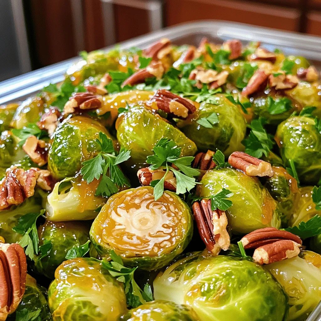 - 1 pound Brussels sprouts - 3 tablespoons olive oil - 1/4 cup pure maple syrup - 1 teaspoon garlic powder - 1 teaspoon onion powder - 1/2 teaspoon salt - 1/4 teaspoon black pepper - 1/4 cup chopped pecans - Fresh parsley for garnish To make Maple Glazed Brussels Sprouts, gather the main ingredients first. You need fresh Brussels sprouts, olive oil, and pure maple syrup. The maple syrup gives the sprouts a sweet glaze that pairs well with their natural flavor. Next, I recommend adding seasonings to enhance the taste. Garlic powder and onion powder bring out a savory note. Salt and black pepper add just the right amount of flavor without overpowering the dish. If you want to take it up a notch, consider adding chopped pecans. They add crunch and a nutty flavor. Fresh parsley makes a beautiful garnish. It adds color and freshness to your dish. For the full recipe, check out the section on step-by-step instructions. Happy cooking! Set your oven temperature to 400°F (200°C). This heat will help the sprouts get crispy. Trim the ends of the sprouts and slice them in half. In a large bowl, add the halved Brussels sprouts. Pour in 3 tablespoons of olive oil and 1/4 cup of pure maple syrup. Then, add 1 teaspoon of garlic powder, 1 teaspoon of onion powder, 1/2 teaspoon of salt, and 1/4 teaspoon of black pepper. Toss everything together until the sprouts are well coated. Spread the Brussels sprouts in a single layer on a baking sheet. Make sure they are not crowded. This helps them roast better. Place the baking sheet in your preheated oven. Roast for 20-25 minutes. Stir the sprouts halfway through to ensure even cooking. If you want extra crunch, add 1/4 cup of chopped pecans for the last 5 minutes. Once they are tender and caramelized, take them out. Enjoy these delicious maple glazed Brussels sprouts as a savory side dish! For the complete recipe, check [Full Recipe]. To get that beautiful caramelization on your Brussels sprouts, keep space in mind. When you lay out the sprouts, give them room. If they are too close, they will steam instead of roast. This means less flavor and texture. Aim for a single layer on your baking sheet. This way, hot air can reach all parts of the sprouts. If you run out of maple syrup, don’t worry! Honey or agave syrup works well too. Both options add sweetness and flavor. For olive oil, you can use avocado oil or melted coconut oil. These oils can enhance the taste while keeping the dish healthy. Just remember that each option brings its own unique flavor. Maple glazed Brussels sprouts make a great side dish. They pair well with roasted chicken, turkey, or pork. You can also serve them with quinoa or brown rice for a complete meal. For presentation, sprinkle some chopped pecans on top. Add fresh parsley to brighten the dish. This will make it not only delicious but beautiful too. For the full recipe, check out the link. {{image_2}} You can add crispy bacon bits to this dish for more flavor. The salty taste of bacon pairs perfectly with the sweet maple glaze. To make this variation, cook your bacon until crispy. Then, chop it into small pieces. Add the bacon to the Brussels sprouts just before serving. This gives your dish a nice crunch and a smoky taste. If you want a vegan option, you can use agave syrup instead of maple syrup. Agave syrup is a great substitute and keeps the sweetness you love. Simply replace the maple syrup with the same amount of agave syrup in the recipe. This way, you can enjoy the dish while sticking to a plant-based diet. For a nut-free version, leave out the pecans. Instead, you can add seeds like sunflower or pumpkin seeds. These seeds add crunch and healthy fats. Just sprinkle them on top of the Brussels sprouts before serving. This keeps the dish safe for those with nut allergies while adding a fun twist. You can find the full recipe [here](#). After you enjoy your maple glazed Brussels sprouts, you may have some leftovers. To store them, let the sprouts cool completely. Place them in an airtight container. They will stay fresh for up to three days in the fridge. This keeps the texture and flavor intact. If you want to keep them longer, freezing is a great option. When it’s time to eat your leftovers, you want them to taste great. The best way to reheat Brussels sprouts is in the oven. Preheat your oven to 350°F (175°C). Spread the sprouts on a baking sheet. Heat them for about 10-15 minutes. This helps bring back their crispiness. You can also use a microwave, but they might get soft. If you choose the microwave, heat for 1-2 minutes. If you want to freeze your maple glazed Brussels sprouts, it’s easy. First, let them cool completely. Then, place the sprouts in a freezer-safe bag. Remove as much air as possible before sealing. They can last for up to three months in the freezer. To thaw, move the bag to the fridge overnight. Reheat them as mentioned for the best taste. Enjoy your delicious meal later! For the complete recipe, check out the Full Recipe section. Roast Brussels sprouts for 20 to 25 minutes at 400°F (200°C). This time helps them get tender and caramelized. I usually stir them halfway through to ensure even cooking. Yes, you can use frozen Brussels sprouts. However, they may lose some texture and flavor. I recommend thawing them first. This helps them crisp up better in the oven. You can add many things to enhance the dish. Some great options include: - Crumbled bacon for a savory crunch - Sliced almonds for a nutty bite - Dried cranberries for a sweet touch - Lemon zest for a fresh kick These ingredients can bring new flavors and textures to the dish. This recipe is great for meal prep. You can prepare the Brussels sprouts a day in advance. Just store them in the fridge after mixing with the glaze. When you're ready, roast them fresh for a quick side dish. Enjoy warm for the best taste. For the full recipe, check the main section. This blog post showed you how to make delicious maple glazed Brussels sprouts. We covered the ingredients, roasting steps, and valuable tips for success. You learned about variations like adding bacon or making it vegan. Storing and reheating tips help keep your dish fresh. Whether you are enjoying a meal or prepping for the week, this recipe is simple and tasty. I hope you try it soon for a healthy feast or a side. Happy cooking!