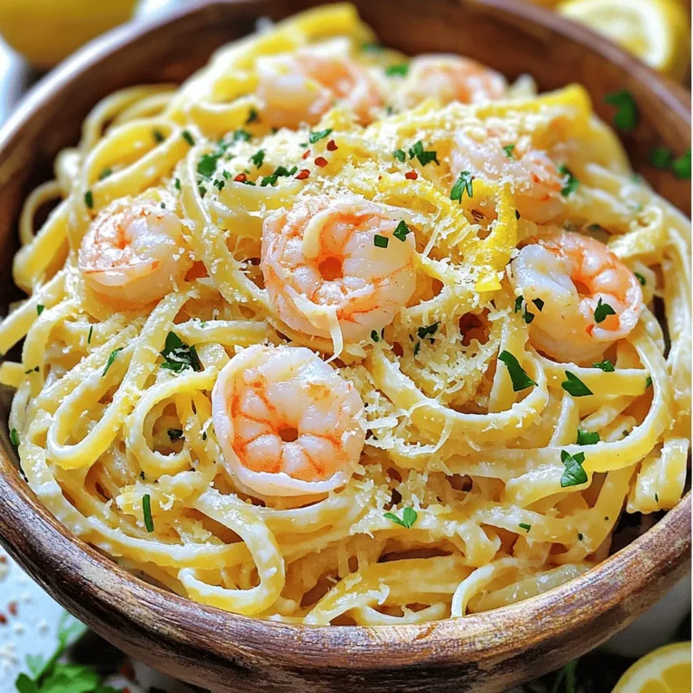 - 8 oz linguine pasta - 1 lb large shrimp, peeled and deveined - 4 cloves garlic, minced - 3 tablespoons olive oil - Zest and juice of 1 lemon - 1/2 teaspoon red pepper flakes - 1/4 cup fresh parsley, chopped - Salt and black pepper to taste - 1/4 cup grated Parmesan cheese (optional) When making Lemon Garlic Shrimp Pasta, having the right ingredients matters. Each item contributes to the flavor and texture. You can swap linguine for spaghetti or fettuccine if needed. For shrimp, use medium or small shrimp. If you want a lemon alternative, try lime or vinegar. Each change can add a new twist to this dish. You will need a large pot for boiling pasta. A large skillet is great for sautéing shrimp. Also, have a colander to drain the pasta. You should have a spatula or tongs for mixing and serving. Using the right tools makes cooking easier. You’ll find it helps you create a perfect meal. For the full recipe, check the complete instructions provided. To start, fill a large pot with water and add a pinch of salt. Bring it to a boil. While the water heats, grab 8 oz of linguine pasta. Once boiling, add the pasta. Cook it according to the package instructions until it's al dente, which means it should still be firm. This usually takes around 8-10 minutes. While cooking, remember to reserve some pasta water. It helps later if your dish needs moisture. Set aside about 1 cup before you drain the pasta. This step is key for a creamy sauce. Now, let’s move to the shrimp. In a large skillet, heat 3 tablespoons of olive oil over medium heat. Once the oil is hot, add 4 cloves of minced garlic and 1/2 teaspoon of red pepper flakes. Cook for about 1 minute. You want the garlic fragrant but not brown, as burnt garlic can taste bitter. Next, add 1 lb of large shrimp that are peeled and deveined. Season with salt and black pepper. Cook the shrimp for 2-3 minutes. They should turn pink and opaque. Stir them occasionally to cook evenly. This timing is essential for perfect doneness. With the shrimp ready, it's time to combine everything. Add the cooked linguine to the skillet with the shrimp. Pour in the zest and juice of 1 lemon. Toss everything together to mix the flavors. If it feels dry, use the reserved pasta water. Add it slowly, a little at a time, until you reach your desired texture. This technique helps create a silky sauce that clings to the pasta. Mix well and enjoy the beautiful aroma. This dish is all about balance, and the pasta water makes it just right. To make Lemon Garlic Shrimp Pasta shine, balance the lemon and garlic. Use fresh lemon juice and zest for a bright taste. The garlic should be fragrant but not burnt. You want a nice blend that tastes fresh and lively. To season the shrimp, use salt and black pepper. A sprinkle of red pepper flakes adds warmth. Adjust the amount based on your spice preference. Pair this dish with a simple green salad. A light arugula salad works well with the pasta. You can also serve garlic bread on the side. For presentation, use a big white plate. Twirl the pasta in the center and add shrimp on top. Sprinkle fresh parsley over the dish for color. A lemon wedge on the side looks nice and adds extra flavor. One big mistake is overcooking the shrimp. They cook fast, usually in just 2-3 minutes. Check for a pink color and an opaque look. Another mistake is skipping steps in the recipe. Each step builds flavor and texture. Make sure to reserve some pasta water to help mix everything. Following the Full Recipe closely will help you avoid these slips. {{image_2}} You can boost your Lemon Garlic Shrimp Pasta by adding vegetables. Spinach and cherry tomatoes work great. To add spinach, toss it in the skillet just before the shrimp cooks fully. This way, it wilts nicely without losing its color. For cherry tomatoes, add them with the shrimp. They burst and add a sweet flavor. Use seasonal veggies like zucchini in summer or butternut squash in fall. Just make sure to cook them until tender. If you want to switch up the protein, try chicken or tofu. For chicken, cut it into bite-sized pieces and sauté it until golden. It takes about 5-7 minutes to cook through. If you prefer tofu, use firm or extra-firm tofu. Cube it and sauté until it’s crispy on the outside. This recipe adapts well to many diets. You can even use a mix of proteins based on what you like. Adding new flavors is fun! Try fresh herbs like basil or dill to change the taste. You can also swap in spices such as paprika or cumin. For a twist, use lime juice instead of lemon. This adds a nice zing. You can even mix in a splash of white wine while cooking the shrimp for added depth. Experiment with different ingredients to discover your perfect version of this dish. To store leftover Lemon Garlic Shrimp Pasta, place it in an airtight container. Make sure it is cooled down before sealing. This helps keep the pasta fresh. I recommend using glass containers for easy monitoring. Store it in the fridge and eat it within three days for the best taste. Can you freeze Lemon Garlic Shrimp Pasta? Yes, you can! To freeze it, let the pasta cool completely. Then, divide it into portions and place it in freezer bags. Remove excess air before sealing. Label the bags with the date. When reheating, thaw it overnight in the fridge. Heat it in a pan with a splash of water to restore moisture. How long can leftovers last in the fridge? They can stay fresh for about three days. After that, the quality may drop. Look for signs of spoilage, like an off smell or change in color. If you see these signs, it’s best to toss the dish. I recommend using large shrimp that are peeled and deveined. Look for fresh shrimp if possible. Frozen shrimp works too; just thaw them before cooking. Choose shrimp that are firm and have a slight ocean scent. This ensures the best flavor and texture in your dish. Yes, you can make this dish gluten-free. Use gluten-free pasta instead of regular linguine. There are many good options available, like rice or chickpea pasta. Just follow the cooking instructions on the package. The rest of the ingredients are gluten-free, so you can enjoy this meal without worry. To adjust the spice, change the amount of red pepper flakes. If you want it mild, use less or skip it. For more heat, add a pinch more flakes. You can also add fresh chili peppers for extra spice. Taste as you go, and find the level that suits you best. You can prepare some parts of this dish in advance. Cook the pasta and store it in the fridge. Sauté the shrimp and garlic just before serving for the best flavor. If you mix everything too early, the pasta can get soggy. Keep the separate components in airtight containers for freshness. To make homemade pasta, you’ll need flour, eggs, and a pinch of salt. Mix them to form a dough. Knead the dough for about 10 minutes until smooth. Roll it out thinly and cut it into your desired shape. Allow it to dry slightly before cooking. Fresh pasta cooks faster than dried, so watch it closely. You can find the Full Recipe for Lemon Garlic Shrimp Pasta in the article above. It includes all the steps you need to make this tasty dish. This blog post guided you through making a delicious Lemon Garlic Shrimp Pasta. We covered essential ingredients, cooking tools, and easy steps to create the dish. You learned how to perfect flavors and avoid common mistakes. Plus, you explored variations to suit your taste and storage tips for leftovers. With this knowledge, you can confidently prepare a delightful meal any time. Enjoy experimenting and sharing this dish with others. Happy cooking!
