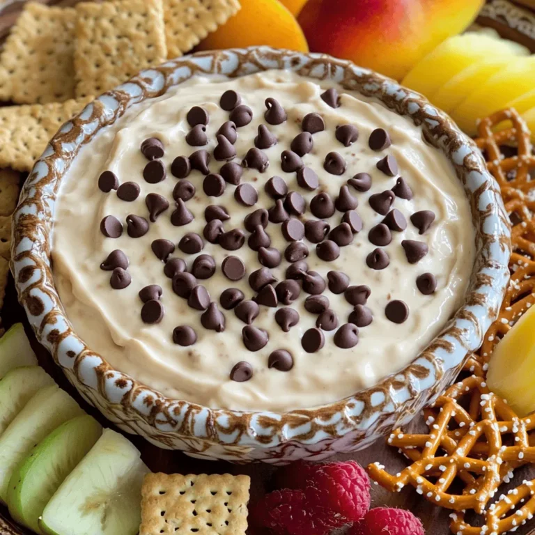 To make Chocolate Chip Cheesecake Dip, gather these simple ingredients: - 8 oz cream cheese, softened - 1 cup powdered sugar - 1 tsp vanilla extract - ½ cup sour cream - ½ cup mini chocolate chips - 1 cup whipped topping (like Cool Whip) - Graham crackers, fruit, or pretzels for dipping Each ingredient plays a key role in creating a creamy, sweet dip. The cream cheese gives it a rich base. The powdered sugar adds sweetness, while the vanilla extract brings warmth. Sour cream adds a slight tang, balancing the flavors. Mini chocolate chips bring that chocolatey goodness we all love. Finally, whipped topping lightens the texture, making it fluffy. You can serve this dip with graham crackers, fresh fruit, or pretzels. These options add fun and flavor. Try different dippers to find your favorite combination. For the full recipe, check out the detailed steps. - Step 1: Beat the cream cheese until smooth and creamy. Use an electric mixer for best results. This step sets the base for our dip, so make sure there are no lumps. - Step 2: Gradually mix in the powdered sugar. Add it slowly while mixing. This keeps your dip sweet and fluffy. - Step 3: Add vanilla extract and sour cream. Mix them in well. The vanilla brings warmth, and the sour cream adds a nice tang. - Step 4: Fold in chocolate chips and whipped topping. Do this gently. You want to keep the light texture but spread those tasty chocolate chips throughout. - Step 5: Chill the dip and prepare for serving. Transfer it to a bowl and cover it. Chill for at least 30 minutes. This lets the flavors blend together. You can find the full recipe [here](#). Best dippers for the cheesecake dip I love using Graham crackers, fresh fruit, or pretzels as dippers. They each add a fun taste and texture. Graham crackers bring a nice crunch, while fruit adds a fresh flavor. Pretzels offer a salty twist that pairs well with the sweet dip. Creative ways to present the dip For a stunning presentation, serve the dip in a colorful bowl. Sprinkle extra mini chocolate chips on top for flair. Arrange your dippers in a circle around the bowl to make it look inviting. This will make your guests want to dive right in! Tips for achieving the perfect consistency To make sure your dip is creamy, beat the cream cheese well. Mix it until it’s smooth with no lumps. If you want it fluffier, fold in the whipped topping gently. Chill the dip for at least 30 minutes. This helps all the flavors blend and makes it easier to scoop. Flavor variations You can get creative with flavors! Try adding a scoop of peanut butter for a nutty twist. You could also mix in some caramel or even espresso powder. Each change gives the dip a fun new taste. Substitutions for dietary preferences If you have dietary needs, don’t worry! You can swap out regular cream cheese for dairy-free options. Use coconut cream or a nut-based cream cheese. These substitutes keep the dip rich and tasty while meeting your dietary needs. For the full recipe, check out the section above and get started on this delightful chocolate chip cheesecake dip! {{image_2}} You can change up your chocolate chip cheesecake dip to fit any theme. For the holidays, try adding peppermint for a festive twist. Just mix in some crushed candy canes. You will have a fun holiday treat that everyone will love. In summer, you can add fresh fruit. Strawberries or blueberries work great. Just fold them in gently. This gives a burst of flavor and color to your dip. It’s perfect for summer parties or picnics. For a new taste, consider making a chocolate mint cheesecake dip. Simply add mint extract to the mix. The mint pairs well with the chocolate and gives a refreshing kick. Another great option is the white chocolate raspberry cheesecake dip. Replace the mini chocolate chips with white chocolate chips. Then, swirl in some raspberry puree. This will create a lovely pink color and a sweet, tangy flavor. These variations keep things exciting. Each version brings its unique flair to the table. You can find the full recipe for the base dip and explore these variations to impress your friends and family. To keep your Chocolate Chip Cheesecake Dip fresh, use an airtight container. Glass or plastic containers work well. Make sure the lid seals tightly to keep air out. Store the dip in the fridge for up to five days. This helps maintain its creamy texture and flavor. This dip is best served cold. If you need to refresh it after storage, stir it gently. You can also add a bit of whipped topping to lighten it up. If the dip seems too thick, mix in a splash of cream or milk. This will bring back its smooth consistency. Always serve with your favorite dippers like Graham crackers, fruit, or pretzels. Can I make Chocolate Chip Cheesecake Dip in advance? Yes, you can make this dip ahead of time. Prepare it and chill it in the fridge. It tastes even better after the flavors mix overnight. What other dippers can I use? You can use many fun options! Try fresh fruit like strawberries or apple slices. Graham crackers and pretzels are also great choices. Be creative and mix it up! Is it possible to freeze Chocolate Chip Cheesecake Dip? Yes, you can freeze the dip. Place it in an airtight container. When ready to eat, let it thaw in the fridge overnight. How long is leftover dip good for in the fridge? Leftover dip lasts about 3-5 days in the fridge. Make sure to cover it well to keep it fresh. What can I use instead of whipped topping? You can use heavy cream or coconut whipped cream as substitutes. They will give a similar light texture. Can I adjust the sweetness level? Absolutely! You can add more or less powdered sugar based on your taste. Just mix it in gradually. What happens if I skip the sour cream? If you skip the sour cream, the dip may be less creamy. You could add extra cream cheese or a little milk to balance it out. How to make it creamier or thicker? To make the dip creamier, mix in more whipped topping or cream cheese. For a thicker dip, add less whipped topping. Adjust until you reach your desired texture. This blog post covered how to make a tasty Chocolate Chip Cheesecake Dip. You learned about the simple ingredients and step-by-step instructions to create it. We also shared tips for serving and customizing the dip for different flavors. Storing the dip and answering common questions ensures it stays fresh and delicious. Now you can impress friends and family with this fun dessert. Enjoy your tasty treat!