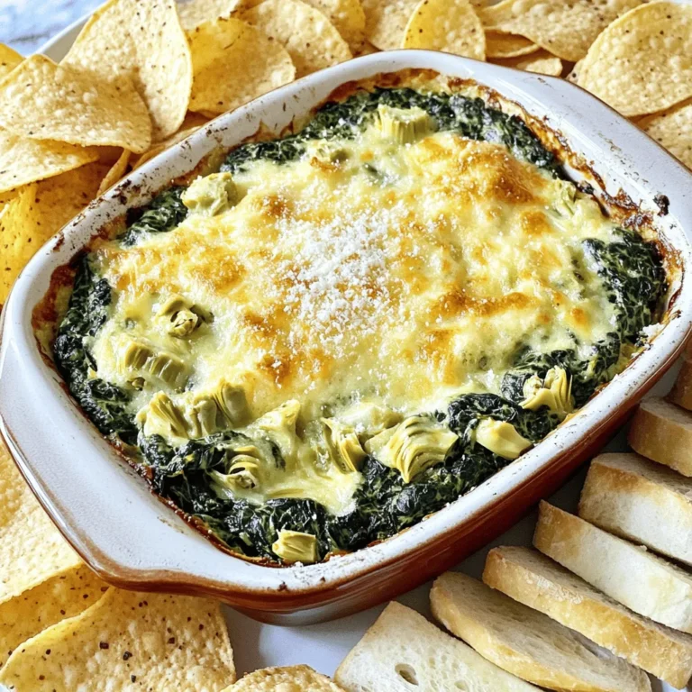 To make this baked spinach artichoke dip, you need a few key ingredients. Here’s what you will use: - 1 cup frozen spinach, thawed and drained - 1 cup canned artichoke hearts, drained and chopped - 1 cup cream cheese, softened - 1 cup sour cream - 1 cup shredded mozzarella cheese - ½ cup grated Parmesan cheese - 2 cloves garlic, minced - 1 teaspoon onion powder - ½ teaspoon crushed red pepper flakes (optional) - Salt and pepper to taste - Tortilla chips or sliced baguette for serving This combination gives the dip its creamy texture and rich flavor. Spinach and artichokes are the stars of the show, while the cheeses add melty goodness. The garlic and onion powder bring a savory touch. If you like heat, the red pepper flakes are a great choice. You can tweak the recipe to fit your taste. For example, try adding different cheeses or herbs. Fresh basil or thyme can add a lovely twist. Remember, the goal is a dip that everyone will enjoy. For the full recipe, check out Baked Spinach Artichoke Delight. 1. Preheat Oven and Prepare Baking Dish Start by preheating your oven to 375°F (190°C). This ensures even cooking. While the oven warms up, grab a baking dish. Grease it lightly with oil or butter. 2. Mix Cream Cheese and Sour Cream In a large mixing bowl, combine 1 cup of softened cream cheese and 1 cup of sour cream. Use a spatula or mixer to blend them until smooth. This mixture forms the base of your dip. 3. Incorporate Vegetables and Cheese Now, fold in the good stuff! Add 1 cup of chopped artichoke hearts and 1 cup of thawed, drained spinach. Toss in 1 cup of shredded mozzarella cheese and ½ cup of grated Parmesan cheese. Don’t forget 2 minced garlic cloves, 1 teaspoon of onion powder, and a pinch of salt and pepper. If you like a kick, add ½ teaspoon of crushed red pepper flakes. Mix everything well until it's evenly combined. 1. Transfer Mixture to Dish Once mixed, transfer the creamy mixture to the greased baking dish. Spread it out evenly with a spatula. This helps it cook uniformly. 2. Baking Time and Temperature Place the dish in the preheated oven. Bake for about 25 to 30 minutes. Look for a golden, bubbly top. This means it’s ready! 1. Presentation Ideas To serve, let the dip cool for a few minutes. It’s best warm. Arrange tortilla chips or sliced baguette around the dip for a lovely display. You can also sprinkle a bit of extra Parmesan or fresh parsley on top for color. 2. Best Accompaniments for Serving Serve this dip with tortilla chips for a crunchy contrast. Sliced baguette also works great. You can even use veggies like carrot sticks or celery for a fresh touch. Enjoy your creamy and flavorful dip! To make your dip extra creamy, try different cheese options. Cream cheese and sour cream give a great base. You can also add cream or ricotta for more creaminess. If you love bold flavors, use a sharper cheese, like aged cheddar. Mixing cheeses brings depth to your dip. When it comes to seasonings, don’t hold back! Taste as you mix. You might want more garlic or a pinch of salt. If you love heat, add more crushed red pepper flakes. Adjust the flavors until it feels just right for you. One common mistake is not draining the spinach and artichokes well. If they’re too wet, your dip will be runny. Always squeeze out extra moisture after thawing the spinach. For artichokes, chop them finely after draining. This helps blend their flavor into the dip. Another mistake is uneven baking. Make sure to spread the dip evenly in your dish. This helps it cook evenly, giving you that golden, bubbly top. Check it halfway through baking. If one side looks browner, you can rotate the dish for even cooking. {{image_2}} When it comes to baked spinach artichoke dip, the fun does not stop at the classic recipe. You can mix things up with variations that fit different needs and tastes. Mini baked spinach artichoke bites are a great choice for parties. You can use phyllo dough or small pastry cups to create these bite-sized treats. Just follow the full recipe, but instead of a large dish, spoon the mix into the mini cups. Bake until golden and serve warm. These bites are easy to grab and are always a hit! If you want a lighter dip, try a low-fat version. Substitute Greek yogurt for sour cream. This swap makes the dip creamy but cuts some fat. You get added protein, too. Another option is a vegan spinach artichoke dip. Use cashews or silken tofu as a base. Blend them with nutritional yeast for a cheesy flavor. Add your spinach and artichokes just like the classic recipe. This version is great for those who avoid dairy. Choosing any of these variations keeps the fun alive while staying true to the flavors we all love! To keep your baked spinach artichoke dip fresh, follow these simple steps: - Refrigeration Guidelines: Allow the dip to cool first. Then, transfer it to an airtight container. Store it in the fridge for up to three days. This keeps the flavors intact and ready for your next snack. - Freezing Instructions: If you want to save it longer, you can freeze the dip. Use a freezer-safe container or a resealable bag. It can last up to three months in the freezer. Just remember to label it with the date, so you know when to use it. When it’s time to enjoy your leftovers, reheating is key. Here’s how to do it right: - Best Methods for Reheating: The oven is your best friend. Preheat it to 350°F (175°C). Place your dip in an oven-safe dish. Heat it for about 15-20 minutes, or until warmed through. You can also use a microwave. Heat in short bursts, stirring in between. This helps heat evenly without cooking the dip more. - Keeping the Dip Creamy: To avoid a dry dip, add a splash of cream or milk when reheating. This helps keep it creamy and smooth. Stir well after adding any liquid to blend it in. Enjoy your dip just as delicious as when it was fresh! Baked spinach artichoke dip can last for about 3 to 5 days in the fridge. Make sure to store it in an airtight container. If you want to save it for longer, you can freeze it. In the freezer, it lasts for about 2 to 3 months. Just remember to thaw it overnight in the fridge before reheating. Yes, you can prepare this dip ahead of time. Mix all the ingredients and place them in your baking dish. Cover it and store it in the fridge. When you’re ready to serve, just bake it directly. It may need a few extra minutes in the oven to heat through. You can serve this dip with many tasty options. Here are a few ideas: - Tortilla chips - Sliced baguette - Fresh veggies like carrots and celery - Pita chips - Crackers These pairings will make your dip experience even better. For more ideas, check the full recipe. Baked spinach artichoke dip is easy to make and taste great. You learned the ingredients, from spinach to cheese. The steps, from mixing to baking, are simple and clear. Tips help you avoid mistakes and enhance flavor. Variations provide options for everyone, including healthier choices. Prepare your dish and enjoy it with family and friends. Keep leftovers fresh with proper storage. This dip is perfect for any gathering. Enjoy your cooking!